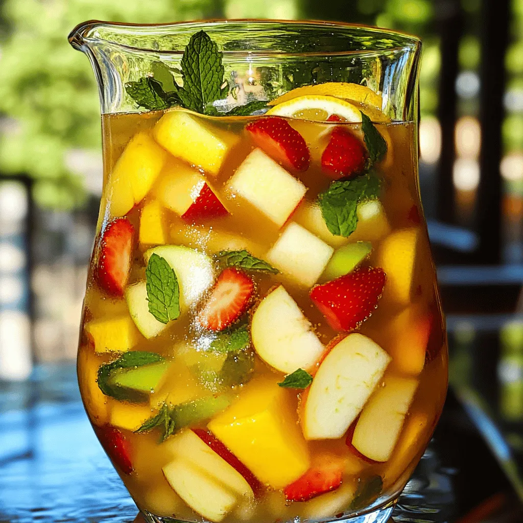 Für eine leckere weiße Sangria benötigst du folgende Hauptzutaten: - 720 ml sprudelnder weißer Traubensaft - 240 ml frisch gepresster Orangensaft - 120 ml Limonade mit Zitronen- und Limettengeschmack - 150 g gewürfelte Pfirsiche - 150 g Erdbeeren, in Scheiben geschnitten - 1 grüner Apfel, gewürfelt - 125 g frische Minzblätter, grob gehackt - 1 Zitrone, in dünne Scheiben geschnitten - 1 Limette, in dünne Scheiben geschnitten - Eiswürfel Diese Zutaten machen deine Sangria fruchtig und erfrischend. Sie bringen Farbe und Geschmack in dein Glas. Der Wein ist wichtig für den Geschmack. Wähle einen trockenen, fruchtigen Weißwein. Ein guter Sauvignon Blanc oder Pinot Grigio passt gut. Diese Weine haben frische Aromen, die die Früchte ergänzen. Sie sollten nicht zu süß sein, da die Sangria sonst zu klebrig wird. Du kannst viele Früchte in deine Sangria geben. Probiere Ananas, Kiwi oder Himbeeren. Diese Früchte bringen Abwechslung und neue Geschmäcker. Auch Kräuter wie Basilikum oder Rosmarin sind gute Optionen. Sie verleihen der Sangria einen besonderen Twist. Die Möglichkeiten sind fast unbegrenzt! Um eine fruchtige weiße Sangria zu machen, folge diesen einfachen Schritten: 1. Nimm einen großen Krug. Gieße 720 ml sprudelnden weißen Traubensaft hinein. 2. Füge 240 ml frisch gepressten Orangensaft hinzu. Rühre sanft, sodass sich die Säfte gut vermischen. 3. Jetzt kommen die frischen Früchte. Gib 150 g gewürfelte Pfirsiche, 150 g Erdbeeren und 1 gewürfelten grünen Apfel dazu. 4. Die Aromen werden noch besser mit 125 g grob gehackten frischen Minzblättern. 5. Um zusätzliche Frische hinzuzufügen, schneide 1 Zitrone und 1 Limette in dünne Scheiben. Füge sie in den Krug. 6. Decke den Krug ab und stelle ihn für mindestens 1 Stunde in den Kühlschrank. So können sich die Aromen entfalten. 7. Kurz vor dem Servieren, gebe 120 ml Limonade oder sprudelndes Wasser dazu. Rühre vorsichtig um, damit die Sprudel-Eigenschaft bleibt. 8. Serviere die Sangria in Gläsern mit Eiswürfeln. Garniere sie mit extra Minzblättern und Fruchtscheiben. - Nutze frische Früchte für den besten Geschmack. Tiefgefrorene Früchte sind eine gute Alternative. - Experimentiere mit verschiedenen Fruchtsäften. Du kannst auch Ananas- oder Grapefruitsaft probieren. - Bereite die Sangria am besten einen Tag vorher zu. So schmeckt sie noch besser. Kühle die Sangria immer gut. Eine kühle Sangria schmeckt erfrischender. Stelle sicher, dass der Krug abgedeckt ist, um den Geschmack zu bewahren. Wenn du es eilig hast, kannst du Eiswürfel direkt in die Gläser geben. So bleibt das Getränk kühl, ohne die Aromen zu verwässern. Um den Geschmack Ihrer weißen Sangria zu verbessern, verwenden Sie frische Zutaten. Diese bringen den besten Geschmack. Wählen Sie reife Früchte. Pfirsiche, Erdbeeren und Äpfel sind großartige Optionen. Achten Sie darauf, frischen Orangensaft zu nutzen. Er hebt den Geschmack stark an. Verwenden Sie auch frische Minze für einen tollen Duft. Lassen Sie die Sangria vor dem Servieren mindestens eine Stunde kühlen. So verbinden sich die Aromen besser. Ein häufiger Fehler ist, die Sangria nicht genug zu kühlen. Kälte verstärkt den fruchtigen Geschmack. Ein anderer Fehler ist zu viel Zucker. Dies kann den Geschmack überladen. Verwenden Sie stattdessen süße Früchte. Vergessen Sie nicht, die Limonade kurz vor dem Servieren hinzuzufügen. So bleibt die Spritzigkeit erhalten. Mischen Sie die Zutaten nicht zu stark, damit die Früchte ganz bleiben. Servieren Sie die Sangria in großen Gläsern mit viel Eis. Fügen Sie ein paar Minzblätter als Dekoration hinzu. Das sieht gut aus und bringt Frische. Für einen extra Kick können Sie Sekt hinzufügen. Dies verleiht Ihrer Sangria eine prickelnde Note. Kombinieren Sie die Sangria mit leichten Snacks. Tapas oder frische Salate passen gut. Probieren Sie auch, die Sangria mit einem leichten Dessert zu servieren. So wird Ihr Abend perfekt. {{image_4}} Du kannst die weiße Sangria leicht an die Jahreszeiten anpassen. Im Frühling sind Erdbeeren und Pfirsiche frisch und lecker. Im Sommer verwende Wassermelone und Ananas für eine tropische Note. Der Herbst bringt Äpfel und Birnen, die einen warmen Geschmack bieten. Im Winter kannst du Zitrusfrüchte wie Blutorangen oder Grapefruits nutzen. Jede Saison bringt neue Farben und Geschmäcker in dein Getränk. Wenn du deinen Drink süßer magst, probiere Honig oder Agavendicksaft. Diese geben der Sangria eine feine Süße. Für etwas mehr Spritzigkeit kannst du auch Ginger Ale oder Tonic Water hinzufügen. Diese Optionen machen deine Sangria noch erfrischender und aufregender. Achte darauf, die Süße nach deinem Geschmack anzupassen. Eine alkoholfreie Sangria ist einfach zu machen! Ersetze den Weißwein durch mehr Traubensaft oder einen sprudelnden Traubensaft. Der Geschmack bleibt fruchtig und lecker. Du kannst auch kohlensäurehaltiges Wasser verwenden, um die Spritzigkeit zu erhalten. Vergiss nicht, die frischen Früchte und Minze hinzuzufügen, um den Geschmack zu verstärken. So genießen alle, auch die, die keinen Alkohol trinken. Für das volle Erlebnis empfehle ich das Rezept, das hier zu finden ist: [Full Recipe]. Um die weiße Sangria frisch zu halten, lagere sie im Kühlschrank. Verwende einen luftdichten Behälter, um die Aromen zu bewahren. Gut gekühlt bleibt sie bis zu drei Tage genießbar. Nach dieser Zeit kann der Geschmack fade werden. Falls du Reste hast, kannst du sie leicht auffrischen. Füge frische Früchte und einen Spritzer Zitrone hinzu. Das bringt neuen Schwung in das Getränk. Wenn die Sangria weniger spritzig schmeckt, gib etwas frische Limonade dazu. Die Reste deiner Sangria sind vielseitig. Du kannst sie in Desserts verwenden, wie in Sorbets oder Gelees. Auch in Saucen für Fleischgerichte macht sie sich gut. Experimentiere und finde neue Rezepte, die deinen Resten ein neues Leben geben! Der beste Wein für weiße Sangria ist ein trockener, frischer Weißwein. Ich empfehle, Sauvignon Blanc oder Pinot Grigio zu wählen. Diese Weine passen gut zu den fruchtigen Aromen. Sie bringen eine schöne Balance und sind leicht. Vermeide süße Weine, da sie die Sangria zu schwer machen. Ja, du kannst andere Früchte verwenden! Lass deiner Kreativität freien Lauf. Äpfel, Ananas oder sogar Trauben passen gut. Du kannst auch Beeren wie Himbeeren oder Brombeeren hinzufügen. Diese Früchte bringen zusätzliche Farben und Aromen in die Sangria. Denke daran, die Früchte frisch und reif zu wählen. Du kannst die Sangria bis zu 24 Stunden im Voraus zubereiten. Stelle sicher, dass du die Limonade erst kurz vor dem Servieren hinzufügst. So bleibt die Spritzigkeit erhalten. Wenn du sie länger lagerst, verlieren die Früchte ihren frischen Biss. Die Aromen werden jedoch intensiver und köstlicher. In diesem Artikel haben wir die Zutaten für die Weiße Sangria besprochen. Der richtige Weißwein ist wichtig. Frische Früchte und Aromen machen das Getränk bunt und lecker. Wir haben ein einfaches Rezept für fruchtige Weiße Sangria Fizz vorgestellt und Tipps zur Zubereitung gegeben. Vermeiden Sie häufige Fehler, um den besten Geschmack zu erreichen. Denken Sie auch an Variationen und Aufbewahrungstips, um das Beste aus Ihrer Sangria herauszuholen. Experimentieren Sie mit verschiedenen Zutaten und genießen Sie Ihre Kreation!