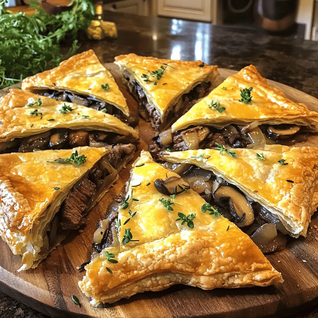 - 500 g Rindersteak, gewürfelt - 200 g Champignons, in Scheiben geschnitten - 1 große Zwiebel, gewürfelt - 150 g Gruyère-Käse, gerieben