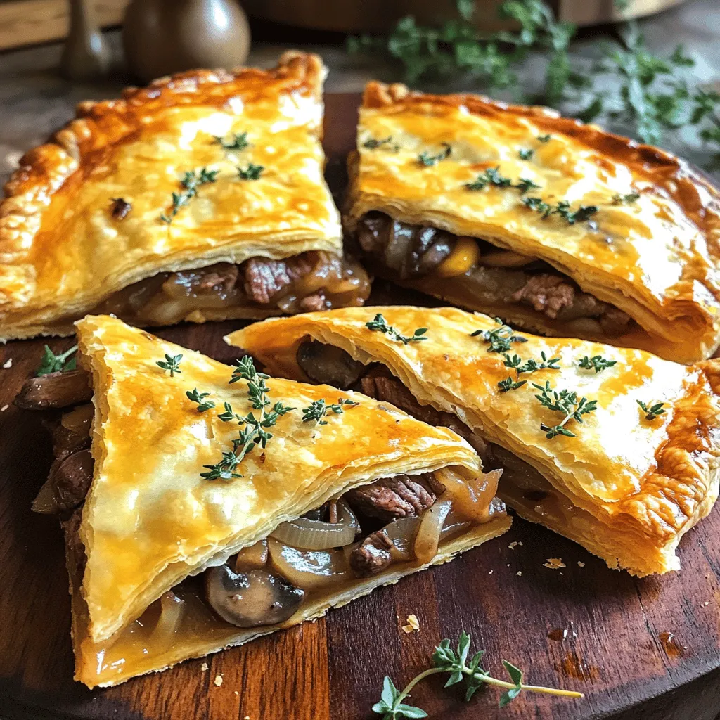 - 500 g Rindersteak, gewürfelt - 200 g Champignons, in Scheiben geschnitten - 1 große Zwiebel, gewürfelt - 150 g Gruyère-Käse, gerieben