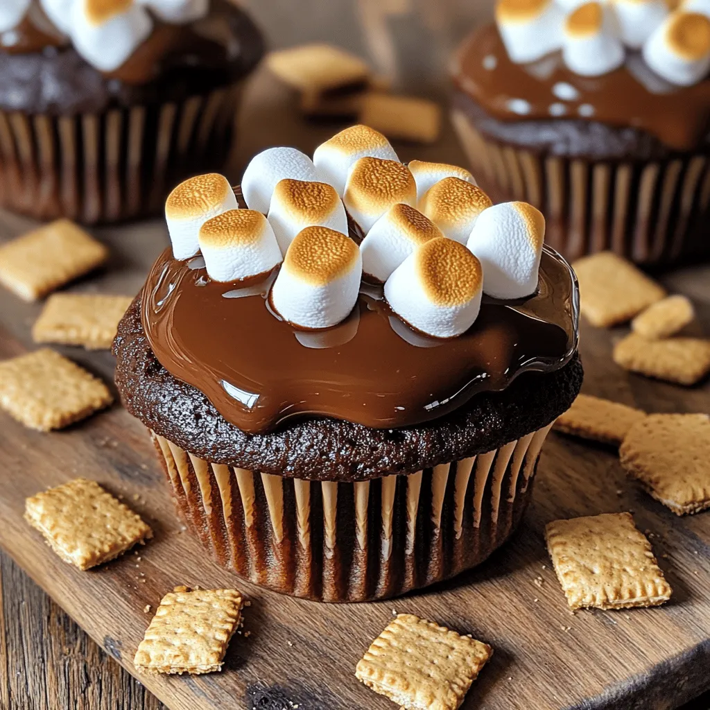 Um leckere S'mores Cupcakes zu machen, brauchst du folgende Zutaten: - 1 Tasse Mehl - 1 Tasse Graham-Cracker-Brösel - 1/2 Tasse ungesüßtes Kakaopulver - 1 Teelöffel Backpulver - 1/2 Teelöffel Natron - 1/4 Teelöffel Salz - 1/2 Tasse ungesalzene Butter, weich - 1 Tasse Zucker - 2 große Eier - 1 Teelöffel Vanilleextrakt - 1 Tasse Milch - 1/2 Tasse Mini-Marshmallows - 1/2 Tasse Schokoladenstückchen - 1/2 Tasse Mini-Marshmallows für das Topping - 1/4 Tasse Schokoladensauce zum Beträufeln