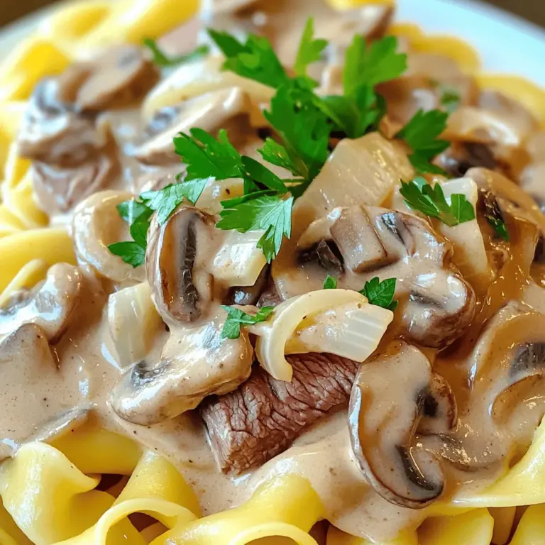 Für ein leckeres Beef Stroganoff brauchst du einige wichtige Zutaten. Hier sind sie: - 500 g Rinderfilet, dünn geschnitten - 230 g Pilze, geschnitten (Cremini oder Champignons) - 1 mittelgroße Zwiebel, fein gehackt - 2 Knoblauchzehen, gehackt - 1 Esslöffel Olivenöl - 1 Esslöffel Butter - 240 ml Rinderbrühe - 1 Esslöffel Worcestershire-Sauce - 240 g saure Sahne - 2 Teelöffel Dijon-Senf - Salz und Pfeffer nach Geschmack - 1 Esslöffel frische Petersilie, gehackt (zum Garnieren) - 230 g Eiernudeln oder Pasta nach Wahl Diese Zutaten machen dein Gericht herzhaft und voll im Geschmack. Manchmal brauchst du eine kleine Abwechslung. Hier sind einige optionale Zutaten, die du verwenden kannst: - Paprika für mehr Farbe - Senf anstelle von Dijon-Senf - Gemüsebrühe statt Rinderbrühe für eine vegetarische Version - Frische Kräuter wie Thymian oder Rosmarin Wenn du keine Eiernudeln magst, kannst du auch Reis oder Quinoa verwenden. Frische Zutaten machen einen großen Unterschied. Hier sind einige Tipps, um die besten Zutaten auszuwählen: - Wähle Rinderfilet mit einer tiefen roten Farbe. - Achte darauf, dass die Pilze fest und trocken sind. - Die Zwiebel sollte keine Flecken oder Druckstellen haben. - Wähle frische Kräuter, die grün und duftend sind. Mit diesen Tipps stellst du sicher, dass dein Beef Stroganoff am besten schmeckt. Verwende die Full Recipe, um dein Gericht zu zaubern! Um die Eiernudeln perfekt zu kochen, bringe einen großen Topf mit Salzwasser zum Kochen. Füge die Eiernudeln hinzu und koche sie gemäß den Anweisungen auf der Verpackung. Sobald sie al dente sind, gieße sie ab und stelle sie beiseite. Dieser Schritt ist wichtig, damit die Nudeln nicht matschig werden. Erhitze das Olivenöl in einer großen Pfanne bei mittlerer bis hoher Hitze. Gib die dünn geschnittenen Rinderstückchen in Chargen hinzu. So wird das Fleisch gleichmäßig braun. Brate das Rindfleisch für etwa 2-3 Minuten auf jeder Seite. Wenn es braun ist, nimm es aus der Pfanne und lege es zur Seite. In derselben Pfanne füge die Butter hinzu. Wenn sie geschmolzen ist, gib die gehackte Zwiebel dazu. Brate sie für 3-4 Minuten, bis sie durchsichtig wird. Füge dann die geschnittenen Pilze und den gehackten Knoblauch hinzu. Brate alles für weitere 5 Minuten, bis die Pilze zart und goldbraun sind. Gieße die Rinderbrühe und die Worcestershire-Sauce in die Pfanne. Rühre gut um und lasse die Mischung 5 Minuten köcheln, damit sich die Aromen verbinden. Senke die Hitze und gib die saure Sahne und den Dijon-Senf dazu. Rühre alles glatt. Lege das angebratene Rindfleisch wieder in die Pfanne und wärme es durch. Würze nach Geschmack mit Salz und Pfeffer. Gib die gekochten Eiernudeln in die Stroganoff-Mischung. Vermenge alles gut, sodass die Nudeln vollständig überzogen sind. Serviere das Gericht heiß, garniert mit frisch gehackter Petersilie. So sieht dein Beef Stroganoff nicht nur lecker aus, sondern schmeckt auch wunderbar! Für das komplette Rezept besuche bitte [Full Recipe]. Ein häufiger Fehler ist, das Rindfleisch zu lange zu braten. Das Fleisch wird zäh, wenn man es übergart. Achten Sie darauf, das Rindfleisch nur 2-3 Minuten pro Seite zu braten. Ein weiterer Fehler ist, die Temperatur der Pfanne nicht hoch genug zu halten. Eine heiße Pfanne sorgt für eine schöne Bräunung und bessere Aromen. Die ideale Zeit hängt von der Dicke des Fleisches ab. Dünn geschnittenes Rindfleisch braucht nur kurze Zeit. Für dickere Stücke sollten Sie 4-5 Minuten pro Seite einplanen. Verwenden Sie ein Fleischthermometer, um die Temperatur zu prüfen. 55-60 °C sind perfekt für zartes Rindfleisch. Lassen Sie das Fleisch nach dem Braten für ein paar Minuten ruhen, damit der Saft sich setzen kann. Um den Geschmack zu verbessern, nutzen Sie frische Kräuter wie Petersilie oder Thymian. Diese passen gut zu Rindfleisch. Fügen Sie auch einen Spritzer Zitronensaft hinzu, um die Aromen aufzufrischen. Worcestershire-Sauce verstärkt den herzhaften Geschmack. Experimentieren Sie mit Paprika oder Muskatnuss für zusätzliche Tiefe. Für das vollständige Rezept, schauen Sie sich die [Full Recipe] an und genießen Sie das Kochen! {{image_4}} Für eine vegetarische oder vegane Variante von Beef Stroganoff ersetzen Sie das Rindfleisch. Verwenden Sie stattdessen Tofu oder Seitan. Diese Zutaten nehmen die Aromen gut auf. Für die Sauce können Sie pflanzliche Sahne verwenden. Auch Gemüsebrühe funktioniert gut. Fügen Sie mehr Gemüse hinzu, wie Paprika oder Zucchini. So bleibt das Gericht bunt und gesund. Pilze sind der Star in jedem Stroganoff. Sie geben dem Gericht eine herzliche Note. Versuchen Sie verschiedene Sorten wie Shiitake, Champignons oder Pfifferlinge. Jede Pilzart bietet einen einzigartigen Geschmack. Mischen Sie die Pilze, um eine interessante Textur zu schaffen. Diese Variationen halten Ihr Gericht frisch und aufregend. Die Wahl der Beilagen macht viel aus. Klassische Eiernudeln passen perfekt zu Stroganoff. Alternativ können Sie Reis oder Quinoa verwenden. Diese Optionen sind gesund und füllen gut. Auch ein frischer Salat sorgt für einen tollen Kontrast. Denken Sie an knuspriges Brot, um die Sauce aufzutunken. Diese Kombinationen machen Ihr Essen noch besser. Um übrig gebliebenen Beef Stroganoff optimal zu lagern, sollten Sie ihn schnell abkühlen lassen. Geben Sie das Gericht in einen luftdichten Behälter. Dies verhindert, dass Luft und Feuchtigkeit eindringen. Stellen Sie sicher, dass der Behälter gut verschlossen ist. So bleibt der Geschmack frisch. Im Kühlschrank hält sich der Stroganoff bis zu drei Tage. Wenn Sie Beef Stroganoff länger aufbewahren möchten, können Sie ihn einfrieren. Lassen Sie das Gericht zuerst ganz abkühlen. Teilen Sie es in Portionen auf und füllen Sie diese in gefriergeeignete Behälter oder Beutel. So sparen Sie Platz im Gefrierfach. Beef Stroganoff bleibt bis zu drei Monate gefroren haltbar. Zum Wiederaufwärmen lassen Sie den Stroganoff im Kühlschrank auftauen. Erhitzen Sie ihn dann in einem Topf bei schwacher Hitze. Rühren Sie regelmäßig um, damit er gleichmäßig warm wird. Fügen Sie eventuell etwas Brühe oder Sahne hinzu, um die Konsistenz zu verbessern. Die Haltbarkeit der Zutaten ist wichtig. Frisches Rinderfilet bleibt im Kühlschrank 3 bis 5 Tage haltbar. Pilze sollten innerhalb von 1 bis 2 Tagen verwendet werden. Zwiebeln und Knoblauch sind länger haltbar, bis zu mehreren Wochen. Fertige Gerichte wie Beef Stroganoff halten sich gut im Kühlschrank für bis zu drei Tage. Achten Sie darauf, dass die Temperatur im Kühlschrank unter 4 Grad Celsius bleibt. So bleiben die Zutaten frisch und sicher zu essen. Beef Stroganoff kommt aus Russland. Es entstand im 19. Jahrhundert. Der Name stammt von der Familie Stroganov. Dieses Gericht hat sich schnell weltweit verbreitet. Die Mischung aus Rindfleisch, Pilzen und einer cremigen Sauce ist einfach köstlich. Ja, du kannst Rindfleisch durch Geflügel ersetzen. Hähnchen oder Pute sind gute Optionen. Das macht das Gericht leichter. Achte darauf, das Fleisch gut zu braten. Die Kochzeit kann sich leicht ändern. Es bleibt trotzdem lecker und saftig. Um die Sauce dicker zu machen, gibt es einige Tricks. Du kannst etwas Mehl oder Speisestärke verwenden. Mische das Mehl mit etwas Wasser, bevor du es hinzufügst. Eine andere Methode ist, die Sauce länger köcheln zu lassen. Dadurch verdampft die Flüssigkeit und sie wird dicker. Ja, Beef Stroganoff ist in vielen Ländern beliebt. In Deutschland und den USA gibt es viele Varianten. In jedem Land wird es oft mit anderen Beilagen serviert. Die Grundzutaten bleiben jedoch gleich. Es ist ein Gericht, das viele Menschen lieben. Beef Stroganoff ist ein einfaches und schmackhaftes Gericht. Wir haben die Hauptzutaten, die Zubereitung und Lagerung behandelt. Ich habe auch Tipps geteilt, um häufige Fehler zu vermeiden und den Geschmack zu verbessern. Die Variationen bieten viele Möglichkeiten, das Gericht anzupassen. Denke an frische Zutaten für besten Geschmack. Mit diesen Schritten und Tricks kannst du leckeres Beef Stroganoff ganz leicht selbst zubereiten. Probiere es aus und genieße jede Biss!