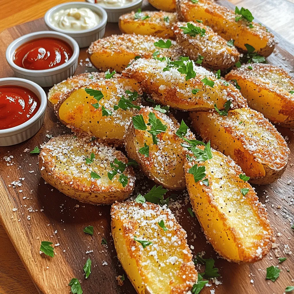- 4 große Kartoffeln (z. B. Russet) - 3 Esslöffel Olivenöl - 2 Teelöffel Knoblauchpulver - 1 Teelöffel Zwiebelpulver - 1 Teelöffel geräuchertes Paprikapulver - ½ Teelöffel Cayennepfeffer (nach Geschmack) - 1 Teelöffel getrockneter Oregano - Salz und Pfeffer nach Geschmack - ¼ Tasse geriebener Parmesan (optional) - Frische Petersilie, gehackt (zur Garnitur) Ich liebe es, mit frischen Zutaten zu kochen. Für diese Kartoffelspalten sind große Kartoffeln ideal. Sie geben den besten Biss. Ich bevorzuge Russet, aber jede große Sorte funktioniert gut. Das Olivenöl bringt einen tollen Geschmack und sorgt für die knusprige Textur. Für die Gewürze benutze ich Knoblauchpulver und Zwiebelpulver. Sie geben einen tollen Geschmack. Geräuchertes Paprikapulver bringt eine besondere Note. Mögen Sie es schärfer? Dann fügen Sie mehr Cayennepfeffer hinzu. Oregano rundet alles ab. Salz und Pfeffer sind wichtig, um den Geschmack zu verstärken. Parmesan ist optional, aber ich empfehle ihn. Er macht die Spalten noch leckerer. Vergessen Sie nicht die frische Petersilie! Sie sieht schön aus und bringt frischen Geschmack. Das sind alle Zutaten für die perfekten Crispy Potato Wedges. Sie sind einfach zu machen und schmecken jedem! Wenn Sie mehr Details zur Zubereitung möchten, schauen Sie sich das vollständige Rezept an. Heizen Sie Ihren Ofen auf 220°C vor. Damit die Kartoffeln knusprig werden, benötigen Sie ein Backblech. Legen Sie es mit Backpapier aus. Waschen Sie die Kartoffeln unter fließendem Wasser. Schrubben Sie sie gut, um Schmutz zu entfernen. Halten Sie jede Kartoffel der Länge nach und schneiden Sie sie in zwei Hälften. Jede Hälfte wird dann in 4-6 Spalten geschnitten. Je dicker die Spalten, desto länger die Backzeit. In einer großen Schüssel geben Sie die Kartoffelspalten hinein. Beträufeln Sie diese mit 3 Esslöffeln Olivenöl. Mischen Sie die Kartoffeln, bis sie gut überzogen sind. In einer separaten Schüssel bereiten Sie die Gewürzmischung vor. Mischen Sie Knoblauchpulver, Zwiebelpulver, Paprikapulver, Cayennepfeffer, Oregano, Salz und Pfeffer. Streuen Sie die Gewürzmischung über die Kartoffelspalten und vermengen Sie alles gründlich. Legen Sie die Kartoffelspalten mit der Schnittfläche nach unten auf das Backblech. Achten Sie darauf, dass sie nicht überlappen. So können sie schön knusprig werden. Backen Sie die Spalten für 25-30 Minuten. Wenden Sie die Spalten nach der Hälfte der Zeit, damit sie gleichmäßig bräunen. Wenn Sie Parmesan mögen, streuen Sie ihn in den letzten 5 Minuten über die Spalten. So geben Sie ihnen eine extra Geschmacksschicht. Nehmen Sie die Kartoffelspalten aus dem Ofen und lassen Sie sie kurz abkühlen. Servieren Sie sie warm und genießen Sie den tollen Geschmack! - Schnitttechnik der Kartoffeln: Schneide die Kartoffeln in gleichmäßige Spalten. Achte darauf, dass sie nicht zu dick sind. Dünnere Spalten werden knuspriger. Halte die Form so gleichmäßig wie möglich. - Backblech richtig vorbereiten: Lege das Backblech mit Backpapier aus. So bleibt nichts kleben. Außerdem sorgt die hohe Temperatur für bessere Bräunung. Stelle sicher, dass die Spalten genug Platz haben. - Verwendung von frischen Kräutern: Füge frische Kräuter wie Rosmarin oder Thymian hinzu. Sie geben einen tollen Geschmack. Du kannst sie vor dem Backen über die Spalten streuen. - Alternativen zu Parmesan: Wenn du keinen Parmesan magst, probiere Feta oder veganen Käse. Diese geben einen anderen, aber leckeren Geschmack. - Vorschläge für passende Dips: Serviere die Kartoffelspalten mit verschiedenen Dips. Ketchup, Knoblauch-Aioli oder Sour Cream sind großartige Optionen. Du kannst auch einen scharfen Dip ausprobieren. - Servierideen und Beilagenoptionen: Die Spalten sehen toll auf einer Holzplatte aus. Kombiniere sie mit frischem Salat oder gegrilltem Gemüse. Das macht das Essen noch bunter und gesünder. {{image_4}} Für einen spannenden Twist können Sie die Gewürze variieren. Eine asiatische Würzung mit Sesam ist lecker. Mischen Sie Sesamsamen mit Sojasauce und Ingwer. Diese Mischung gibt den Kartoffeln eine tolle Note. Eine mediterrane Note erreichen Sie mit Zaatar. Zaatar ist eine Gewürzmischung aus dem Nahen Osten. Sie enthält meist Thymian, Oregano und Sumach. Diese Gewürze bringen einen frischen Geschmack. Streuen Sie es einfach über die Kartoffeln vor dem Backen. Wenn Sie etwas Neues probieren möchten, können Sie Süßkartoffelspalten verwenden. Diese sind süßer und bringen eine andere Textur. Sie sind auch sehr nahrhaft und lecker. Schneiden Sie sie einfach wie die normalen Kartoffeln. Eine bunte Gemüse-Mischung ist ebenfalls eine gute Wahl. Fügen Sie Paprika, Zucchini oder Karotten hinzu. Diese bringen Farbe und Geschmack auf den Teller. Die Zubereitung bleibt gleich wie bei den Kartoffeln. Für weniger Kalorien können Sie die Ölmenge reduzieren. Statt drei Esslöffel Olivenöl reichen auch zwei. Die Kartoffeln werden trotzdem knusprig und lecker. Nutzen Sie glutenfreie Gewürze, wenn Sie glutenfrei essen. Viele Gewürze sind von Natur aus glutenfrei. So können alle genießen, ohne sich Sorgen zu machen. Für das vollständige Rezept schauen Sie bitte hier: [Full Recipe]. Nach dem Backen sind die Kartoffelspalten sehr lecker. Wenn Sie Reste haben, kühlen Sie sie. Legen Sie die Spalten in einen luftdichten Behälter. So bleiben sie frisch. Wenn Sie die Knusprigkeit bewahren wollen, lassen Sie sie nicht in einer geschlossenen Tüte. Die Feuchtigkeit macht sie weich. Wenn Sie die Kartoffelspalten aufwärmen, gibt es einige gute Methoden. Die beste Methode ist, sie im Ofen zu erwärmen. Heizen Sie den Ofen auf 200 Grad Celsius vor. Legen Sie die Spalten auf ein Backblech und backen Sie sie für etwa 10 Minuten. So bleiben sie knusprig. Vermeiden Sie die Mikrowelle. Das macht die Spalten matschig. Im Kühlschrank bleiben die Kartoffelspalten etwa drei bis vier Tage frisch. Überprüfen Sie vor dem Essen, ob sie noch gut sind. Wenn Sie sie länger aufbewahren möchten, können Sie sie einfrieren. Legen Sie die Spalten in eine gefriergeeignete Tüte. Sie bleiben bis zu drei Monate im Gefrierfach. Denken Sie daran, sie vor dem Einfrieren gut abzukühlen. Die Zubereitung dauert etwa 40 Minuten. Die Vorbereitungszeit ist 10 Minuten. Das Backen nimmt 25 bis 30 Minuten in Anspruch. So erhältst du knusprige Kartoffelspalten in kurzer Zeit. Ja, du kannst die Kartoffelspalten im Airfryer machen! Heize den Airfryer auf 200°C vor. Lege die gewürzten Kartoffelspalten in den Korb. Backe sie für etwa 20 Minuten. Schüttle den Korb einmal während des Garens, um eine gleichmäßige Knusprigkeit zu erzielen. Zu den knusprigen Kartoffelspalten passen viele Dips. Hier sind einige beliebte Optionen: - Ketchup - Knoblauch-Aioli - Sour Cream mit Kräutern - BBQ-Sauce - Guacamole Du kannst auch eigene Dips kreieren, indem du deine Lieblingszutaten mischst. Dieses Rezept für krosse Kartoffelspalten hat seine Wurzeln in der modernen Küche. Die Mischung aus Gewürzen und die Zubereitung sind inspiriert von internationalen Aromen. Hinweis: Vollständiges Rezept für krosse Kartoffelspalten mit würziger Note findest du im Artikel. In diesem Artikel haben wir alles über die Zubereitung knuspriger Kartoffelspalten besprochen. Welche Zutaten du benötigst, wie du sie richtig würzen und backen kannst. Zusätzlich haben wir Tipps für den perfekten Biss gegeben und Varianten vorgestellt, um das Rezept vielfältiger zu gestalten. Du kannst leicht gesunde, schmackhafte Optionen ausprobieren. Denke daran, die restlichen Spalten richtig zu lagern, um die Knusprigkeit zu bewahren. Diese Kartoffelspalten sind nicht nur ein Genuss, sie sind auch einfach zuzubereiten und ideal für jeden Anlass.