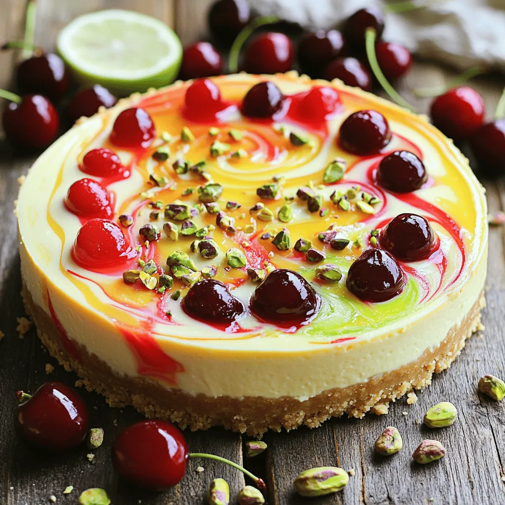 - 300 g Frischkäse - 200 g saure Sahne - 100 g Zucker - 2 Eier - Saft und Schale von 1 Zitrone - Saft und Schale von 1 Limette - 150 g Kirschen (frisch oder gefroren, entsteint) - 50 g gehackte Pistazien