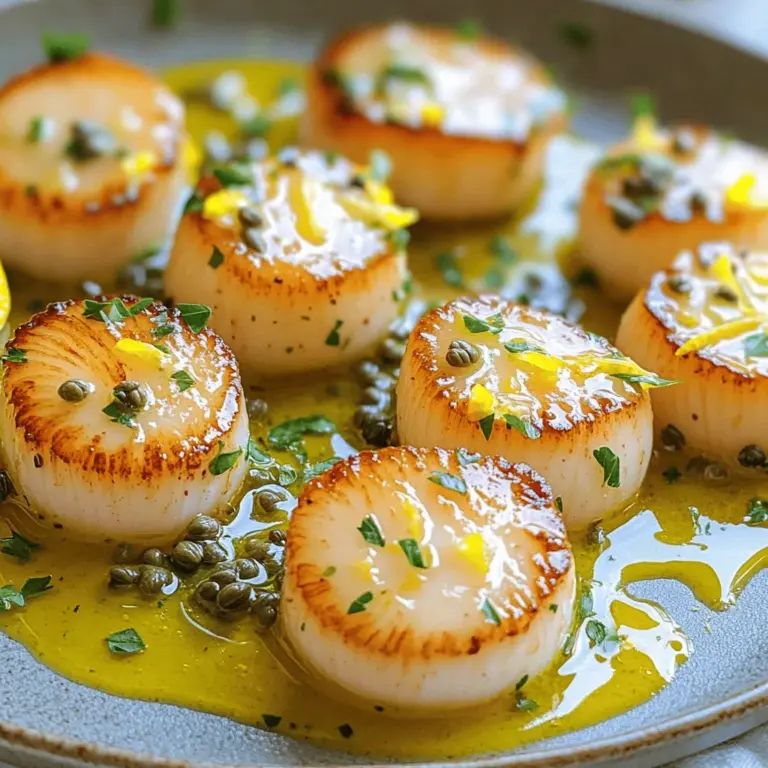 - 450 g Jakobsmuscheln - 2 Esslöffel Olivenöl - 1 Esslöffel ungesalzene Butter - Salz und frisch gemahlener schwarzer Pfeffer - 2 Esslöffel Kapern - 2 Knoblauchzehen - Abgeriebene Schale von 1 Zitrone - 3 Esslöffel frischer Zitronensaft - 2 Esslöffel frische Petersilie Die Jakobsmuscheln sind der Star dieses Gerichts. Ich empfehle, frische oder trocken verpackte Jakobsmuscheln zu verwenden. So bekommen wir den besten Geschmack. Das Olivenöl hilft, die Muscheln perfekt anzubraten. Butter gibt eine feine, reichhaltige Note dazu. Die Gewürze sind einfach, aber wichtig. Salz und Pfeffer bringen den natürlichen Geschmack hervor. Kapern geben der Sauce eine salzige Note. Der Knoblauch fügt einen tollen Duft hinzu. Die frischen Zutaten sind entscheidend für die Sauce. Die Zitronenschale bringt Frische, während der Zitronensaft eine angenehme Säure bietet. Die frische Petersilie sorgt für Farbe und einen frischen Geschmack. Für das gesamte Rezept schauen Sie bitte auf die [Full Recipe]. Es ist einfach, und jeder kann es zu Hause machen! Zuerst trockne ich die Jakobsmuscheln mit Küchenpapier ab. Das hilft, eine schöne Kruste zu bekommen. Danach würze ich sie mit Salz und frisch gemahlenem Pfeffer. Es ist wichtig, beide Seiten gut zu würzen. Ich erhitze in einer großen Pfanne 2 Esslöffel Olivenöl bei mittelhoher Hitze. Wenn das Öl schimmert, gebe ich die Jakobsmuscheln vorsichtig in die Pfanne. Ich achte darauf, dass genug Platz zwischen ihnen bleibt. Ich brate sie 2-3 Minuten auf einer Seite an. So entsteht die goldene Kruste, die wir wollen. Dann wende ich die Muscheln und füge 1 Esslöffel ungesalzene Butter hinzu. Ich koche sie weitere 2-3 Minuten, bis sie undurchsichtig sind. Dann lege ich sie auf einen warmen Teller. In derselben Pfanne reduziere ich die Hitze auf mittlere Stufe. Ich füge 2 fein gehackte Knoblauchzehen hinzu und brate sie etwa 30 Sekunden an. Ich achte darauf, dass der Knoblauch nicht anbrennt. Dann gebe ich 2 Esslöffel Kapern, die abgeriebene Schale von 1 Zitrone und 3 Esslöffel frischen Zitronensaft in die Pfanne. Ich rühre gut um und lasse alles eine weitere Minute kochen. Schließlich lege ich die Jakobsmuscheln zurück in die Pfanne und schwenke sie in der Sauce. So sind sie gleichmäßig bedeckt. Um die perfekte Garzeit zu erkennen, achten Sie auf die Farbe. Jakobsmuscheln sollten eine milchig-weiße Farbe haben, wenn sie gar sind. Sie sind genau richtig, wenn sie fest, aber nicht gummiartig sind. Eine perfekte Kruste zeigt sich, wenn die Außenseite goldbraun und knusprig ist. Um dies zu erreichen, braten Sie die Muscheln ohne sie zu bewegen. So erhalten sie eine schöne, gleichmäßige Kruste. Ein häufiger Fehler ist, die Pfanne nicht richtig zu erhitzen. Erhitzen Sie das Olivenöl, bis es leicht schimmert. Wenn die Pfanne zu kalt ist, haften die Muscheln fest. Wenn sie zu heiß ist, verbrennen sie. Lassen Sie genügend Platz zwischen den Muscheln in der Pfanne. Wenn die Muscheln zu dicht beieinander liegen, dämpfen sie sich selbst und erhalten keine schöne Kruste. Ein ansprechendes Präsentation kann den Unterschied machen. Legen Sie die Jakobsmuscheln auf einen warmen Teller und träufeln Sie die Zitronen-Kapern-Sauce darüber. Garnieren Sie das Gericht mit frischer Petersilie. Kombinieren Sie die Muscheln mit einem frischen Salat oder einem cremigen Risotto. Ein Glas Weißwein passt perfekt zu diesem Gericht. Probieren Sie einen spritzigen Sauvignon Blanc oder einen leichten Chardonnay. {{image_4}} Für eine neue Geschmacksrichtung können Sie verschiedene Saucen ausprobieren. Eine beliebte Wahl ist die Weißwein-Sahne-Sauce. Diese Sauce bringt eine cremige Textur und einen milden Geschmack. Sie macht die Jakobsmuscheln noch zarter. Eine andere optionale Sauce ist die Tomaten-Basilikum-Sauce. Diese Sauce hat einen frischen und fruchtigen Geschmack. Sie passt gut zu den zarten Jakobsmuscheln und bringt Farbe auf den Teller. Beide Optionen sind einfach zuzubereiten und können die Mahlzeit aufpeppen. Für Beilagen empfehle ich Risotto oder Pasta. Diese Gerichte ergänzen die Jakobsmuscheln perfekt. Sie bieten eine reichhaltige Basis, die die Aromen der Saucen aufnimmt. Ein frischer Salat ist auch eine tolle Wahl. Er bringt Knackigkeit und Frische ins Spiel. Eine leichte Vinaigrette passt gut dazu. Zusammen mit den Jakobsmuscheln wird das Essen ausgewogen und lecker. Wenn Sie eine vegetarische Option suchen, probieren Sie Jakobsmuschel-ähnliche Gemüsesorten. Zum Beispiel können Sie Champignons oder Zucchini verwenden. Diese Gemüse haben eine ähnliche Textur und können gut gewürzt werden. Sie nehmen die Aromen der Saucen wunderbar auf. Das Gericht bleibt so lecker und ansprechend, auch ohne Meeresfrüchte. So können auch Vegetarier das Gericht genießen. - Kühlschranklagerung: Lagern Sie frische Jakobsmuscheln im Kühlschrank. Legen Sie sie in eine flache Schüssel und decken Sie sie mit einem feuchten Tuch ab. So bleiben sie frisch. Verwenden Sie sie innerhalb von zwei Tagen für den besten Geschmack. - Einfrieren von Jakobsmuscheln: Wenn Sie Jakobsmuscheln länger aufbewahren möchten, können Sie sie einfrieren. Wickeln Sie sie fest in Frischhaltefolie und legen Sie sie in einen luftdichten Behälter. So halten sie sich bis zu drei Monate. Denken Sie daran, sie im Kühlschrank aufzutauen, bevor Sie sie zubereiten. - Rezepte zur Verwendung von übrig gebliebener Sauce: Die Zitronen-Kapern-Sauce schmeckt auch zu Pasta oder über Gemüse. Verwenden Sie die Reste, um mehr Geschmack zu bringen. Sie können auch eine leckere Vinaigrette für Salate daraus machen. - Ideen für kreative Gerichte mit Resten: Sie können die Reste in Omeletts oder Quiches verwenden. Auch auf einem Sandwich mit frischem Brot schmeckt die Sauce großartig. Lassen Sie Ihrer Kreativität freien Lauf und probieren Sie verschiedene Kombinationen aus! Jakobsmuscheln garen schnell. Es dauert etwa 4 bis 6 Minuten. Die perfekte Temperatur liegt bei mittelhoher Hitze. Braten Sie sie 2 bis 3 Minuten auf einer Seite. Wenden Sie die Muscheln und braten Sie sie weitere 2 bis 3 Minuten. Sie sind fertig, wenn sie undurchsichtig sind. Ja, tiefgefrorene Jakobsmuscheln sind eine gute Option. Lassen Sie sie zuerst im Kühlschrank auftauen. Dies kann mehrere Stunden dauern. Tupfen Sie die Muscheln nach dem Auftauen gut trocken. So erhalten Sie eine bessere Kruste beim Anbraten. Verwenden Sie die gleichen Schritte wie bei frischen Muscheln. Frische Jakobsmuscheln sollten leicht feucht und glänzend sein. Sie dürfen nicht unangenehm riechen. Überprüfen Sie die Farbe; sie sollte leicht opak sein. Wenn sie fest und prall sind, sind sie frisch. Fragen Sie beim Kauf nach, ob sie trocken verpackt sind. Das zeigt Qualität. Jakobsmuscheln sind vielseitig. Sie passen gut zu Risotto oder frischem Gemüse. Ein leichter Salat ergänzt die Aromen perfekt. Für Getränke sind Weißwein oder spritziger Sekt ideal. Diese Kombinationen heben den Geschmack der Muscheln hervor. Sie können die Jakobsmuscheln auch mit Brot servieren. So genießen Sie die leckere Sauce. Für das vollständige Rezept schauen Sie bitte hier: [Full Recipe]. Jakobsmuscheln sind einfach zuzubereiten und sehr lecker. Wir haben die wichtigsten Zutaten, die Schritt-für-Schritt-Anleitung und viele nützliche Tipps behandelt. Richtig gewürzt und perfekt angebraten, bringen sie Freude auf den Tisch. Variationen wie unterschiedliche Saucen erweitern Ihre Optionen. Achten Sie auch auf Lagerung und Resteverwertung. Mit diesem Wissen können Sie Jakobsmuscheln mit Leichtigkeit zubereiten und genießen. Trauen Sie sich, kreativ zu sein, und lassen Sie Ihre Gäste staunen!