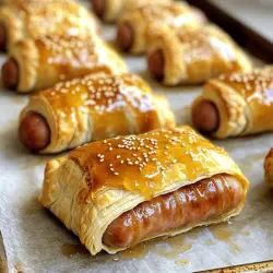 Um die Irresistibly Sticky Pigs In Blankets zuzubereiten, benötigst du folgende Zutaten: - 12 Cocktailwürstchen - 1 Blatt Blätterteig, aufgetaut - 4 Esslöffel Honig - 2 Esslöffel Dijon-Senf - 1 Esslöffel Sojasauce - 1 Teelöffel geräuchertes Paprika - 1 Ei, geschlagen (für den Ei-Wasch) - Sesamkörner zum Garnieren (optional)