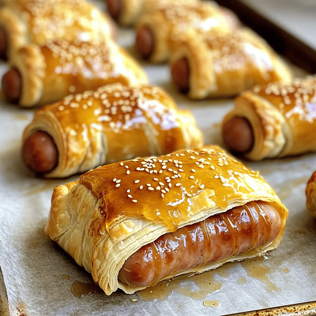 Um die Irresistibly Sticky Pigs In Blankets zuzubereiten, benötigst du folgende Zutaten: - 12 Cocktailwürstchen - 1 Blatt Blätterteig, aufgetaut - 4 Esslöffel Honig - 2 Esslöffel Dijon-Senf - 1 Esslöffel Sojasauce - 1 Teelöffel geräuchertes Paprika - 1 Ei, geschlagen (für den Ei-Wasch) - Sesamkörner zum Garnieren (optional)