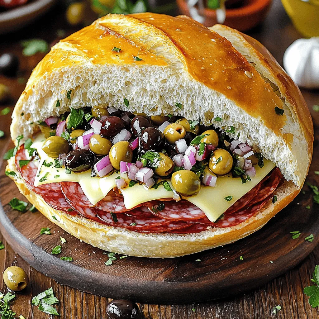 Die Muffuletta-Sandwich ist ein echter Klassiker aus Italien. Sie vereint viele leckere Zutaten und Aromen. Beginnen wir mit der Olivenmischung. Diese Mischung bringt den echten Geschmack der Muffuletta. In einer Schüssel mische gehackte Oliven, Zwiebel, und Knoblauch. Füge Oregano und Paprikaflocken hinzu, um etwas Würze zu bekommen. Dann gieße Olivenöl und Balsamico-Essig dazu. Vergiss nicht, mit Salz und Pfeffer abzuschmecken.