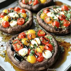 - 4 große Portobello-Pilze, entstielt und geputzt - 200 g frischer Mozzarella, gewürfelt - 200 g Kirschtomaten, halbiert