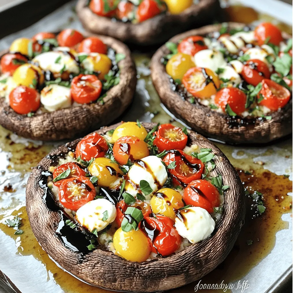 - 4 große Portobello-Pilze, entstielt und geputzt - 200 g frischer Mozzarella, gewürfelt - 200 g Kirschtomaten, halbiert