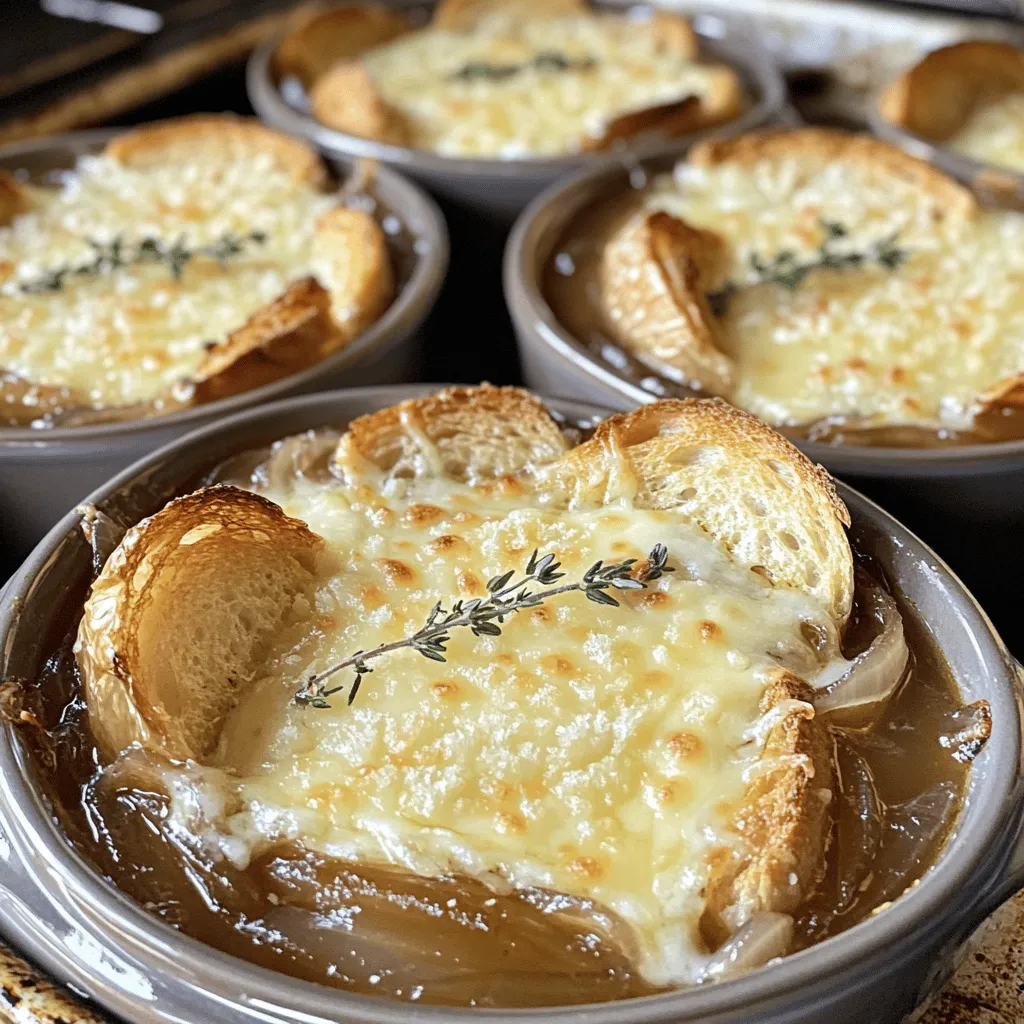 - 4 große Zwiebeln, dünn geschnitten - 2 Esslöffel Butter - 1 Esslöffel Olivenöl - 4 Tassen Rinderbrühe (oder Gemüsebrühe für eine vegetarische Version) - 1 Esslöffel Worcestershire-Sauce - 1 Teelöffel frische Thymianblätter (oder ½ Teelöffel getrockneter Thymian) - 1 Lorbeerblatt - Salz und Pfeffer nach Geschmack - 1 Baguette, in dicke Scheiben geschnitten - 2 Tassen geriebener Gruyère-Käse - ½ Tasse geriebener Parmesan-Käse