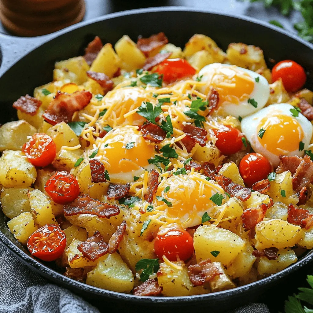 Für ein köstliches Loaded Breakfast Skillet benötigst du folgende Hauptzutaten: - 4 mittelgroße Kartoffeln, gewürfelt - 4 große Eier - 150g Speck, gehackt - 1 Paprika, gewürfelt (jede Farbe) - 1 kleine Zwiebel, gewürfelt - 100g Kirschtomaten, halbiert - 100g geriebener Käse (Cheddar oder Gouda) - 2 Esslöffel Olivenöl - Salz und Pfeffer nach Geschmack - Frische Petersilie, gehackt (zum Garnieren)
