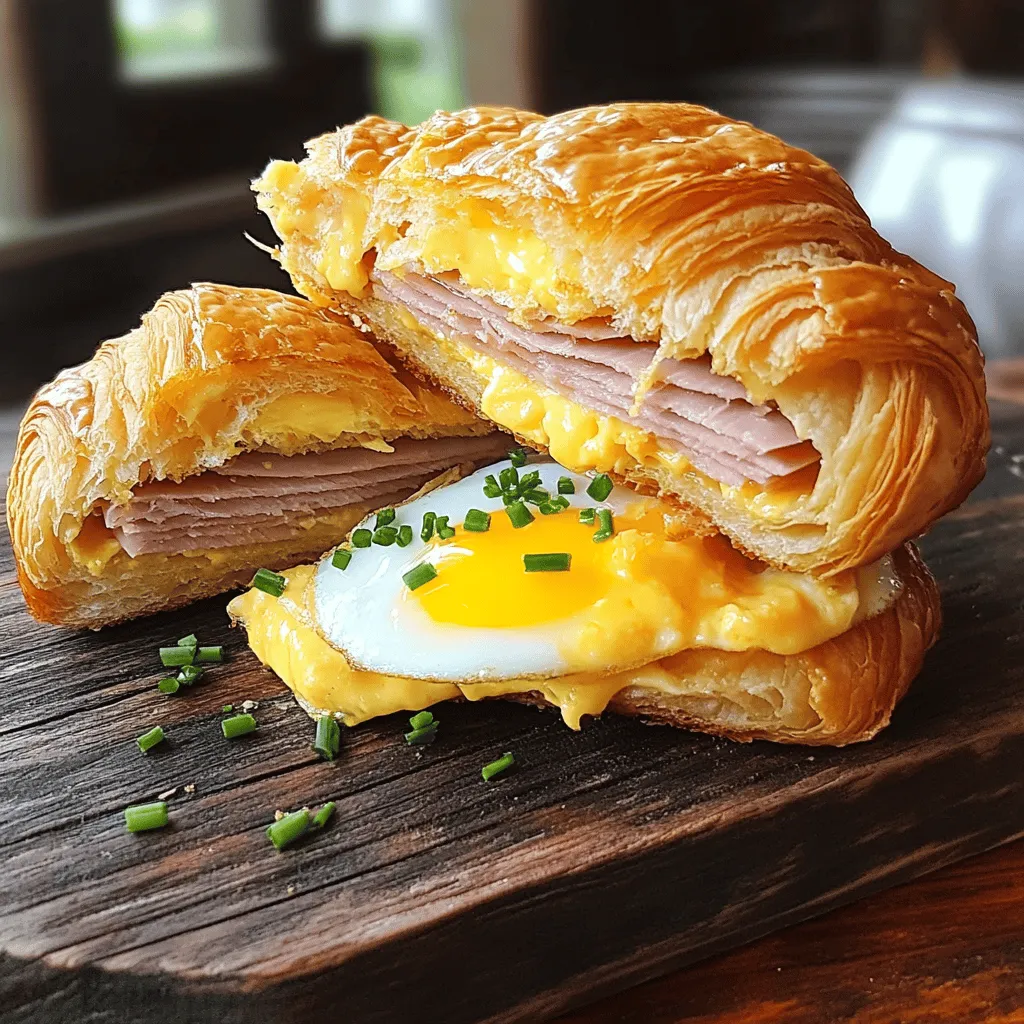 Für das Ham, Egg & Cheese Croissant Sandwich benötigst du diese Hauptzutaten: - 2 buttrige Croissants, halbiert - 4 Scheiben dünn geschnittener Schinken - 2 große Eier - 2 Scheiben Cheddarkäse - 1 Esslöffel Butter - Salz und Pfeffer nach Geschmack