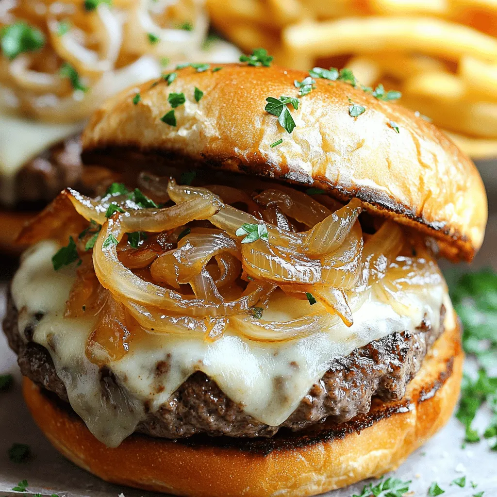 - 450 g Rinderhackfleisch oder Putenhackfleisch - 1 große Zwiebel, dünn geschnitten - 2 Esslöffel ungesalzene Butter - 1 Esslöffel Olivenöl - 4 Scheiben Schweizer Käse oder Gruyère - 4 Burgerbrötchen (vorzugsweise geröstet) Die Hauptzutaten sind einfach zu finden und machen den Burger besonders. Das Rinderhackfleisch gibt dem Burger einen herzhaften Geschmack. Wenn du Putenhackfleisch verwendest, ist der Burger leichter. Zwiebeln sind der Star des Gerichts. Sie bringen Süße und Tiefe. Butter und Olivenöl helfen, die Zwiebeln goldbraun zu machen. Der Käse sorgt für cremige Textur, die jeden Biss besser macht. Die Burgerbrötchen sollten frisch und geröstet sein, um alles zusammenzuhalten. - 1 Teelöffel Zucker - 1 Teelöffel frischer Thymian, gehackt (oder ½ Teelöffel getrockneter Thymian) - 1 Esslöffel Worcestershire-Sauce - 240 ml Rinderbrühe - Salz und Pfeffer nach Geschmack Die Gewürze machen den Burger spannend. Zucker hilft, die Zwiebeln zu karamellisieren. Thymian bringt einen frischen Geschmack. Worcestershire-Sauce fügt eine umami Note hinzu. Die Rinderbrühe sorgt für eine saftige Füllung. Salz und Pfeffer sind wichtig, um alles zu würzen. Diese Zutaten ergänzen sich gut und machen den Burger unwiderstehlich. Für das vollständige Rezept schau dir die Anleitung in der Full Recipe an. Zuerst erhitzen wir Butter und Olivenöl in einer großen Pfanne. Verwende mittlere Hitze, damit die Zwiebeln gleichmäßig garen. Füge die dünn geschnittenen Zwiebeln hinzu. Bestreue sie mit Zucker. Der Zucker hilft, die Zwiebeln karamellisieren. Rühre die Zwiebeln gelegentlich um. Koche sie für etwa 15 bis 20 Minuten. Sie sollten goldbraun und süß sein. Am Ende gib die Worcestershire-Sauce und den frischen Thymian dazu. Würze die Mischung mit Salz und Pfeffer. Gieße die Rinderbrühe hinein und lasse alles für 5 Minuten köcheln. Nun kommen wir zu den Burger-Patties. Würze das Hackfleisch oder Putenhackfleisch mit Salz und Pfeffer. Teile das Fleisch in vier gleich große Portionen. Forme die Patties und drücke in die Mitte eine kleine Vertiefung. Diese Vertiefung hilft, dass die Patties beim Grillen flach bleiben. Jetzt heize deinen Grill oder eine Grillplatte auf mittelhohe Temperatur vor. Lege die Patties auf den Grill und grille sie etwa 4 bis 5 Minuten pro Seite. Wenn du sie medium haben willst, achte auf die Garzeit. Jetzt ist es Zeit, die Burger zusammenzustellen. In der letzten Minute des Grillens lege eine Scheibe Schweizer Käse auf jedes Patty. Decke den Grill ab, damit der Käse schmelzen kann. Nimm die Patties vom Grill und lege sie auf geröstete Burgerbrötchen. Belege die Patties großzügig mit der karamellisierten Zwiebelmischung. Garnieren kannst du mit frischer Petersilie. Serviere die Burger sofort für den besten Geschmack. Für die vollständige Anleitung kannst du das Full Recipe nachlesen. Um perfekte Patties zu grillen, achte auf die Temperatur. Die Grillplatte sollte mittelhoch sein. Das gibt dir schöne Grillstreifen. Grill die Patties etwa 4-5 Minuten pro Seite. Bei einem mittleren Gargrad ist das ideal. Drücke beim Formen der Patties eine Vertiefung in die Mitte. Das verhindert, dass sie sich beim Grillen verformen. Worcestershire-Sauce gibt einen tollen Umami-Geschmack. Du kannst sie mit Sojasauce ersetzen, wenn du magst. Oder nutze Balsamico-Essig für eine interessante Note. Frische Kräuter bringen mehr Frische. Petersilie passt gut, aber auch Thymian ist klasse. Füge sie einfach zur Zwiebelmischung hinzu. So wird der Geschmack noch besser. Für das vollständige Rezept, schau dir den [Full Recipe] an. {{image_4}} Für eine leckere vegetarische Option, verwenden Sie pflanzliche Burger-Patties. Diese Patties sind oft aus Bohnen, Erbsen oder Linsen. Diese Zutaten bieten eine tolle Textur und Geschmack. Karamellisierte Zwiebeln passen perfekt dazu. Kombinieren Sie die Zwiebeln mit Gemüse wie Pilzen oder Paprika. Das sorgt für mehr Geschmack und macht das Gericht noch interessanter. Denken Sie an Beilagen wie Pommes Frites oder einen frischen Salat. Pommes Frites sind einfach und knusprig. Ein einfacher grüner Salat bringt Frische auf den Teller. Sie können auch kreative Toppings hinzufügen, um den Burger zu verbessern. Probieren Sie Avocado, gebratene Pilze oder eine scharfe Sauce. Diese Extras machen jeden Biss spannend und voller Geschmack. Für die vollständige Rezeptanleitung besuchen Sie den Abschnitt über die Full Recipe. Um Burger-Patties frisch zu halten, gibt es einfache Methoden. Lagere sie im Kühlschrank in einem luftdichten Behälter. So bleiben sie bis zu drei Tage gut. Wenn du sie länger aufbewahren möchtest, friere sie ein. Wicke jede Patte in Frischhaltefolie und lege sie in einen Gefrierbeutel. So bleiben sie bis zu drei Monate frisch. Wenn du die Burger wieder aufwärmen möchtest, kannst du sie einfach in einer Pfanne oder auf dem Grill erhitzen. Achte darauf, die Patties bei mittlerer Hitze zu garen. So bleiben sie saftig und zart. Karamellisierte Zwiebeln sind ein wichtiger Teil dieses Burgers. Du kannst sie im Kühlschrank bis zu einer Woche aufbewahren. Stelle sicher, dass sie in einem luftdichten Behälter sind. So bleibt der Geschmack erhalten. Wenn du mehr Zwiebeln zubereitet hast, friere sie für zukünftige Gerichte ein. Verteile die Zwiebeln auf einem Backblech und friere sie ein. Dann kannst du sie in einen Behälter umfüllen. So hast du immer eine leckere Zutat für deine nächsten Burger oder andere Rezepte. French Onion Soup Burgers sind eine köstliche Mischung aus Burger und Französischer Zwiebelsuppe. Sie bringen die Aromen von karamellisierten Zwiebeln und geschmolzenem Käse auf ein saftiges Patty. Die Inspiration für dieses Gericht kommt von der berühmten Zwiebelsuppe aus Frankreich. Diese Suppe hat einen tiefen, süßen Geschmack, der perfekt zu einem Burger passt. Um die Burger würziger zu machen, können Sie verschiedene Gewürze und Saucen hinzufügen. Hier einige Tipps: - Fügen Sie mehr Worcestershire-Sauce hinzu für einen kräftigen Geschmack. - Verwenden Sie scharfen Senf oder eine scharfe Sauce für extra Würze. - Experimentieren Sie mit frischen Kräutern wie Rosmarin oder Oregano. Diese kleinen Anpassungen können den Geschmack Ihrer Burger stark verändern. Ja, Sie können die Zwiebeln im Voraus zubereiten. Kochen Sie sie einfach, bis sie karamellisiert sind, und lassen Sie sie abkühlen. Lagern Sie die Zwiebeln in einem luftdichten Behälter im Kühlschrank. Dort halten sie sich etwa eine Woche. So sparen Sie Zeit, wenn Sie die Burger zubereiten. Sie können die Zwiebeln auch einfrieren, um sie später zu verwenden. Zusammenfassend haben wir die leckeren French Onion Soup Burgers besprochen. Du hast gelernt, welche Zutaten du brauchst und wie du die Zwiebeln karamellisieren kannst. Wir haben auch die besten Tipps für das Grillen der Patties und kreative Variationen dieser Burger behandelt. Denke daran, dass du die Zutaten nach deinem Geschmack anpassen kannst. Probiere die neuen Ideen aus, um deinen Burger zu verfeinern. Genieße das Kochen und lass es dir schmecken!