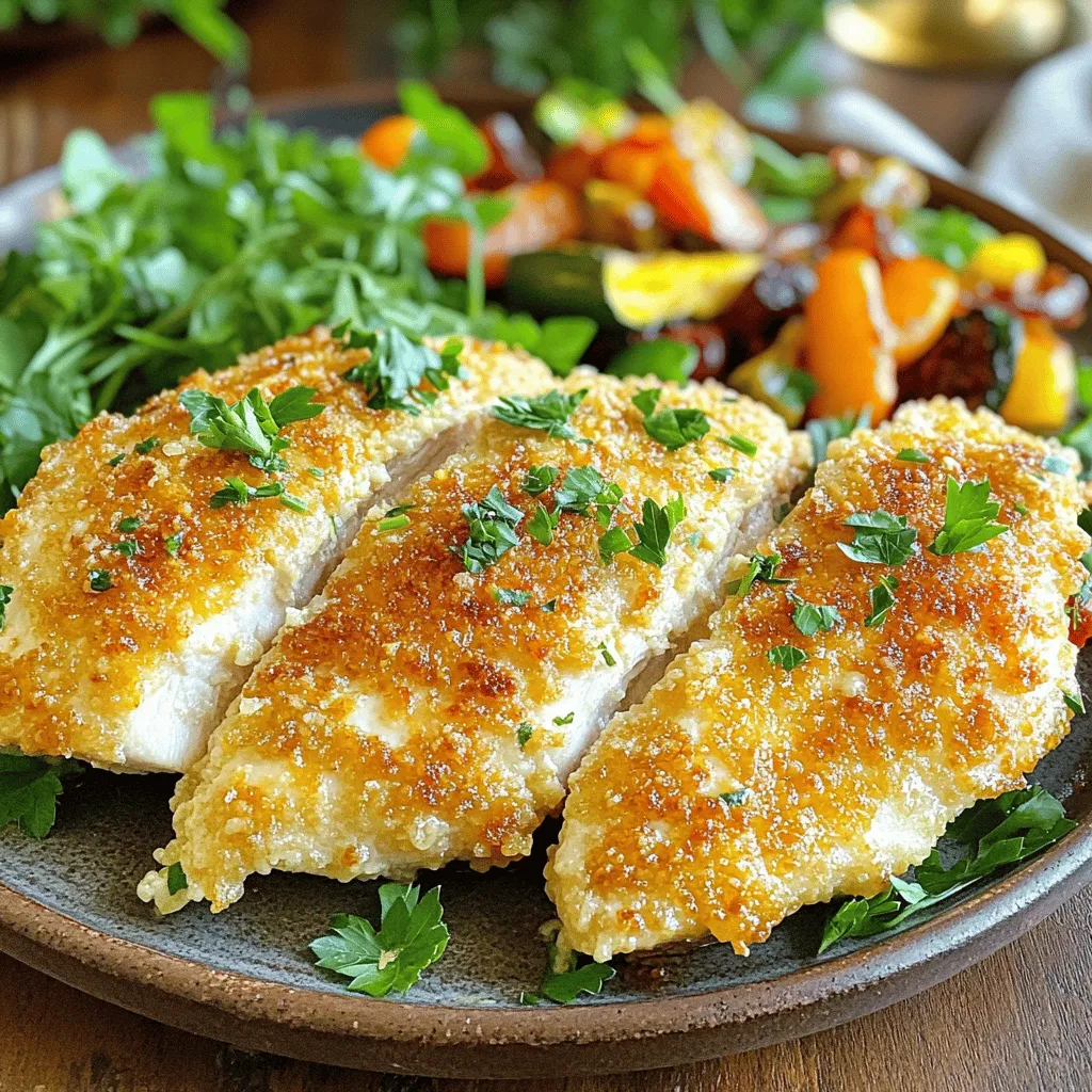 - 2 große Hähnchenbrustfilets - 1 Tasse frisch geriebener Parmesan - 1 Tasse Paniermehl