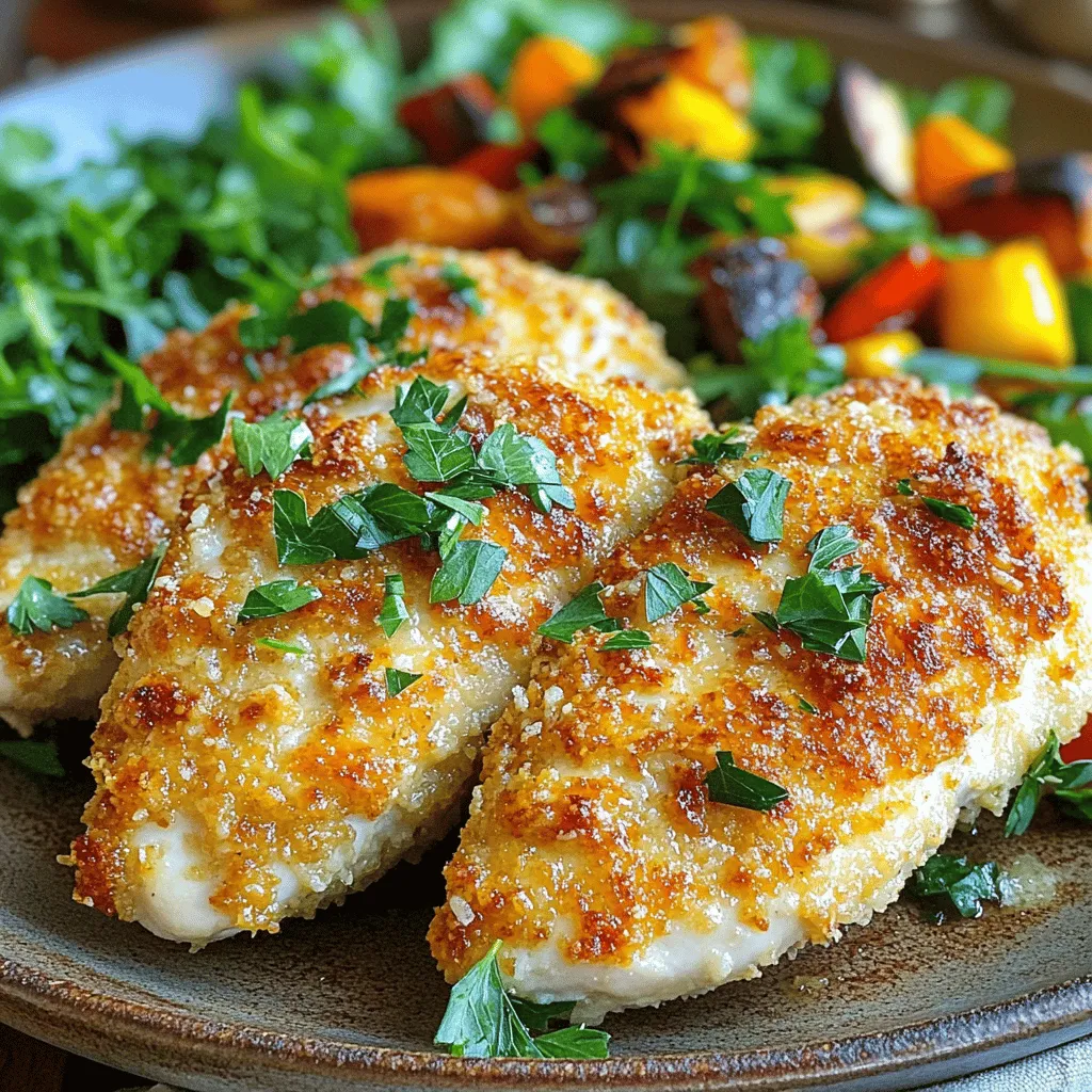 - 2 große Hähnchenbrustfilets - 1 Tasse frisch geriebener Parmesan - 1 Tasse Paniermehl