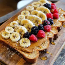 Für einen leckeren Erdnussbutter Toast brauchst du einige einfache Zutaten: - 4 Scheiben Vollkornbrot - 1 Tasse natürliche Erdnussbutter - 1 reife Banane, in Scheiben geschnitten - 2 Esslöffel Honig oder Ahornsirup - 1/4 Teelöffel Zimt - Eine Prise Meersalz - 2 Esslöffel Chiasamen (optional) - 1/4 Tasse gemischte Beeren (zur Garnitur) Diese Zutaten sind leicht zu finden. Vollkornbrot gibt dir Ballaststoffe. Erdnussbutter liefert gesunde Fette und Proteine. Die Banane bringt Süße und Nährstoffe. Die Brotsorte kann viel ausmachen. Vollkornbrot ist nahrhaft und gibt einen schönen Biss. Du kannst auch andere Brotsorten wie Roggen oder Dinkel ausprobieren. Saurer Teigbrot hat einen tollen Geschmack. Jede Sorte bringt einen eigenen Charakter in das Gericht. Erdnussbutter gibt es in vielen Varianten. Natürliche Erdnussbutter ist oft die beste Wahl. Sie enthält weniger Zucker und keine Zusatzstoffe. Du kannst auch crunchy oder creamy wählen. Crunchy hat Stücke von Erdnüssen für mehr Textur. Creamy ist glatt und einfach zu streichen. Experimentiere mit verschiedenen Sorten und finde deinen Favoriten. Das ist der erste Schritt zu einem köstlichen Erdnussbutter Toast. Probiere die Zutaten und finde die Kombination, die dir am besten schmeckt. Um die vollständige Zubereitung zu sehen, schaue dir das Full Recipe an. Zuerst wähle ich frisches Vollkornbrot. Es hat einen tollen Geschmack und ist gesund. Ich schneide vier Scheiben ab. Dann toastet man die Scheiben bis sie goldbraun sind. Ich benutze gern einen Toaster, aber eine Pfanne funktioniert auch. Achte darauf, dass das Brot knusprig wird. So schmeckt es am besten. Für die Mischung nehme ich eine kleine Schüssel. Dort gebe ich eine Tasse natürliche Erdnussbutter. Dann füge ich zwei Esslöffel Honig oder Ahornsirup hinzu. Das macht die Mischung süß. Ein Viertel Teelöffel Zimt und eine Prise Meersalz kommen auch rein. Ich rühre alles gut um. Die Mischung sollte gleichmäßig und cremig sein. Nach dem Toasten ist es Zeit zum Anrichten. Ich nehme die Toasts und verteile die Erdnussbutter-Mischung großzügig. Dann lege ich die Bananenscheiben darauf. Ich achte darauf, dass sie schön verteilt sind. Wenn ich möchte, streue ich Chiasamen darüber. Das gibt extra Nährstoffe. Zum Schluss dekoriere ich die Toasts mit gemischten Beeren. Sie machen das Gericht bunt und lecker. Jeder Bissen ist ein Genuss! Die richtige Röstzeit für das Brot ist wichtig. Ich empfehle, die Brotscheiben etwa 3 bis 4 Minuten zu toasten. Achten Sie darauf, dass sie goldbraun werden. Wenn Sie einen Toaster benutzen, stellen Sie ihn auf mittlere Stufe. Ein guter Trick ist, das Brot während des Röstens im Auge zu behalten. So vermeiden Sie verbrannte Scheiben. Erdnussbutter Toast ist vielseitig. Probieren Sie, die Bananenscheiben durch Äpfel oder Birnen zu ersetzen. Auch Marmelade passt gut dazu. Ein Spritzer Zitronensaft kann die Aromen heben. Für ein bisschen Crunch können Sie Nüsse oder Samen hinzufügen. Diese Kombinationen machen Ihren Toast spannend und lecker. Um den Toast gesünder zu machen, fügen Sie Chiasamen oder Leinsamen hinzu. Diese sind reich an Ballaststoffen. Auch eine Handvoll Spinat kann eine gute Wahl sein. Sie können sogar griechischen Joghurt als Topping verwenden. Das gibt Proteine und macht den Toast cremiger. Diese kleinen Änderungen machen Ihren Erdnussbutter Toast nahrhafter und schmackhafter. {{image_4}} Erdnussbutter und Schokolade sind ein perfektes Team. Um diese Variante zu machen, füge einfach etwas Schokoladenaufstrich hinzu. Das schmeckt wirklich gut! Du kannst die Schokolade direkt auf die Erdnussbutter streichen. Nutze dunkle Schokolade für mehr Geschmack. Diese Kombination macht den Toast süß und herzhaft zugleich. Probiere auch, kleine Schokoladenstückchen darüber zu streuen. So wird der Toast noch leckerer. Für einen vegetarischen oder veganen Toast, nutze einfach Honigersatz. Ahornsirup funktioniert toll und macht alles süß. Du kannst auch Nussbutter wie Mandel- oder Cashewbutter verwenden. Diese Varianten bieten neue Geschmäcker und sind perfekt für alle, die Abwechslung wollen. So bleibt der Toast gesund und lecker! Nutze frische Früchte, die gerade Saison haben! Im Frühling sind Erdbeeren super. Im Sommer passen Pfirsiche oder Kirschen gut dazu. Im Herbst kannst du Äpfel oder Birnen probieren. Diese Früchte bringen Farbe und Geschmack. Du kannst die Früchte in Scheiben schneiden und auf dem Toast anrichten. Das macht den Toast noch schöner und gesünder. Experimentiere mit verschiedenen Kombinationen, um deinen perfekten Toast zu finden. Für mehr Ideen, schau dir das Rezept für Erdnussbutter Delight Toast an. Wenn du Reste von deinem Erdnussbutter Toast hast, lagere sie in einem luftdichten Behälter. So bleiben sie frisch. Stelle den Behälter in den Kühlschrank, um die Haltbarkeit zu verlängern. Du kannst die Reste bis zu drei Tage aufbewahren. Wenn du den Toast später essen möchtest, erwärme ihn kurz im Toaster oder in der Mikrowelle. Achte darauf, dass die Erdnussbutter nicht zu heiß wird. Erdnussbutter kann einfach gelagert werden. Halte sie an einem kühlen, trockenen Ort. Ein Kühlschrank ist nicht nötig, aber es kann helfen, die Frische zu bewahren. Achte darauf, den Deckel fest zu schließen, um Luft und Feuchtigkeit fernzuhalten. Wenn du die Erdnussbutter öffnest, verbrauche sie innerhalb von drei bis sechs Monaten für den besten Geschmack. Um Schimmelbildung zu vermeiden, achte auf saubere Utensilien. Verwende immer einen trockenen Löffel, wenn du Erdnussbutter entnimmst. Dies verhindert, dass Feuchtigkeit in das Glas gelangt. Wenn du eine große Menge Erdnussbutter hast, erwäge, sie in kleinere Behälter zu teilen. So bleibt der Rest länger frisch. Achte darauf, das Haltbarkeitsdatum zu überprüfen, bevor du die Erdnussbutter verwendest. Erdnussbutter Toast hat etwa 250 bis 400 Kalorien pro Portion. Dies hängt von den Zutaten ab. Zum Beispiel beeinflusst die Menge der Erdnussbutter und der Toppings die Kalorienzahl. Die Kombination aus Vollkornbrot, Erdnussbutter und Banane macht es nahrhaft. Wenn Sie genau wissen wollen, wie viele Kalorien Ihr Toast hat, schauen Sie sich das Rezept an. Ja, Erdnussbutter ist gesund. Sie enthält gesunde Fette, die wichtig für den Körper sind. Außerdem bietet sie Protein, was gut für Muskeln ist. Sie hat auch Ballaststoffe, die die Verdauung fördern. Achten Sie darauf, natürliche Erdnussbutter ohne Zuckerzusatz zu wählen. So erhalten Sie den besten Nährwert. Ja, Sie können Erdnussbutter Toast im Voraus zubereiten. Toasten Sie das Brot und lagern Sie es in einem luftdichten Behälter. Fügen Sie die Erdnussbutter und die Toppings kurz vor dem Servieren hinzu. So bleibt das Brot knusprig und frisch. Diese Methode ist praktisch für ein schnelles Frühstück oder einen Snack. Erdnussbutter Toast ist einfach zuzubereiten und macht Spaß. Wir haben die besten Zutaten und Brote besprochen. Du kannst Erdnussbutter nach deinem Geschmack wählen. Die Schritt-für-Schritt-Anleitung zeigt dir den einfachen Prozess. Kreative Kombinationen mit Toppings machen dein Toast einzigartig. Denk daran, Reste richtig zu lagern, um sie frisch zu halten. Erdnussbutter Toast ist vielseitig, also experimentiere mit Variationen! Mach es dir gemütlich und genieße dein leckeres Toast.
