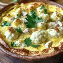 - 200 g Blumenkohl, in kleine Röschen zerteilt - 200 g gekochte Dinde (Truthahn), gewürfelt - 3 große Eier - 300 ml Milch - 100 g Mehl - 50 g geriebener Gruyère-Käse - 1 Teelöffel Backpulver - 2 Esslöffel Olivenöl - Salz und Pfeffer nach Geschmack - Frische Petersilie zum Garnieren