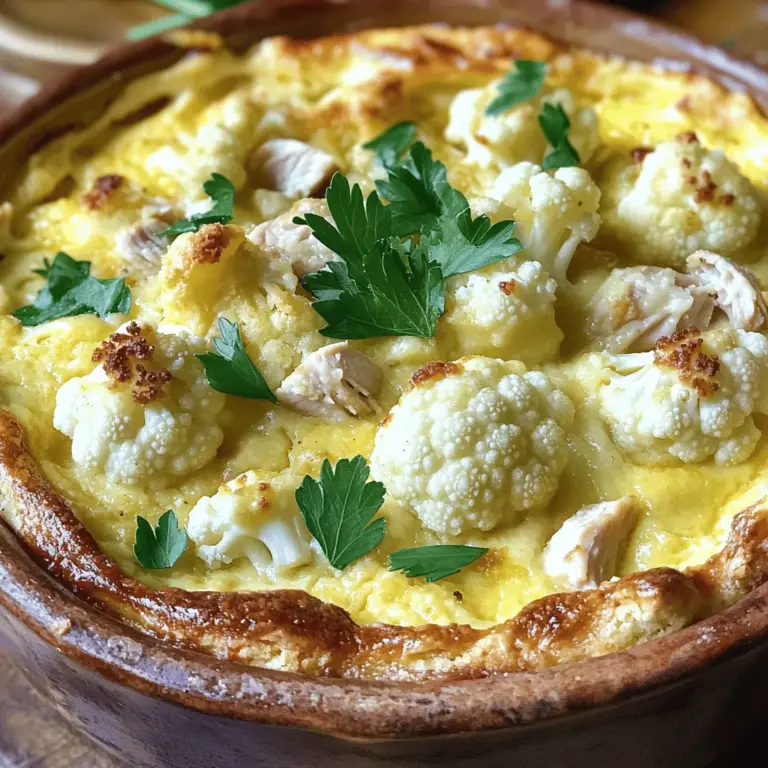 - 200 g Blumenkohl, in kleine Röschen zerteilt - 200 g gekochte Dinde (Truthahn), gewürfelt - 3 große Eier - 300 ml Milch - 100 g Mehl - 50 g geriebener Gruyère-Käse - 1 Teelöffel Backpulver - 2 Esslöffel Olivenöl - Salz und Pfeffer nach Geschmack - Frische Petersilie zum Garnieren