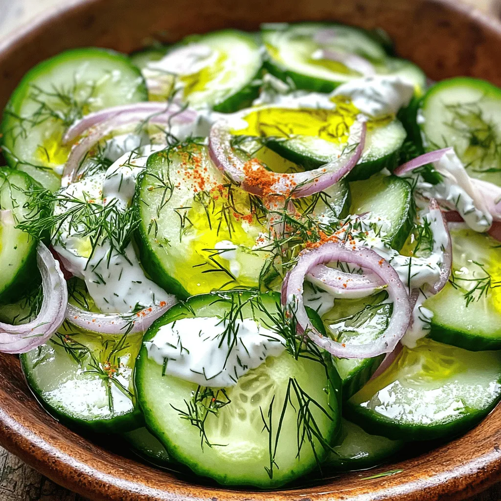 Um einen frischen Gurken-Dill-Salat zu machen, brauchst du: - 2 große Salatgurken, dünn geschnitten - 1 kleine rote Zwiebel, fein gehackt - 200 g Joghurt (griechisch oder Natur) - 2 Esslöffel frischer Dill, fein gehackt - 1 Esslöffel Zitronensaft - 1 Teelöffel Honig oder Zucker - Salz und Pfeffer nach Geschmack - 1 Esslöffel Olivenöl - 1 Teelöffel Senf (optional) - Eine Prise Paprika zum Garnieren