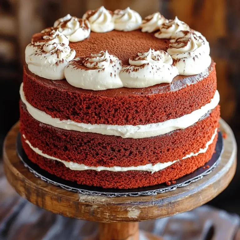 Um einen köstlichen roten Samtkuchen zu backen, brauchst du folgende Zutaten: - 2 ½ Tassen Allzweckmehl - 1 ½ Tassen Kristallzucker - 1 Teelöffel Natron - 1 Teelöffel Salz - 1 Teelöffel Kakaopulver - 1 ½ Tassen Pflanzenöl - 1 Tasse Buttermilch, Zimmertemperatur - 2 große Eier, Zimmertemperatur - 2 Esslöffel rote Lebensmittelfarbe - 1 Teelöffel Vanilleextrakt - 1 Teelöffel weiße Essig Diese Zutaten geben dem Kuchen seine schöne Farbe und den tollen Geschmack. Für das Frosting benötigst du diese Zutaten: - 8 oz Frischkäse, weich - ½ Tasse ungesalzene Butter, weich - 4 Tassen Puderzucker - 1 Teelöffel Vanilleextrakt Das Frosting ist der Höhepunkt des Kuchens. Es macht ihn cremig und lecker. Achte darauf, frische Zutaten zu verwenden. Die Eier sollten Zimmertemperatur haben, damit der Teig gut aufgeht. Die rote Lebensmittelfarbe ist wichtig für die schöne Farbe. Du kannst die Menge anpassen, um die Intensität zu ändern. Für das beste Ergebnis empfehle ich, die Zutaten genau abzuwiegen. So wird dein Kuchen gleichmäßig und fluffig. Wenn du mehr über das Rezept erfahren willst, schau dir die [Full Recipe] an. Heize den Ofen auf 175°C vor. Das ist wichtig für den perfekten Kuchen. Fette zwei runde Formen ein. Streue etwas Mehl in die Formen, um das Ankleben zu vermeiden. Klopfe die Formen leicht, um überschüssiges Mehl zu entfernen. In einer großen Schüssel mische die trockenen Zutaten. Das sind Allzweckmehl, Zucker, Natron, Salz und Kakaopulver. Siebe alles gut, um Klumpen zu vermeiden. Rühre die Mischung gründlich, bis alles gut verteilt ist. Das gibt dem Kuchen eine gleichmäßige Textur. In einer separaten Schüssel vermenge die feuchten Zutaten. Das sind Pflanzenöl, Buttermilch, Eier, Lebensmittelfarbe, Vanilleextrakt und Essig. Verwende einen Schneebesen, um alles gut zu verrühren. Die Mischung sollte glatt und gleichmäßig sein. Diese Zutaten bringen Geschmack und Feuchtigkeit in den Kuchen. Füge die feuchten Zutaten zu den trockenen hinzu. Rühre nur, bis alles gerade vermischt ist. Es ist okay, wenn der Teig ein paar Klümpchen hat. Verteile den Teig gleichmäßig in die Formen. Backe die Kuchen 25 bis 30 Minuten. Überprüfe mit einem Zahnstocher, ob sie fertig sind. Für das Frosting schlage Frischkäse und Butter in einer Schüssel. Rühre, bis die Mischung cremig ist. Füge den Puderzucker nach und nach hinzu. Mische weiter, bis das Frosting leicht und fluffig ist. Wenn die Kuchen abgekühlt sind, schichte und dekoriere sie mit Frosting. Nutze die Reste für eine schöne Garnitur. Du findest das gesamte Rezept im Abschnitt "Zutaten". Um die richtige Konsistenz des Teigs zu erreichen, achte darauf, die Zutaten genau zu messen. Verwende eine Küchenwaage für mehr Genauigkeit. Mische die trockenen Zutaten gut, damit sie gleichmäßig verteilt sind. Wenn du die feuchten Zutaten hinzufügst, rühre sanft. Übermische den Teig nicht, einige Klümpchen sind okay. Das sorgt für einen zarten Kuchen. Für den perfekten roten Samtkuchen heize deinen Ofen auf 175°C vor. Backe die Kuchen 25 bis 30 Minuten. Prüfe mit einem Zahnstocher, ob sie fertig sind. Der Zahnstocher sollte sauber herauskommen. Wenn der Kuchen zu lange backt, wird er trocken. Achte also gut auf die Zeit! Lass den Kuchen komplett abkühlen, bevor du ihn lagerst. Wickel ihn in Frischhaltefolie oder lege ihn in einen luftdichten Behälter. So bleibt er frisch und feucht. Du kannst den Kuchen auch einfrieren. Schneide ihn in Stücke und lege sie in einen Gefrierbeutel. So hast du immer ein Stück roten Samtkuchen bereit! Für das vollständige Rezept, schau dir die [Full Recipe] an. {{image_4}} Für eine glutenfreie Version des roten Samtkuchens tauschen Sie das Allzweckmehl gegen eine glutenfreie Mehlmischung aus. Achten Sie darauf, dass die Mischung eine gute Bindung hat. Mehl aus Mandeln oder Kokosnuss kann auch funktionieren. Die Konsistenz bleibt ähnlich, und der Geschmack bleibt köstlich. Um den Kuchen vegan zu machen, ersetzen Sie die Eier. Verwenden Sie stattdessen Apfelmus oder eine Mischung aus Leinsamen und Wasser. Für die Buttermilch können Sie pflanzliche Milch mit etwas Essig mischen. Auch das Frosting lässt sich leicht vegan zubereiten. Ersetzen Sie die Butter durch vegane Margarine und den Frischkäse durch eine pflanzliche Alternative. Das klassische Frischkäsefrosting ist toll, aber Sie können kreativ werden! Probieren Sie ein Schokoladenfrosting für einen reichen Geschmack. Ein Zitronenfrosting gibt einen frischen Touch. Für etwas Einzigartiges können Sie ein Kokosnuss- oder Erdbeerfrosting verwenden. Jede dieser Optionen bringt den roten Samtkuchen auf eine neue Ebene. Für das beste Ergebnis, schauen Sie sich das [Full Recipe] an. Um deinen roten Samtkuchen frisch zu halten, lege ihn in einen luftdichten Behälter. Du kannst ihn auch in Frischhaltefolie wickeln. So bleibt er saftig und lecker. Stelle den Behälter an einen kühlen, trockenen Ort. Vermeide es, den Kuchen in die Nähe von Wärmequellen zu stellen. Wenn du Reste hast, kannst du den Kuchen einfrieren. Schneide ihn in Stücke und lege diese in einen luftdichten Beutel. Entferne so viel Luft wie möglich, um Gefrierbrand zu vermeiden. Du kannst den Kuchen bis zu drei Monate im Gefrierfach aufbewahren. Zum Auftauen, lasse die Stücke einfach bei Raumtemperatur stehen. Im Kühlschrank bleibt der rote Samtkuchen gut für etwa fünf bis sieben Tage frisch. Achte darauf, ihn gut abzudecken, damit er keine anderen Gerüche aufnimmt. Wenn du das Frosting darauf hast, wird der Kuchen etwas länger frisch bleiben. Er bleibt so lecker und feucht. Das Backen eines roten Samtkuchens dauert etwa 25 bis 30 Minuten. Nach dem Backen lasse ich die Kuchen für 10 Minuten in den Formen abkühlen. Danach stürze ich sie auf ein Kuchengitter. So können sie vollständig abkühlen. Wenn dein Kuchen nicht rot genug wird, liegt das oft an der Lebensmittelfarbe. Verwende genug rote Lebensmittelfarbe, um die richtige Farbe zu erzielen. Manchmal hilft es, die Farbe in den feuchten Zutaten gut zu verteilen. Ja, du kannst das Rezept anpassen. Wenn du einen größeren Kuchen backen möchtest, verdopple die Zutaten. Achte darauf, die Backzeit zu verlängern. Prüfe mit einem Zahnstocher, ob der Kuchen fertig ist. Für eine schöne Dekoration kannst du das Frosting gleichmäßig auftragen. Streue etwas Kakaopulver oder Krümel des Kuchens oben drauf. Frische Beeren oder essbare Blüten passen ebenfalls gut dazu. Zu einem roten Samtkuchen passen viele Beilagen. Eine gute Option ist Vanilleeis oder eine fruchtige Sauce. Auch frische Früchte bieten einen tollen Kontrast. Diese Beilagen ergänzen den süßen Geschmack des Kuchens perfekt. Dieser Artikel hat Ihnen gezeigt, wie man einen roten Samtkuchen macht. Wir haben die benötigten Zutaten, die Schritte zum Backen und Tipps für beste Ergebnisse besprochen. Sie können nun sogar Variationen ausprobieren und lernen, wie man den Kuchen aufbewahrt. Ein leckerer roter Samtkuchen ist ein echter Publikumsmagnet. Ich hoffe, Sie probieren es aus und genießen ihn!