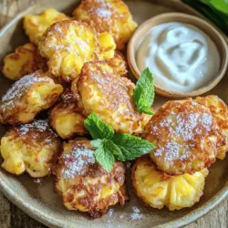 - 1 reife Ananas, geschält und in kleine Stücke geschnitten - 1 Tasse Mehl - 2 EL Zucker - 1 TL Backpulver - 1/2 TL Salz - 1/4 TL Zimt - 1/2 Tasse Kokosmilch - 1 großes Ei - Öl zum Frittieren - Puderzucker zum Bestäuben