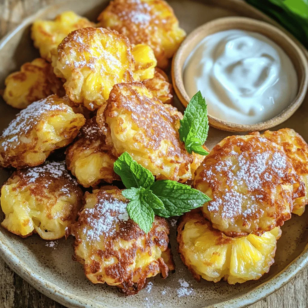 - 1 reife Ananas, geschält und in kleine Stücke geschnitten - 1 Tasse Mehl - 2 EL Zucker - 1 TL Backpulver - 1/2 TL Salz - 1/4 TL Zimt - 1/2 Tasse Kokosmilch - 1 großes Ei - Öl zum Frittieren - Puderzucker zum Bestäuben