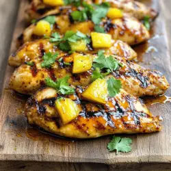Hier sind die Zutaten, die du für Chili Ananas Gegrilltes Hähnchen brauchst: - 4 Hähnchenbrustfilets ohne Knochen und Haut - 1 Tasse frische Ananas, gewürfelt - 2 Esslöffel Chilipaste (oder Sriracha für eine mildere Note) - 2 Esslöffel Sojasoße - 1 Esslöffel Honig - 2 Knoblauchzehen, fein gehackt - 1 Teelöffel frischer Ingwer, gerieben - 1 Esslöffel Limettensaft - 1 Esslöffel Olivenöl - Salz und Pfeffer nach Geschmack - Frischer Koriander zur Garnierung Diese Zutaten machen das Hähnchen lecker und frisch. Die Kombination aus süß und scharf macht das Gericht besonders. Wenn du einige Zutaten nicht hast, mache dir keine Sorgen! Hier sind einige Alternativen: - Ananas: Du kannst auch Mango oder Pfirsiche verwenden. - Chilipaste: Verwende Paprikapulver oder eine milde Salsa für weniger Schärfe. - Sojasoße: Tamari ist eine glutenfreie Option. - Honig: Agavendicksaft ist eine gute vegane Alternative. Experimentiere mit diesen Optionen, um deinen eigenen Geschmack zu treffen. Frische Zutaten bringen den besten Geschmack. Verwende frische Ananas, wenn du kannst. Sie ist süß und saftig. Dosenananas sind eine gute Ersatzwahl, wenn frische Ananas nicht verfügbar ist. Achte darauf, die Flüssigkeit abzulassen, bevor du sie grillst. Dies hilft, das Hähnchen nicht zu verwässern. Wenn du willst, kannst du auch frische Kräuter für die Garnierung verwenden. Frischer Koriander hebt den Geschmack und macht das Gericht hübsch. Denke daran, dass frische Zutaten immer mehr Geschmack bringen. Um die Marinade zu machen, nimm eine Schüssel. Füge die Chilipaste, Sojasoße, Honig, gehackten Knoblauch, geriebenen Ingwer, Limettensaft und Olivenöl hinzu. Rühre alles gut um, bis es gleichmäßig aussieht. Diese Marinade gibt dem Hähnchen viel Geschmack. Sie ist einfach und macht das Gericht besonders lecker. Lege die Hähnchenbrustfilets in einen großen, wiederverschließbaren Beutel oder in eine flache Schale. Gieße die Marinade darüber und stelle sicher, dass das Hähnchen gut bedeckt ist. Verschließe den Beutel oder decke die Schale ab. Lass das Hähnchen mindestens 30 Minuten im Kühlschrank marinieren. Das kann auch bis zu 2 Stunden dauern, um den vollen Geschmack zu bekommen. Heize den Grill auf mittelhohe Hitze vor. Bestreiche die Grillroste leicht mit etwas Öl. Das verhindert, dass das Hähnchen kleben bleibt. Nimm die Hähnchenbrustfilets aus der Marinade und lass die überschüssige Marinade abtropfen. Würze sie dann mit Salz und Pfeffer. Lege die Filets auf den Grill und grille sie 6-7 Minuten auf jeder Seite. Das Hähnchen ist fertig, wenn die Säfte klar sind und die innere Temperatur 74°C erreicht. In den letzten Minuten kannst du die gewürfelte Ananas grillen, bis sie schön karamellisiert ist. Die richtige Grilltemperatur macht einen großen Unterschied. Für Chili Pineapple Grilled Chicken sollte der Grill auf mittelhohe Hitze vorgeheizt werden. Das bedeutet etwa 190 bis 230 Grad Celsius. Diese Temperatur sorgt dafür, dass das Hähnchen schnell gar wird und eine schöne Grillmarkierung bekommt. Verwenden Sie ein Grillthermometer, um die genaue Temperatur zu prüfen. Um das Hähnchen saftig zu halten, marinieren Sie es gut. Lassen Sie es mindestens 30 Minuten in der Marinade. Ideal ist jedoch eine Marinierzeit von bis zu zwei Stunden. Durch die Marinade dringt der Geschmack tief ins Fleisch ein. Grillen Sie das Hähnchen nicht zu lange. Die Innentemperatur sollte 74 Grad Celsius erreichen. Lassen Sie es nach dem Grillen ruhen, damit die Säfte im Fleisch bleiben. Chili Pineapple Grilled Chicken passt gut zu frischen Beilagen. Servieren Sie es mit einem einfachen grünen Salat oder gegrilltem Gemüse. Reis oder Quinoa sind ebenfalls gute Optionen. Sie können auch Tortillas verwenden, um Wraps zu machen. Garnieren Sie das Gericht mit frischem Koriander für mehr Geschmack. Weitere Ideen finden Sie in der Full Recipe. {{image_4}} Diese Variante bringt einen fruchtigen Twist. Sie ersetzen die Ananas durch eine bunte Mischung aus Paprika. Paprika verleiht dem Gericht eine süß-säuerliche Note. Sie können rote, gelbe und grüne Paprika verwenden. Die Farben machen das Gericht noch ansprechender. Einfach die Paprika in Würfel schneiden und in die Marinade geben. Grillen Sie die Paprika zusammen mit dem Hähnchen. So erhalten Sie ein köstliches, süß-saures Aroma. Lieben Sie es scharf? Dann probieren Sie diese scharfe Variante. Fügen Sie frische Jalapeños zur Marinade hinzu. Schneiden Sie die Jalapeños in kleine Ringe und mischen Sie sie mit der Marinade. Je mehr Jalapeños, desto schärfer wird das Gericht. Achten Sie darauf, die Kerne zu entfernen, wenn Sie es weniger scharf mögen. Grillen Sie das Hähnchen wie gewohnt. Der Kick durch die Jalapeños wird jeden Grillabend aufpeppen. Möchten Sie eine vegetarische Option? Ersetzen Sie das Hähnchen durch festen Tofu. Schneiden Sie den Tofu in dicke Scheiben. Marinieren Sie ihn genau wie das Hähnchen. Lassen Sie den Tofu mindestens 30 Minuten in der Marinade ziehen. Grillen Sie ihn dann für 4-5 Minuten pro Seite. Der Tofu nimmt die Aromen der Marinade gut auf. Servieren Sie ihn mit gegrillter Ananas für einen leckeren Kontrast. Um übrig gebliebenes Hähnchen richtig zu lagern, folge diesen einfachen Schritten: - Lass das Hähnchen auf Zimmertemperatur abkühlen. - Wickel es fest in Frischhaltefolie oder lege es in einen luftdichten Behälter. - Stelle sicher, dass die Temperatur des Kühlschranks unter 4 °C liegt. - So bleibt das Hähnchen frisch für bis zu drei Tage. Die gegrillte Ananas braucht auch besondere Pflege: - Lass die Ananas etwas abkühlen, bevor du sie lagerst. - Bewahre sie in einem luftdichten Behälter im Kühlschrank auf. - So bleibt sie für zwei bis drei Tage frisch und lecker. Um das Hähnchen und die Ananas wieder zu erwärmen, gibt es einige einfache Tipps: - Verwende den Ofen, um das Hähnchen gleichmäßig zu erhitzen. Stelle ihn auf 180 °C ein und erwärme das Hähnchen für etwa 15 Minuten. - Für die Ananas kannst du die Mikrowelle nutzen. Erwärme sie in kurzen Intervallen, um sie nicht zu verkochen. - Achte darauf, das Hähnchen nicht zu überhitzen, damit es saftig bleibt. Mit diesen Tipps bleibt dein Chili Pineapple Grilled Chicken auch nach dem Grillen köstlich. Wenn du die Schritte im [Full Recipe] befolgst, wirst du immer ein tolles Ergebnis haben! Hähnchenbrustfilets brauchen etwa 12 bis 14 Minuten auf dem Grill. Grillen Sie sie 6 bis 7 Minuten pro Seite. Die Innentemperatur sollte 74°C erreichen. Überprüfen Sie die Hähnchenstücke mit einem Thermometer. So stellen Sie sicher, dass das Fleisch durchgegart ist. Ja, Sie können die Marinade im Voraus zubereiten. Mischen Sie alle Zutaten in einer Schüssel. Lagern Sie die Marinade dann in einem luftdichten Behälter im Kühlschrank. Sie bleibt so bis zu drei Tage frisch. Dies spart Zeit, wenn Sie das Hähnchen zubereiten möchten. Um Chili Pineapple Grilled Chicken in einer Pfanne zuzubereiten, erhitzen Sie etwas Öl in einer großen Pfanne. Legen Sie die marinierten Hähnchenbrustfilets in die Pfanne. Braten Sie sie bei mittlerer Hitze für 6-7 Minuten pro Seite. Fügen Sie die gewürfelte Ananas in den letzten Minuten hinzu. Braten Sie sie, bis sie leicht karamellisiert ist. Dies ergibt ein ähnliches köstliches Ergebnis wie der Grill. Für das vollständige Rezept schauen Sie sich die [Full Recipe] an. In diesem Beitrag haben wir eine detaillierte Anleitung zum Grillen von Chili Pineapple Hähnchen gegeben. Wir haben die besten Zutaten, Marinaden und hilfreiche Tipps für das Grillen besprochen. Zudem haben wir Variationen und Lagerungshinweise behandelt. Für den besten Geschmack ist eine gute Vorbereitung wichtig. Experimentiere mit den vorgeschlagenen Zutaten und Variationen. Damit zauberst du garantiert ein leckeres Gericht!