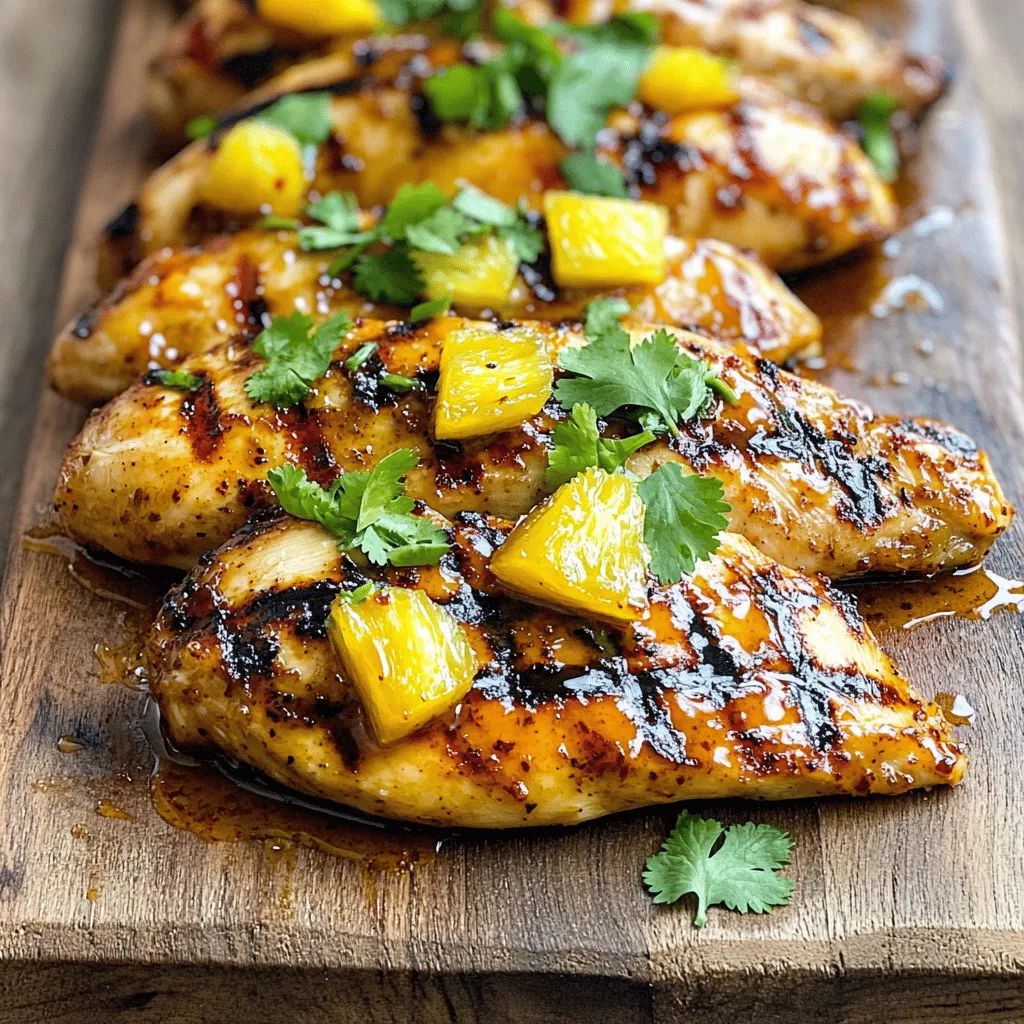Hier sind die Zutaten, die du für Chili Ananas Gegrilltes Hähnchen brauchst: - 4 Hähnchenbrustfilets ohne Knochen und Haut - 1 Tasse frische Ananas, gewürfelt - 2 Esslöffel Chilipaste (oder Sriracha für eine mildere Note) - 2 Esslöffel Sojasoße - 1 Esslöffel Honig - 2 Knoblauchzehen, fein gehackt - 1 Teelöffel frischer Ingwer, gerieben - 1 Esslöffel Limettensaft - 1 Esslöffel Olivenöl - Salz und Pfeffer nach Geschmack - Frischer Koriander zur Garnierung Diese Zutaten machen das Hähnchen lecker und frisch. Die Kombination aus süß und scharf macht das Gericht besonders. Wenn du einige Zutaten nicht hast, mache dir keine Sorgen! Hier sind einige Alternativen: - Ananas: Du kannst auch Mango oder Pfirsiche verwenden. - Chilipaste: Verwende Paprikapulver oder eine milde Salsa für weniger Schärfe. - Sojasoße: Tamari ist eine glutenfreie Option. - Honig: Agavendicksaft ist eine gute vegane Alternative. Experimentiere mit diesen Optionen, um deinen eigenen Geschmack zu treffen. Frische Zutaten bringen den besten Geschmack. Verwende frische Ananas, wenn du kannst. Sie ist süß und saftig. Dosenananas sind eine gute Ersatzwahl, wenn frische Ananas nicht verfügbar ist. Achte darauf, die Flüssigkeit abzulassen, bevor du sie grillst. Dies hilft, das Hähnchen nicht zu verwässern. Wenn du willst, kannst du auch frische Kräuter für die Garnierung verwenden. Frischer Koriander hebt den Geschmack und macht das Gericht hübsch. Denke daran, dass frische Zutaten immer mehr Geschmack bringen. Um die Marinade zu machen, nimm eine Schüssel. Füge die Chilipaste, Sojasoße, Honig, gehackten Knoblauch, geriebenen Ingwer, Limettensaft und Olivenöl hinzu. Rühre alles gut um, bis es gleichmäßig aussieht. Diese Marinade gibt dem Hähnchen viel Geschmack. Sie ist einfach und macht das Gericht besonders lecker. Lege die Hähnchenbrustfilets in einen großen, wiederverschließbaren Beutel oder in eine flache Schale. Gieße die Marinade darüber und stelle sicher, dass das Hähnchen gut bedeckt ist. Verschließe den Beutel oder decke die Schale ab. Lass das Hähnchen mindestens 30 Minuten im Kühlschrank marinieren. Das kann auch bis zu 2 Stunden dauern, um den vollen Geschmack zu bekommen. Heize den Grill auf mittelhohe Hitze vor. Bestreiche die Grillroste leicht mit etwas Öl. Das verhindert, dass das Hähnchen kleben bleibt. Nimm die Hähnchenbrustfilets aus der Marinade und lass die überschüssige Marinade abtropfen. Würze sie dann mit Salz und Pfeffer. Lege die Filets auf den Grill und grille sie 6-7 Minuten auf jeder Seite. Das Hähnchen ist fertig, wenn die Säfte klar sind und die innere Temperatur 74°C erreicht. In den letzten Minuten kannst du die gewürfelte Ananas grillen, bis sie schön karamellisiert ist. Die richtige Grilltemperatur macht einen großen Unterschied. Für Chili Pineapple Grilled Chicken sollte der Grill auf mittelhohe Hitze vorgeheizt werden. Das bedeutet etwa 190 bis 230 Grad Celsius. Diese Temperatur sorgt dafür, dass das Hähnchen schnell gar wird und eine schöne Grillmarkierung bekommt. Verwenden Sie ein Grillthermometer, um die genaue Temperatur zu prüfen. Um das Hähnchen saftig zu halten, marinieren Sie es gut. Lassen Sie es mindestens 30 Minuten in der Marinade. Ideal ist jedoch eine Marinierzeit von bis zu zwei Stunden. Durch die Marinade dringt der Geschmack tief ins Fleisch ein. Grillen Sie das Hähnchen nicht zu lange. Die Innentemperatur sollte 74 Grad Celsius erreichen. Lassen Sie es nach dem Grillen ruhen, damit die Säfte im Fleisch bleiben. Chili Pineapple Grilled Chicken passt gut zu frischen Beilagen. Servieren Sie es mit einem einfachen grünen Salat oder gegrilltem Gemüse. Reis oder Quinoa sind ebenfalls gute Optionen. Sie können auch Tortillas verwenden, um Wraps zu machen. Garnieren Sie das Gericht mit frischem Koriander für mehr Geschmack. Weitere Ideen finden Sie in der Full Recipe. {{image_4}} Diese Variante bringt einen fruchtigen Twist. Sie ersetzen die Ananas durch eine bunte Mischung aus Paprika. Paprika verleiht dem Gericht eine süß-säuerliche Note. Sie können rote, gelbe und grüne Paprika verwenden. Die Farben machen das Gericht noch ansprechender. Einfach die Paprika in Würfel schneiden und in die Marinade geben. Grillen Sie die Paprika zusammen mit dem Hähnchen. So erhalten Sie ein köstliches, süß-saures Aroma. Lieben Sie es scharf? Dann probieren Sie diese scharfe Variante. Fügen Sie frische Jalapeños zur Marinade hinzu. Schneiden Sie die Jalapeños in kleine Ringe und mischen Sie sie mit der Marinade. Je mehr Jalapeños, desto schärfer wird das Gericht. Achten Sie darauf, die Kerne zu entfernen, wenn Sie es weniger scharf mögen. Grillen Sie das Hähnchen wie gewohnt. Der Kick durch die Jalapeños wird jeden Grillabend aufpeppen. Möchten Sie eine vegetarische Option? Ersetzen Sie das Hähnchen durch festen Tofu. Schneiden Sie den Tofu in dicke Scheiben. Marinieren Sie ihn genau wie das Hähnchen. Lassen Sie den Tofu mindestens 30 Minuten in der Marinade ziehen. Grillen Sie ihn dann für 4-5 Minuten pro Seite. Der Tofu nimmt die Aromen der Marinade gut auf. Servieren Sie ihn mit gegrillter Ananas für einen leckeren Kontrast. Um übrig gebliebenes Hähnchen richtig zu lagern, folge diesen einfachen Schritten: - Lass das Hähnchen auf Zimmertemperatur abkühlen. - Wickel es fest in Frischhaltefolie oder lege es in einen luftdichten Behälter. - Stelle sicher, dass die Temperatur des Kühlschranks unter 4 °C liegt. - So bleibt das Hähnchen frisch für bis zu drei Tage. Die gegrillte Ananas braucht auch besondere Pflege: - Lass die Ananas etwas abkühlen, bevor du sie lagerst. - Bewahre sie in einem luftdichten Behälter im Kühlschrank auf. - So bleibt sie für zwei bis drei Tage frisch und lecker. Um das Hähnchen und die Ananas wieder zu erwärmen, gibt es einige einfache Tipps: - Verwende den Ofen, um das Hähnchen gleichmäßig zu erhitzen. Stelle ihn auf 180 °C ein und erwärme das Hähnchen für etwa 15 Minuten. - Für die Ananas kannst du die Mikrowelle nutzen. Erwärme sie in kurzen Intervallen, um sie nicht zu verkochen. - Achte darauf, das Hähnchen nicht zu überhitzen, damit es saftig bleibt. Mit diesen Tipps bleibt dein Chili Pineapple Grilled Chicken auch nach dem Grillen köstlich. Wenn du die Schritte im [Full Recipe] befolgst, wirst du immer ein tolles Ergebnis haben! Hähnchenbrustfilets brauchen etwa 12 bis 14 Minuten auf dem Grill. Grillen Sie sie 6 bis 7 Minuten pro Seite. Die Innentemperatur sollte 74°C erreichen. Überprüfen Sie die Hähnchenstücke mit einem Thermometer. So stellen Sie sicher, dass das Fleisch durchgegart ist. Ja, Sie können die Marinade im Voraus zubereiten. Mischen Sie alle Zutaten in einer Schüssel. Lagern Sie die Marinade dann in einem luftdichten Behälter im Kühlschrank. Sie bleibt so bis zu drei Tage frisch. Dies spart Zeit, wenn Sie das Hähnchen zubereiten möchten. Um Chili Pineapple Grilled Chicken in einer Pfanne zuzubereiten, erhitzen Sie etwas Öl in einer großen Pfanne. Legen Sie die marinierten Hähnchenbrustfilets in die Pfanne. Braten Sie sie bei mittlerer Hitze für 6-7 Minuten pro Seite. Fügen Sie die gewürfelte Ananas in den letzten Minuten hinzu. Braten Sie sie, bis sie leicht karamellisiert ist. Dies ergibt ein ähnliches köstliches Ergebnis wie der Grill. Für das vollständige Rezept schauen Sie sich die [Full Recipe] an. In diesem Beitrag haben wir eine detaillierte Anleitung zum Grillen von Chili Pineapple Hähnchen gegeben. Wir haben die besten Zutaten, Marinaden und hilfreiche Tipps für das Grillen besprochen. Zudem haben wir Variationen und Lagerungshinweise behandelt. Für den besten Geschmack ist eine gute Vorbereitung wichtig. Experimentiere mit den vorgeschlagenen Zutaten und Variationen. Damit zauberst du garantiert ein leckeres Gericht!