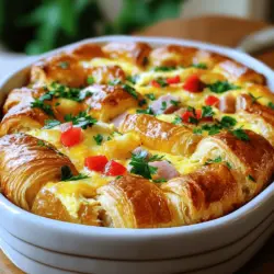 - 4 große Croissants, grob zerkleinert - 6 große Eier - 1 ½ Tassen Milch - 1 Tasse geriebener Käse (z.B. Gruyère oder Cheddar) - 1 Tasse gekochter Schinken, gewürfelt - 1 kleine Zwiebel, fein gehackt - 1 rote Paprika, gewürfelt - 2 Knoblauchzehen, gehackt - 1 Teelöffel Dijon-Senf - ½ Teelöffel getrockneter Thymian - Salz und Pfeffer nach Geschmack - Frische Petersilie oder Schnittlauch zum Garnieren