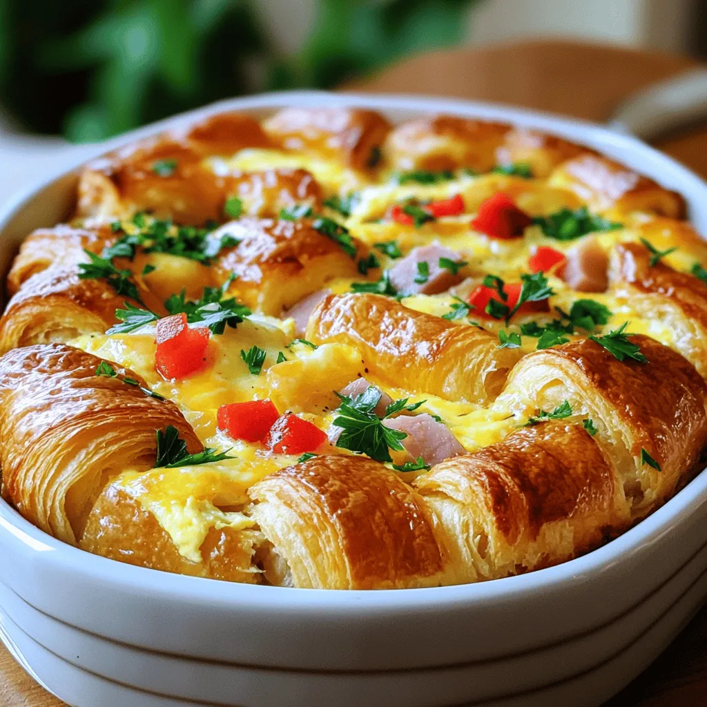 - 4 große Croissants, grob zerkleinert - 6 große Eier - 1 ½ Tassen Milch - 1 Tasse geriebener Käse (z.B. Gruyère oder Cheddar) - 1 Tasse gekochter Schinken, gewürfelt - 1 kleine Zwiebel, fein gehackt - 1 rote Paprika, gewürfelt - 2 Knoblauchzehen, gehackt - 1 Teelöffel Dijon-Senf - ½ Teelöffel getrockneter Thymian - Salz und Pfeffer nach Geschmack - Frische Petersilie oder Schnittlauch zum Garnieren