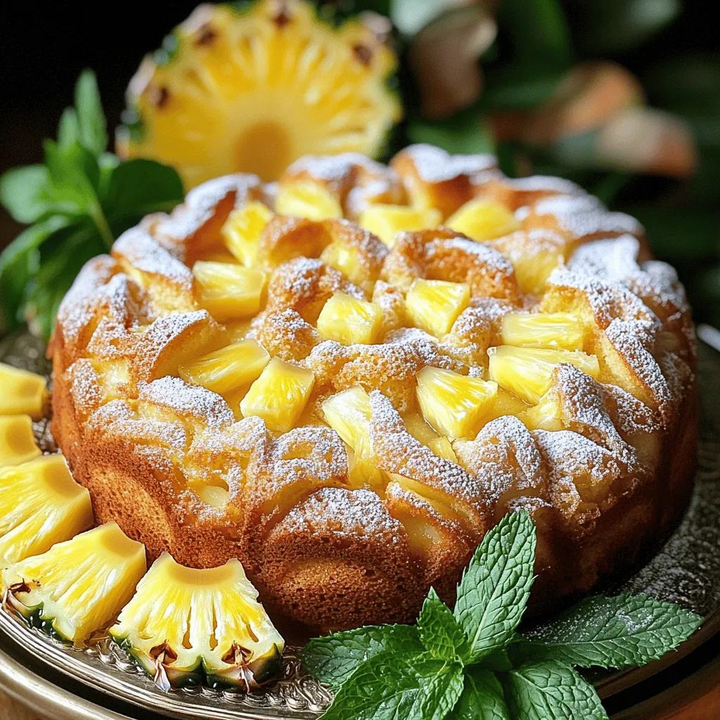 - 2 Tassen frische Ananassaft - 1 Tasse Zucker - 1/2 Tasse weiche Butter - 3 große Eier - 2 Tassen Allzweckmehl - 2 Teelöffel Backpulver - 1/2 Teelöffel Salz - 1 Teelöffel Vanilleextrakt - 1 Tasse Ananasstückchen (frisch oder aus der Dose, gut abgetropft) - Puderzucker (zum Bestäuben, optional)