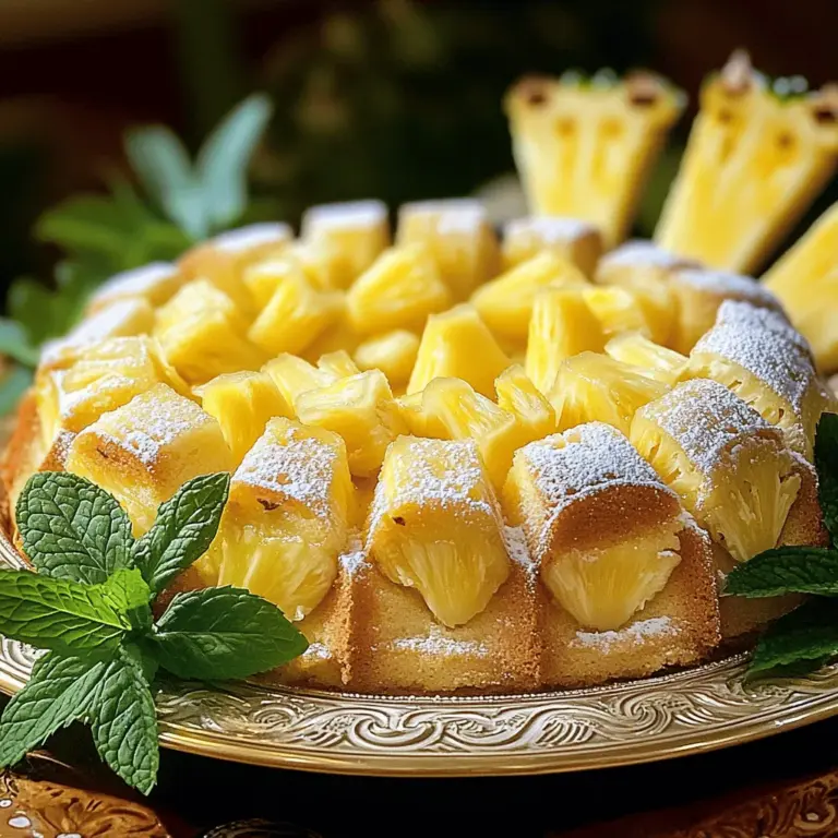 - 2 Tassen frische Ananassaft - 1 Tasse Zucker - 1/2 Tasse weiche Butter - 3 große Eier - 2 Tassen Allzweckmehl - 2 Teelöffel Backpulver - 1/2 Teelöffel Salz - 1 Teelöffel Vanilleextrakt - 1 Tasse Ananasstückchen (frisch oder aus der Dose, gut abgetropft) - Puderzucker (zum Bestäuben, optional)