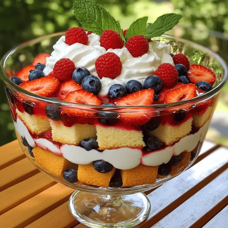 - 450 g Erdbeeren, geputzt und in Scheiben geschnitten - 450 g Heidelbeeren - 150 g Himbeeren - 480 ml Schlagsahne (gekauft oder selbstgemacht) - 450 g Vanille-Biskuitkuchen, in Würfel geschnitten - 240 g griechischer Joghurt (natur oder Vanille) - 2 Esslöffel Honig oder Ahornsirup - Frische Minzblätter zur Dekoration (optional) Für meinen Red, White and Blueberry Trifle verwende ich frische Beeren. Die Erdbeeren bringen eine süße Note. Heidelbeeren fügen eine schöne Farbe hinzu, während Himbeeren eine leichte Säure geben. Ich mag es, eine Mischung aus verschiedenen Beeren zu haben. So schmeckt der Trifle frisch und bunt. Die Schlagsahne kann selbstgemacht sein. Sie gibt dem Dessert eine leichte und luftige Textur. Ich empfehle, die Sahne aus frischer Sahne zu schlagen. Das macht den Trifle noch besser. Wenn es schnell gehen soll, kann man auch fertige Schlagsahne verwenden. Der Vanille-Biskuitkuchen sorgt für eine weiche Basis. Ich schneide ihn in kleine Würfel, damit er gut in die Schichten passt. Der griechische Joghurt bringt Cremigkeit. Wenn ich ihn mit Honig oder Ahornsirup mische, wird er süß und lecker. Die Minzblätter sind optional. Sie bringen Frische und sehen hübsch aus. Wenn du das Trifle dekorierst, gib ein paar ganze Beeren und Minze obendrauf. Es sieht toll aus! Wenn du die Zutaten zusammenstellst, achte darauf, dass alles frisch ist. So schmeckt dein Trifle am besten. Achte darauf, die richtige Menge zu haben. Du brauchst genug, um schöne Schichten zu bilden und jeden Bissen zu genießen. Für das vollständige Rezept schaue auf die [Full Recipe]. Wenn du keinen fertigen Biskuitkuchen hast, backe einen ganz einfachen. Mische die Zutaten gut und backe den Kuchen. Lasse ihn dann abkühlen. Nachdem der Kuchen kalt ist, schneide ihn in kleine Würfel. Diese Würfel werden die Basis für dein Trifle. Nimm deinen griechischen Joghurt und gib ihn in eine Schüssel. Füge Honig oder Ahornsirup hinzu. Rühre alles gut durch. Das macht den Joghurt süß und cremig. Diese Schicht gibt deinem Trifle einen tollen Geschmack. Beginne mit einer Schicht der Biskuitwürfel. Lege diese gleichmäßig in die Schüssel. Dann füge eine Schicht mit Erdbeeren, Heidelbeeren und Himbeeren hinzu. Achte darauf, dass die Farben schön leuchten. Das sieht toll aus! Danach kommt die Schicht mit dem gesüßten Joghurt. Streiche sie glatt, um die Beeren zu bedecken. Jetzt ist es Zeit für die Schlagsahne. Verteile die Schlagsahne gleichmäßig über die Joghurt-Schicht. Wiederhole diesen Vorgang, bis die Schüssel voll ist. Beende mit einer dicken Schicht Schlagsahne oben drauf. Dekoriere das Trifle mit ein paar ganzen Beeren und frischen Minzblättern, wenn du magst. Decke das Trifle ab und stelle es in den Kühlschrank. Lass es für mindestens zwei Stunden kühlen. So vereinen sich die Aromen gut. Du kannst das Trifle auch über Nacht im Kühlschrank lassen, um den Geschmack zu intensivieren. - Verwende klare Glasschalen für die Präsentation. So siehst du jede Schicht. - Dekorative Elemente hinzufügen macht das Dessert festlich. Eine kleine Fahne oder essbare Blumen sind ideal. - Kühl das Trifle mindestens zwei Stunden. So verbinden sich die Aromen gut. - Bereite das Trifle am Vortag vor. Dann sparst du Zeit am Serviertag. - Überfüllung der Schichten kann das Trifle schwer machen. Halte die Schichten dünn und gleichmäßig. - Achte auf das richtige Verhältnis von Zutaten. Zu viel Sahne macht es schwer, während zu viel Joghurt es wässrig macht. {{image_4}} Du kannst verschiedene Beeren oder Früchte verwenden. Erdbeeren, Himbeeren und Heidelbeeren sind klassisch. Aber auch Brombeeren, Kirschen oder Pfirsiche passen gut. Dies gibt deinem Trifle eine neue Note. Du kannst auch Saisonfrüchte nutzen. Äpfel im Herbst oder Pflaumen im Sommer machen den Dessertwechsel spannend. Probiere aromatisierten Joghurt für einen neuen Geschmack. Du kannst beispielsweise Vanille, Zitrone oder Erdbeere wählen. Das gibt dem Trifle eine fruchtige Note. Oder benutze alternative Süßungsmittel. Agavendicksaft oder Stevia sind tolle Optionen für weniger Zucker. Diese Variationen machen dein Trifle gesünder und immer wieder anders. Für eine glutenfreie Diät kannst du glutenfreien Biskuitkuchen verwenden. Es gibt viele Rezepte dafür, die einfach zu machen sind. Diese Kuchen sind oft sehr lecker und saftig. Du kannst auch andere Alternativen nutzen. Zum Beispiel Mandelmehl oder Kokosmehl sind gut für glutenfreie Rezepte. So bleibt dein Trifle köstlich und für alle geeignet. Um dein Red, White and Blueberry Trifle frisch zu halten, bewahre es im Kühlschrank auf. Stelle sicher, dass du es gut abdeckst. Eine Frischhaltefolie hilft dabei, die Feuchtigkeit zu halten und die Aromen zu bewahren. So bleibt dein Trifle bis zum Servieren lecker. Wie lange ist das Trifle haltbar? Im Kühlschrank hält es sich bis zu drei Tage. Achte darauf, dass die Früchte frisch sind. Wenn sie matschig werden, ist es Zeit, das Trifle zu genießen. Verwende frische Zutaten für den besten Geschmack und die beste Textur. Die besten Möglichkeiten zur Vorbereitung sind einfach. Du kannst den Biskuitkuchen und den Joghurt am Vortag zubereiten. Lagere sie getrennt im Kühlschrank. Am Tag des Servierens schichtest du die Zutaten einfach. So sparst du Zeit und kannst das Trifle frisch genießen! Die Zubereitung dauert etwa 30 Minuten. Danach benötigt das Trifle mindestens 2 Stunden Kühlzeit. Diese Zeit hilft den Aromen, sich gut zu vermischen. Wenn du die Aromen noch intensiver möchtest, lasse das Trifle über Nacht im Kühlschrank. Ja, du kannst das Trifle am Vortag machen. Dies spart Zeit am Serviertag. Baue die Schichten wie gewohnt auf und stelle das Trifle dann einfach in den Kühlschrank. Es bleibt frisch und lecker. So bist du am Tag der Feier entspannt. Für leichtere Optionen kannst du griechischen Joghurt verwenden. Er gibt eine ähnliche Cremigkeit. Vegane Alternativen sind auch möglich. Kokosnusscreme oder pflanzliche Sahne sind gute Optionen. Diese Varianten machen das Trifle leicht und gesund. Zusätzlich zu Erdbeeren, Heidelbeeren und Himbeeren kannst du auch andere Früchte nutzen. Pfirsiche, Kiwis oder sogar Bananen passen gut. Diese Früchte bringen neue Geschmäcker und Texturen. Experimentiere mit saisonalen Früchten für mehr Vielfalt. Das Trifle-Rezept, das wir besprochen haben, ist einfach und lecker. Es besteht aus frischen Beeren, fluffigem Biskuit und cremigem Joghurt. Präsentiere es in klaren Gläsern für einen tollen Blickfang. Vergiss nicht, die Kühlzeiten für den besten Geschmack zu beachten. Mit Variationen und vielen Tipps kannst du dein Trifle ständig anpassen. Dies macht es zu einem vielseitigen Dessert. Probiere es aus und genieße die leckeren Schichten in jedem Bissen. Du wirst es lieben, Freunde und Familie mit diesem Dessert zu beeindrucken.