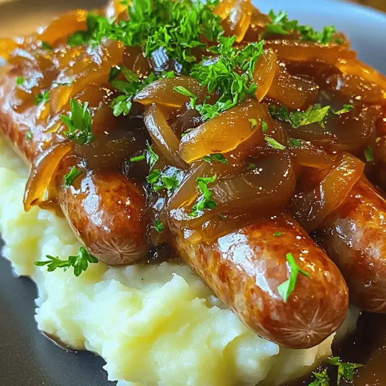 Für die perfekte Bangers & Mash benötigst du folgende Zutaten: - 6 frische Bratwürste (z.B. Schweine- oder Rinderwürste) - 600 g Kartoffeln, geschält und gewürfelt - 1 große Zwiebel, in dünne Ringe geschnitten - 2 EL Butter - 2 EL Olivenöl - 500 ml Rinderbrühe - 2 EL Mehl - 1 EL Worcestershire-Sauce - 1 TL Senf (optional) - Salz und Pfeffer nach Geschmack - Frische Petersilie zum Garnieren