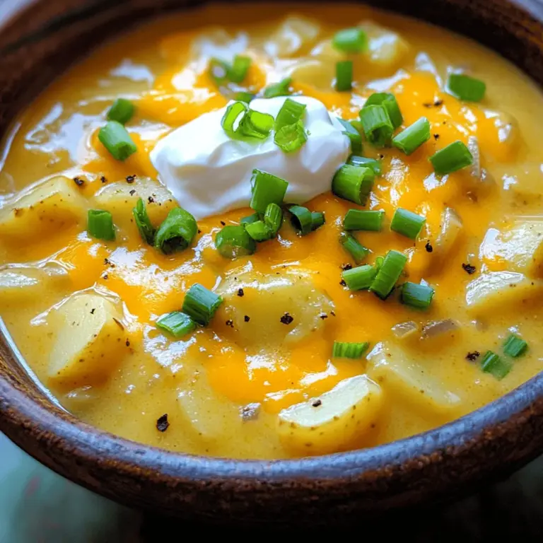 - 4 mittlere Russet-Kartoffeln - 1 mittelgroße Zwiebel - 2 Knoblauchzehen - 4 Tassen Gemüsebrühe - 1 Tasse geriebener scharfer Cheddar-Käse Die Hauptzutaten sind einfach zu finden. Ich liebe es, frische Kartoffeln zu verwenden. Sie geben der Suppe eine tolle Textur. Zwiebeln und Knoblauch sorgen für einen tollen Geschmack. Die Gemüsebrühe ist die Basis. Sie macht die Suppe schön leicht und lecker. Der scharfe Cheddar-Käse bringt den Käsegeschmack, den wir alle mögen. - 1 Teelöffel getrockneter Thymian - 1 Teelöffel Paprika - Salz und Pfeffer nach Geschmack - 1 Esslöffel Olivenöl Die Gewürze sind der Schlüssel zu einem guten Aroma. Der Thymian gibt der Suppe einen feinen, kräuterigen Geschmack. Paprika bringt eine leichte Süße und Farbe. Salz und Pfeffer helfen, die Aromen zu verstärken. Das Olivenöl macht die Zwiebeln schön weich und aromatisch. - 4 Esslöffel saure Sahne - Gehackte Frühlingszwiebeln Die Servieroptionen machen die Suppe noch besser. Ein Klecks saure Sahne gibt einen schönen, cremigen Geschmack. Gehackte Frühlingszwiebeln sind frisch und knusprig. Sie bringen Farbe und einen leichten Biss. Wenn du magst, kannst du die Suppe auch mit knusprigem Brot servieren. Für die vollständige Zubereitung schaue dir die [Full Recipe] an. Zuerst schälen Sie die Kartoffeln. Schneiden Sie sie in kleine Würfel. Dann hacken Sie die Zwiebel. Die Zwiebel sollte fein sein. Als Nächstes hacken Sie zwei Zehen Knoblauch. Diese Schritte sind wichtig für den Geschmack. Erhitzen Sie einen Esslöffel Olivenöl in einer Pfanne. Braten Sie die Zwiebeln an, bis sie glasig sind. Fügen Sie dann den Knoblauch hinzu und braten Sie ihn kurz mit. Geben Sie die angebratenen Zwiebeln und den Knoblauch in den Slow Cooker. Fügen Sie die Kartoffeln dazu. Gießen Sie vier Tassen Gemüsebrühe über die Mischung. Streuen Sie einen Teelöffel getrockneten Thymian und einen Teelöffel Paprika hinein. Schmecken Sie mit Salz und Pfeffer ab. Decken Sie den Slow Cooker ab. Kochen Sie die Suppe auf hoher Stufe für vier Stunden oder auf niedriger Stufe für sechs bis acht Stunden. Sobald die Kartoffeln weich sind, pürieren Sie die Suppe. Sie können einen Kartoffelstampfer oder einen Pürierstab verwenden. Lassen Sie einige Stücke für die Textur. Rühren Sie dann die Halb-und-Halb-Creme und den geriebenen Cheddar-Käse ein. Warten Sie, bis alles geschmolzen ist. Passen Sie die Würze an und geben Sie mehr Salz oder Pfeffer nach Bedarf hinzu. Lassen Sie den Käse für zehn Minuten schmelzen. Füllen Sie die Suppe in Schalen. Garnieren Sie sie mit saurer Sahne und gehackten Frühlingszwiebeln. Jetzt ist Ihre Slow Cooker Cheesy Potato Soup fertig! Für die vollständige Anleitung, schauen Sie sich das Full Recipe an. Um die perfekte Konsistenz für deine Suppe zu erreichen, püriere die Kartoffeln gut. Ich empfehle, einen Kartoffelstampfer oder einen Pürierstab zu nutzen. Du kannst die Suppe ganz glatt pürieren oder einige Stücke für mehr Textur lassen. Das gibt der Suppe einen tollen Biss. Wenn du keine Halb-und-Halb-Creme hast, probiere eine Mischung aus Milch und Sahne. Du kannst auch griechischen Joghurt verwenden, um eine leichte und cremige Note zu erzielen. Einige Gewürze können den Geschmack deiner Suppe wirklich heben. Füge einen Teelöffel Knoblauchpulver oder etwas Cayennepfeffer hinzu, um die Aromen zu verstärken. Auch ein Spritzer Zitronensaft kann helfen, die Geschmäcker zu beleben. Kräuter wie Petersilie oder Schnittlauch passen perfekt dazu. Sie bringen Frische und Farbe in die Suppe. Diese Kräuter kannst du direkt nach dem Kochen oder beim Servieren hinzufügen. Die Kochzeit kann je nach Slow Cooker-Modell variieren. Einige Modelle sind schneller als andere. Wenn deine Kartoffeln nach vier Stunden noch hart sind, lass sie länger kochen. Für eine schnellere Zubereitung kannst du die Kartoffeln vor dem Hinzufügen in Würfel schneiden. Kleinere Stücke garen schneller. Du kannst auch die Temperatur erhöhen, wenn du es eilig hast. {{image_4}} Eine tolle Möglichkeit, die Suppe zu variieren, ist das Hinzufügen von Gemüse. Karotten und Sellerie bringen Farbe und Geschmack. Du kannst sie einfach klein schneiden und zusammen mit den Kartoffeln in den Slow Cooker geben. Auch Brokkoli oder Paprika passen gut! Zusätzlich kannst du verschiedene Käsesorten ausprobieren. Neben Cheddar schmecken Gouda oder Gruyère ebenfalls köstlich. Mische sie, um neue Geschmäcker zu entdecken. Wenn du glutenfrei essen möchtest, ist diese Suppe perfekt! Alle Zutaten sind von Natur aus glutenfrei. Achte nur darauf, dass die Brühe auch glutenfrei ist. Für eine vegane Version tausche die Halb-und-Halb-Creme gegen eine pflanzliche Alternative aus. Kokosmilch oder Hafercreme sorgen für eine tolle Cremigkeit. Verwende einen veganen Käse, um den Geschmack zu erhalten. Lass dich von anderen Küchen inspirieren! Füge asiatische Aromen hinzu, indem du Ingwer und Sojasauce einrührst. Für einen italienischen Touch verwende Basilikum und Oregano. Experimentiere mit Gewürzen wie Kreuzkümmel oder Kurkuma für einen exotischen Geschmack. Diese Variationen können die Suppe in ein neues Gericht verwandeln. Für das vollständige Rezept, schau dir die Langsame Kochkäse-Kartoffelsuppe an. Um die Suppe frisch zu halten, lagere sie im Kühlschrank. Nutze dafür luftdichte Behälter. Diese verhindern, dass die Suppe Gerüche aufnimmt. Du kannst die Suppe auch in Portionen aufteilen. So hast du immer eine schnelle Mahlzeit bereit. Im Kühlschrank bleibt die Suppe bis zu fünf Tage gut. Achte darauf, sie schnell abzukühlen, bevor du sie in den Kühlschrank stellst. Wenn du die Suppe länger aufbewahren willst, friere sie ein. Sie hält sich bis zu drei Monate im Gefrierfach. Achte darauf, sie in gefriergeeigneten Behältern zu lagern. Für das Aufwärmen gibt es zwei einfache Methoden. Eine sichere Methode ist die Mikrowelle. Stelle die Suppe in eine mikrowellengeeignete Schüssel. Erhitze sie in kurzen Intervallen und rühre zwischendurch um. So wird die Suppe gleichmäßig warm. Die andere Methode ist das Erwärmen auf dem Herd. Gib die Suppe in einen Topf und erhitze sie bei mittlerer Hitze. Rühre regelmäßig, damit sie nicht anbrennt. Beide Methoden bringen den köstlichen Geschmack der Suppe zurück. Die Vorbereitung dauert etwa 15 Minuten. Du schälst und schneidest die Kartoffeln, hackst die Zwiebel und den Knoblauch. Dann gibst du alles in den Slow Cooker mit der Gemüsebrühe und den Gewürzen. Die Kochzeit beträgt entweder 4 Stunden auf hoher Stufe oder 6-8 Stunden auf niedriger Stufe. Wenn die Kartoffeln weich sind, pürierst du die Suppe, fügst die Creme und den Käse hinzu. So hast du in etwa 4 Stunden und 15 Minuten eine köstliche Suppe. Ja, du kannst die Suppe vegan machen! Ersetze einfach die Halb-und-Halb-Creme durch eine pflanzliche Milch wie Mandel- oder Hafermilch. Verwende auch veganen Käse oder lasse ihn ganz weg. Die Brühe sollte ebenfalls vegan sein, also achte darauf, eine Gemüsebrühe ohne tierische Produkte zu wählen. Mit diesen einfachen Änderungen bleibt der Geschmack großartig und die Suppe ist ganz pflanzlich. Zu dieser herzhaften Suppe passen viele leckere Beilagen. Ich empfehle, frisches Brot oder Brötchen zu servieren. Sie sind perfekt, um die Suppe aufzutunken. Ein einfacher grüner Salat ist ebenfalls eine gute Wahl. Für einen kleinen Snack kannst du auch knusprige Cracker oder Chips anbieten. Diese Beilagen ergänzen die Suppe und machen das Essen noch besser. In diesem Blogbeitrag haben wir die Zutaten, die Zubereitung und die besten Tipps für eine köstliche Slow Cooker Cheesy Potato Soup besprochen. Sie haben erfahren, wie Sie die Konsistenz anpassen und verschiedene Geschmacksideen umsetzen können. Denken Sie daran, dass es viele Variationen gibt, die Sie ausprobieren können. Ob vegan oder mit zusätzlichen Gemüsesorten, Ihre Suppe wird immer lecker sein. Nutzen Sie diese Anleitungen für ein tolles Gericht. Ihre Gäste werden begeistert sein!