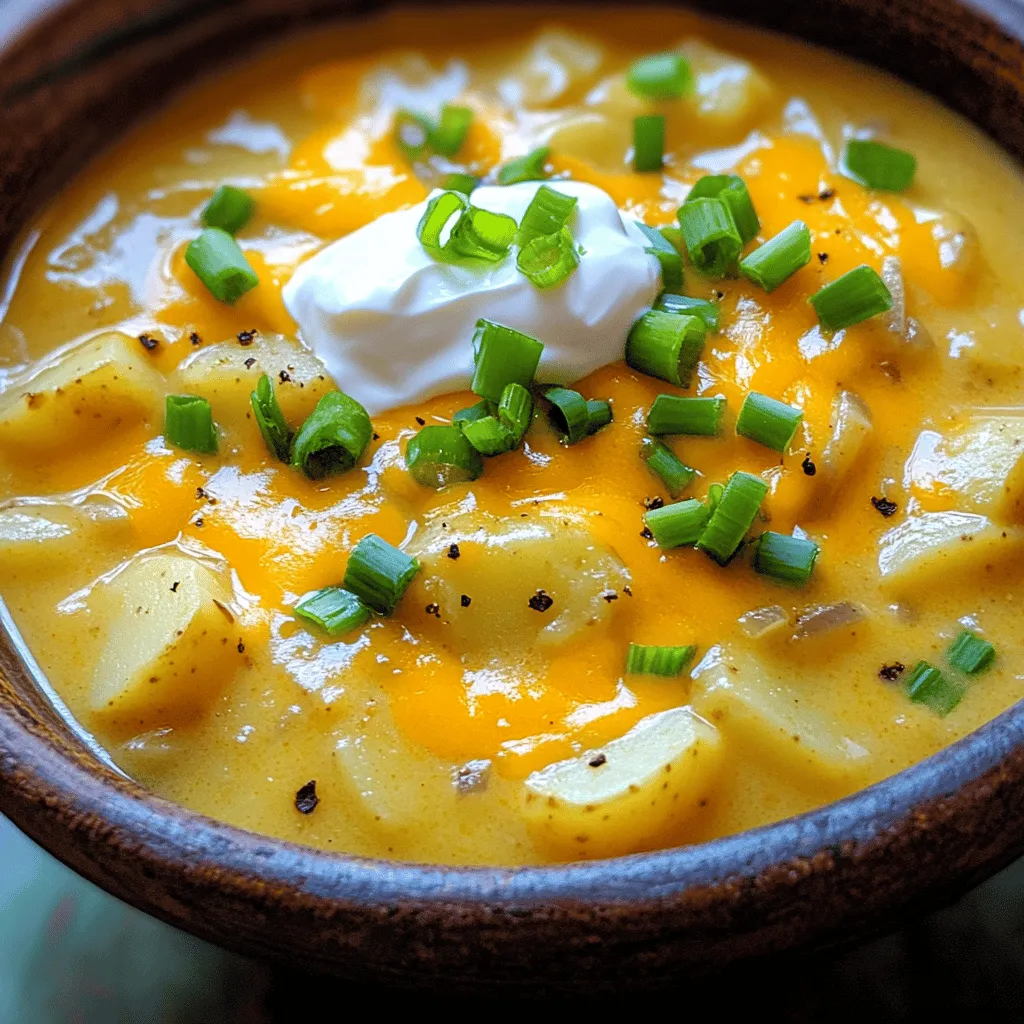 - 4 mittlere Russet-Kartoffeln - 1 mittelgroße Zwiebel - 2 Knoblauchzehen - 4 Tassen Gemüsebrühe - 1 Tasse geriebener scharfer Cheddar-Käse Die Hauptzutaten sind einfach zu finden. Ich liebe es, frische Kartoffeln zu verwenden. Sie geben der Suppe eine tolle Textur. Zwiebeln und Knoblauch sorgen für einen tollen Geschmack. Die Gemüsebrühe ist die Basis. Sie macht die Suppe schön leicht und lecker. Der scharfe Cheddar-Käse bringt den Käsegeschmack, den wir alle mögen. - 1 Teelöffel getrockneter Thymian - 1 Teelöffel Paprika - Salz und Pfeffer nach Geschmack - 1 Esslöffel Olivenöl Die Gewürze sind der Schlüssel zu einem guten Aroma. Der Thymian gibt der Suppe einen feinen, kräuterigen Geschmack. Paprika bringt eine leichte Süße und Farbe. Salz und Pfeffer helfen, die Aromen zu verstärken. Das Olivenöl macht die Zwiebeln schön weich und aromatisch. - 4 Esslöffel saure Sahne - Gehackte Frühlingszwiebeln Die Servieroptionen machen die Suppe noch besser. Ein Klecks saure Sahne gibt einen schönen, cremigen Geschmack. Gehackte Frühlingszwiebeln sind frisch und knusprig. Sie bringen Farbe und einen leichten Biss. Wenn du magst, kannst du die Suppe auch mit knusprigem Brot servieren. Für die vollständige Zubereitung schaue dir die [Full Recipe] an. Zuerst schälen Sie die Kartoffeln. Schneiden Sie sie in kleine Würfel. Dann hacken Sie die Zwiebel. Die Zwiebel sollte fein sein. Als Nächstes hacken Sie zwei Zehen Knoblauch. Diese Schritte sind wichtig für den Geschmack. Erhitzen Sie einen Esslöffel Olivenöl in einer Pfanne. Braten Sie die Zwiebeln an, bis sie glasig sind. Fügen Sie dann den Knoblauch hinzu und braten Sie ihn kurz mit. Geben Sie die angebratenen Zwiebeln und den Knoblauch in den Slow Cooker. Fügen Sie die Kartoffeln dazu. Gießen Sie vier Tassen Gemüsebrühe über die Mischung. Streuen Sie einen Teelöffel getrockneten Thymian und einen Teelöffel Paprika hinein. Schmecken Sie mit Salz und Pfeffer ab. Decken Sie den Slow Cooker ab. Kochen Sie die Suppe auf hoher Stufe für vier Stunden oder auf niedriger Stufe für sechs bis acht Stunden. Sobald die Kartoffeln weich sind, pürieren Sie die Suppe. Sie können einen Kartoffelstampfer oder einen Pürierstab verwenden. Lassen Sie einige Stücke für die Textur. Rühren Sie dann die Halb-und-Halb-Creme und den geriebenen Cheddar-Käse ein. Warten Sie, bis alles geschmolzen ist. Passen Sie die Würze an und geben Sie mehr Salz oder Pfeffer nach Bedarf hinzu. Lassen Sie den Käse für zehn Minuten schmelzen. Füllen Sie die Suppe in Schalen. Garnieren Sie sie mit saurer Sahne und gehackten Frühlingszwiebeln. Jetzt ist Ihre Slow Cooker Cheesy Potato Soup fertig! Für die vollständige Anleitung, schauen Sie sich das Full Recipe an. Um die perfekte Konsistenz für deine Suppe zu erreichen, püriere die Kartoffeln gut. Ich empfehle, einen Kartoffelstampfer oder einen Pürierstab zu nutzen. Du kannst die Suppe ganz glatt pürieren oder einige Stücke für mehr Textur lassen. Das gibt der Suppe einen tollen Biss. Wenn du keine Halb-und-Halb-Creme hast, probiere eine Mischung aus Milch und Sahne. Du kannst auch griechischen Joghurt verwenden, um eine leichte und cremige Note zu erzielen. Einige Gewürze können den Geschmack deiner Suppe wirklich heben. Füge einen Teelöffel Knoblauchpulver oder etwas Cayennepfeffer hinzu, um die Aromen zu verstärken. Auch ein Spritzer Zitronensaft kann helfen, die Geschmäcker zu beleben. Kräuter wie Petersilie oder Schnittlauch passen perfekt dazu. Sie bringen Frische und Farbe in die Suppe. Diese Kräuter kannst du direkt nach dem Kochen oder beim Servieren hinzufügen. Die Kochzeit kann je nach Slow Cooker-Modell variieren. Einige Modelle sind schneller als andere. Wenn deine Kartoffeln nach vier Stunden noch hart sind, lass sie länger kochen. Für eine schnellere Zubereitung kannst du die Kartoffeln vor dem Hinzufügen in Würfel schneiden. Kleinere Stücke garen schneller. Du kannst auch die Temperatur erhöhen, wenn du es eilig hast. {{image_4}} Eine tolle Möglichkeit, die Suppe zu variieren, ist das Hinzufügen von Gemüse. Karotten und Sellerie bringen Farbe und Geschmack. Du kannst sie einfach klein schneiden und zusammen mit den Kartoffeln in den Slow Cooker geben. Auch Brokkoli oder Paprika passen gut! Zusätzlich kannst du verschiedene Käsesorten ausprobieren. Neben Cheddar schmecken Gouda oder Gruyère ebenfalls köstlich. Mische sie, um neue Geschmäcker zu entdecken. Wenn du glutenfrei essen möchtest, ist diese Suppe perfekt! Alle Zutaten sind von Natur aus glutenfrei. Achte nur darauf, dass die Brühe auch glutenfrei ist. Für eine vegane Version tausche die Halb-und-Halb-Creme gegen eine pflanzliche Alternative aus. Kokosmilch oder Hafercreme sorgen für eine tolle Cremigkeit. Verwende einen veganen Käse, um den Geschmack zu erhalten. Lass dich von anderen Küchen inspirieren! Füge asiatische Aromen hinzu, indem du Ingwer und Sojasauce einrührst. Für einen italienischen Touch verwende Basilikum und Oregano. Experimentiere mit Gewürzen wie Kreuzkümmel oder Kurkuma für einen exotischen Geschmack. Diese Variationen können die Suppe in ein neues Gericht verwandeln. Für das vollständige Rezept, schau dir die Langsame Kochkäse-Kartoffelsuppe an. Um die Suppe frisch zu halten, lagere sie im Kühlschrank. Nutze dafür luftdichte Behälter. Diese verhindern, dass die Suppe Gerüche aufnimmt. Du kannst die Suppe auch in Portionen aufteilen. So hast du immer eine schnelle Mahlzeit bereit. Im Kühlschrank bleibt die Suppe bis zu fünf Tage gut. Achte darauf, sie schnell abzukühlen, bevor du sie in den Kühlschrank stellst. Wenn du die Suppe länger aufbewahren willst, friere sie ein. Sie hält sich bis zu drei Monate im Gefrierfach. Achte darauf, sie in gefriergeeigneten Behältern zu lagern. Für das Aufwärmen gibt es zwei einfache Methoden. Eine sichere Methode ist die Mikrowelle. Stelle die Suppe in eine mikrowellengeeignete Schüssel. Erhitze sie in kurzen Intervallen und rühre zwischendurch um. So wird die Suppe gleichmäßig warm. Die andere Methode ist das Erwärmen auf dem Herd. Gib die Suppe in einen Topf und erhitze sie bei mittlerer Hitze. Rühre regelmäßig, damit sie nicht anbrennt. Beide Methoden bringen den köstlichen Geschmack der Suppe zurück. Die Vorbereitung dauert etwa 15 Minuten. Du schälst und schneidest die Kartoffeln, hackst die Zwiebel und den Knoblauch. Dann gibst du alles in den Slow Cooker mit der Gemüsebrühe und den Gewürzen. Die Kochzeit beträgt entweder 4 Stunden auf hoher Stufe oder 6-8 Stunden auf niedriger Stufe. Wenn die Kartoffeln weich sind, pürierst du die Suppe, fügst die Creme und den Käse hinzu. So hast du in etwa 4 Stunden und 15 Minuten eine köstliche Suppe. Ja, du kannst die Suppe vegan machen! Ersetze einfach die Halb-und-Halb-Creme durch eine pflanzliche Milch wie Mandel- oder Hafermilch. Verwende auch veganen Käse oder lasse ihn ganz weg. Die Brühe sollte ebenfalls vegan sein, also achte darauf, eine Gemüsebrühe ohne tierische Produkte zu wählen. Mit diesen einfachen Änderungen bleibt der Geschmack großartig und die Suppe ist ganz pflanzlich. Zu dieser herzhaften Suppe passen viele leckere Beilagen. Ich empfehle, frisches Brot oder Brötchen zu servieren. Sie sind perfekt, um die Suppe aufzutunken. Ein einfacher grüner Salat ist ebenfalls eine gute Wahl. Für einen kleinen Snack kannst du auch knusprige Cracker oder Chips anbieten. Diese Beilagen ergänzen die Suppe und machen das Essen noch besser. In diesem Blogbeitrag haben wir die Zutaten, die Zubereitung und die besten Tipps für eine köstliche Slow Cooker Cheesy Potato Soup besprochen. Sie haben erfahren, wie Sie die Konsistenz anpassen und verschiedene Geschmacksideen umsetzen können. Denken Sie daran, dass es viele Variationen gibt, die Sie ausprobieren können. Ob vegan oder mit zusätzlichen Gemüsesorten, Ihre Suppe wird immer lecker sein. Nutzen Sie diese Anleitungen für ein tolles Gericht. Ihre Gäste werden begeistert sein!