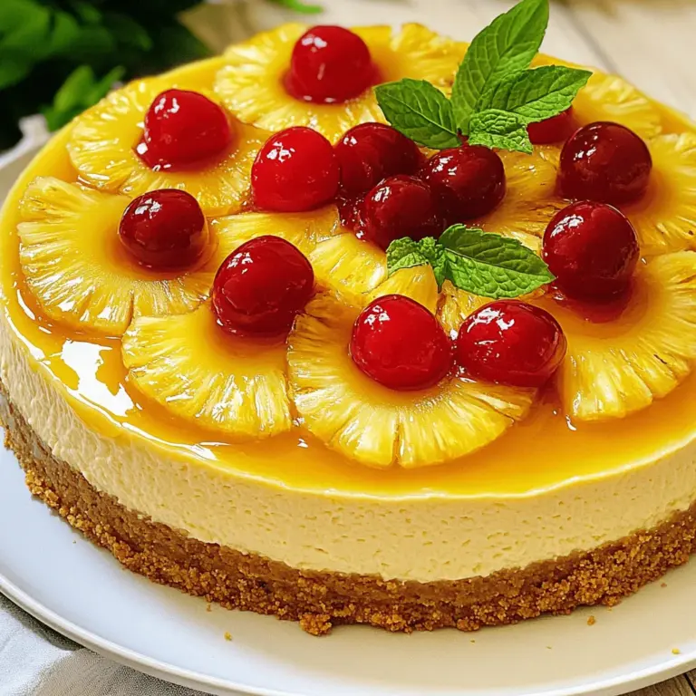 - 1 Tasse Graham Cracker Crumbs - 16 oz Frischkäse, weich - 1 Tasse Zucker - 3 große Eier - 1 Dose (20 oz) Ananas, abgetropft - 1/2 Tasse Maraschino-Kirschen