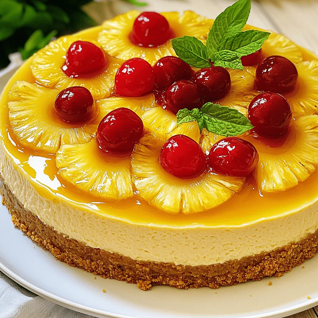 - 1 Tasse Graham Cracker Crumbs - 16 oz Frischkäse, weich - 1 Tasse Zucker - 3 große Eier - 1 Dose (20 oz) Ananas, abgetropft - 1/2 Tasse Maraschino-Kirschen