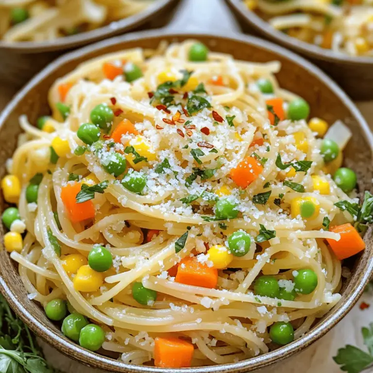 Für dieses einfache Gericht brauchst du nur wenige Dinge. Hier sind die Hauptzutaten: - 225 g Spaghetti oder eine Pasta nach Wahl - 1 Tasse gemischtes tiefgefrorenes Gemüse (Karotten, Erbsen, Mais und Paprika) - 1 kleine Zwiebel, in Scheiben geschnitten - 2 Knoblauchzehen, fein gehackt - 2 Esslöffel Olivenöl - 1 Teelöffel getrockneter Oregano - 1 Teelöffel Chiliflocken (optional, für einen scharfen Kick) - Salz und Pfeffer nach Geschmack - 30 g geriebener Parmesan (optional) Diese Zutaten machen deine Pasta frisch und lecker. Du kannst sie leicht bekommen und sie kosten nicht viel. Wenn du etwas Abwechslung willst, probiere diese zusätzlichen Zutaten: - Frisches Gemüse wie Zucchini oder Brokkoli - Hülsenfrüchte wie Kichererbsen oder Linsen für mehr Protein - Frische Kräuter wie Basilikum oder Petersilie für zusätzlichen Geschmack Diese Zutaten geben deiner Pasta einen neuen Twist. Sei kreativ! Um Pasta Primavera zu kochen, brauchst du einige einfache Werkzeuge: - Ein großer Topf zum Kochen der Pasta - Eine große Pfanne zum Anbraten der Zwiebeln und des Gemüses - Ein Schneidebrett und ein scharfes Messer - Eine Kelle oder Zange zum Servieren und Mischen Mit diesen Utensilien bist du bereit, ein köstliches Gericht zu zaubern! Beginnen Sie mit einem großen Topf. Füllen Sie ihn mit Wasser und fügen Sie Salz hinzu. Bringen Sie das Wasser zum Kochen. Geben Sie dann 225 g Spaghetti oder eine Pasta nach Wahl hinein. Kochen Sie die Pasta nach den Anweisungen auf der Verpackung. Die Pasta sollte al dente sein. Behalten Sie 120 ml von dem Wasser, dann gießen Sie die Pasta ab. Stellen Sie sie beiseite. Erhitzen Sie 2 Esslöffel Olivenöl in einer großen Pfanne. Nutzen Sie mittlere Hitze. Fügen Sie eine kleine, in Scheiben geschnittene Zwiebel hinzu. Sautieren Sie die Zwiebel für etwa 3-4 Minuten, bis sie glasig ist. Danach fügen Sie 2 fein gehackte Knoblauchzehen und 1 Tasse gemischtes tiefgefrorenes Gemüse hinzu. Das Gemüse kann Karotten, Erbsen, Mais und Paprika enthalten. Kochen Sie alles für 5-7 Minuten. Achten Sie darauf, dass das Gemüse zart wird. Mischen Sie die gekochte Pasta mit dem Gemüse in der Pfanne. Fügen Sie nach Bedarf das beiseitegestellte Pasta-Wasser hinzu. Das Wasser hilft, eine leichte Sauce zu bilden. Würzen Sie die Mischung mit 1 Teelöffel getrocknetem Oregano, Chiliflocken, Salz und Pfeffer. Vermengen Sie alles gut. Servieren Sie die Pasta warm. Garnieren Sie das Gericht mit 30 g geriebenem Parmesan, falls gewünscht. Nutzen Sie flache Schalen zum Anrichten. Ein Spritzer Olivenöl und frische Kräuter bringen Farbe und Frische. Um Zeit bei der Zubereitung zu sparen, nutzen Sie gefrorenes Gemüse. Es ist bereits geschnitten und bereit zum Kochen. So brauchen Sie keine frischen Zutaten kaufen oder schneiden. Kochen Sie die Spaghetti, während das Gemüse brät. Das spart Zeit und macht das Gericht schnell fertig. Sie können auch die Zwiebel und den Knoblauch im Voraus schneiden. Bewahren Sie sie in einem kleinen Behälter im Kühlschrank auf. Um das Gericht noch besser zu machen, fügen Sie frische Kräuter oder mehr Gewürze hinzu. Basilikum und Petersilie geben einen frischen Geschmack. Chili-Flocken sind gut für einen scharfen Kick. Probieren Sie auch etwas Zitronensaft für Frische. Ein Spritzer Zitronensaft hebt alles hervor. Seien Sie kreativ und mischen Sie die Gewürze. So wird jede Portion anders und spannend. Wenn Sie spezielle Diäten haben, passen Sie das Rezept einfach an. Für eine glutenfreie Option verwenden Sie glutenfreie Pasta. Veganer können Parmesan durch Hefeflocken ersetzen. Sie bekommen einen ähnlichen Geschmack. Bei einer Low-Carb-Diät probieren Sie Zucchini-Nudeln oder Blumenkohlreis. Damit bleiben Sie in der Diät und genießen trotzdem ein leckeres Gericht. {{image_4}} Wenn du Gemüse magst, hast du viele Möglichkeiten. Du kannst Brokkoli, Zucchini oder Spinat verwenden. Diese Gemüsesorten sind gesund und günstig. Wenn du frisches Gemüse hast, ist das toll! Aber auch tiefgefrorenes Gemüse funktioniert gut. Es spart Zeit und ist oft günstiger. Mische einfach das Gemüse, das du magst, um deine Pasta Primavera zu variieren. Um deine Mahlzeit nahrhafter zu machen, füge Protein hinzu. Du kannst Hähnchenbrust, Tofu oder Kichererbsen verwenden. Diese Optionen sind lecker und halten dich satt. Wenn du Hähnchen verwendest, brate es einfach vor dem Gemüse an. Tofu kannst du in Würfel schneiden und auch anbraten. Kichererbsen sind einfach zu nutzen. Du kannst sie direkt in die Pfanne geben. Es gibt viele Nudelarten, die du ausprobieren kannst. Vollkornnudeln sind eine gute Option, wenn du mehr Ballaststoffe willst. Wenn du glutenfrei bist, nimm Reisnudeln oder Zucchini-Nudeln. Zucchini-Nudeln sind leicht und machen das Gericht frisch. Egal für welche Nudel du dich entscheidest, die Zubereitung bleibt gleich. So kannst du Pasta Primavera auf deine Art genießen. Für das vollständige Rezept, siehe [Full Recipe]. Um Reste von Pasta Primavera zu lagern, lassen Sie das Gericht zuerst abkühlen. Füllen Sie die Reste dann in einen luftdichten Behälter. Dieses Vorgehen hilft, die Frische zu bewahren. Sie können die Reste bis zu drei Tage im Kühlschrank aufbewahren. Wenn Sie mehr Zeit brauchen, können Sie die Reste auch einfrieren. Verwenden Sie dafür gefriergeeignete Behälter oder Tüten. Um die Pasta wieder aufzuwärmen, verwenden Sie eine Pfanne oder die Mikrowelle. Wenn Sie die Pfanne verwenden, geben Sie etwas Olivenöl hinzu und erhitzen Sie die Pasta bei mittlerer Hitze. Fügen Sie eventuell einen Schuss Wasser hinzu, um die Pasta feucht zu halten. In der Mikrowelle stellen Sie die Pasta in eine Schüssel, decken Sie sie mit einem feuchten Küchentuch ab und erhitzen Sie sie in kurzen Intervallen. So bleibt die Pasta zart und lecker. Die Zutaten für Pasta Primavera haben verschiedene Haltbarkeiten. Frisches Gemüse hält sich im Kühlschrank etwa fünf bis sieben Tage. Gefrorenes Gemüse bleibt bis zu einem Jahr im Gefrierschrank gut. Zwiebeln sollten an einem kühlen, dunklen Ort gelagert werden und halten sich dort mehrere Wochen. Olivenöl kann in der Speisekammer für mehrere Monate aufbewahrt werden. Parmesan sollte im Kühlschrank bleiben und ist dort etwa vier bis sechs Wochen haltbar. Um Pasta Primavera einfacher zu machen, verwenden Sie weniger Zutaten. Sie können auch frisches Gemüse verwenden, wenn das zur Hand ist. Fügen Sie einfach Zwiebeln und ein oder zwei Gemüsesorten hinzu. Kochen Sie die Pasta und das Gemüse zusammen. Es spart Zeit und Geschirr. Sie können auch vorgekochte Pasta verwenden. Das macht das Gericht sehr schnell. Wenn Sie keine Spaghetti haben, nehmen Sie Reis oder andere Nudeln. Sie können auch das Gemüse ersetzen. Verwenden Sie, was Sie haben. Zum Beispiel, Brokkoli oder Zucchini sind gute Optionen. Anstelle von Olivenöl können Sie Sonnenblumenöl verwenden. Wenn Sie keinen Parmesan haben, lassen Sie ihn einfach weg. Das Gericht schmeckt auch ohne ihn gut. Pasta Primavera hat im Durchschnitt etwa 400 Kalorien pro Portion. Es hängt jedoch von den Zutaten ab. Wenn Sie viel Öl oder Käse hinzufügen, steigen die Kalorien. Aber das Gericht ist gesund und nahrhaft. Es ist reich an Gemüse und Ballaststoffen. So ist es eine gute Wahl für eine leichte Mahlzeit. In diesem Blog-Beitrag haben wir die besten Zutaten für Pasta Primavera besprochen. Ich habe gezeigt, wie man das Gericht Schritt für Schritt zubereitet. Außerdem gab ich Tipps, wie man Zeit spart und den Geschmack verbessert. Variationen der Pasta bietet Vielfalt für jeden Geschmack. Richtiges Lagern sorgt für frische Reste. Pasta Primavera ist leicht anzupassen und passt in jede Diät. Du kannst das Gericht ganz nach deinem Geschmack gestalten und genießen.