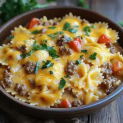 Um dieses leckere Gericht zuzubereiten, brauchst du einige Hauptzutaten: - 225 g Fliegenpilz-Pasta - 450 g Hackfleisch (Rind) - 1 Tasse Zwiebel, fein gehackt - 2 Knoblauchzehen, gehackt - 1 Dose (410 g) gewürfelte Tomaten, abgetropft - 240 ml Rinderbrühe - 200 g geriebener Cheddar-Käse - 240 g saure Sahne - 1 Teelöffel italienische Gewürzmischung - Salz und Pfeffer nach Geschmack - 2 Esslöffel Olivenöl - Frische Petersilie, gehackt (zur Garnitur) Diese Zutaten sind einfach zu finden und machen dein Gericht besonders lecker. Für das perfekte Finish kannst du einige Toppings und Garnierungen hinzufügen: - Mehr geriebener Cheddar-Käse für extra Käsegeschmack - Frische Kräuter wie Basilikum oder Schnittlauch - Eine Prise Paprika für etwas Schärfe - Knusprige Brotkrumen für zusätzlichen Crunch Diese Extras bringen noch mehr Geschmack in dein Gericht. Du kannst auch einige Zutaten ändern, um neue Geschmäcker zu entdecken: - Verwende Hähnchen oder Pute anstelle von Rindfleisch - Probiere Vollkorn- oder glutenfreie Pasta für eine gesündere Option - Füge Gemüse wie Paprika oder Zucchini hinzu, um mehr Nährstoffe zu bekommen Diese Alternativen helfen dir, das Rezept nach deinem Geschmack anzupassen. Für die vollständige Anleitung sieh dir das Full Recipe an. Zuerst müssen wir die Fliegenpilz-Pasta kochen. Nimm einen großen Topf und fülle ihn mit viel gesalzenem Wasser. Stelle den Herd auf hohe Hitze und bring das Wasser zum Kochen. Füge die Pasta hinzu und koche sie nach den Anweisungen auf der Verpackung. Sie sollte al dente sein, also nicht zu weich. Nach dem Kochen, gieße die Pasta ab und stelle sie beiseite. Jetzt geht es an das Hackfleisch. Nimm eine große Pfanne und erhitze das Olivenöl bei mittlerer bis hoher Hitze. Gib das Hackfleisch in die Pfanne und würze es mit Salz und Pfeffer. Brate das Fleisch, bis es braun ist und gut durchgegart (ca. 5-7 Minuten). Denke daran, überschüssiges Fett abzugießen, um das Gericht nicht zu schwer zu machen. Nun machen wir die Käsesauce. Füge die gehackten Zwiebeln und den Knoblauch in die Pfanne zum Hackfleisch. Sautiere sie, bis die Zwiebeln glasig sind (ca. 3-4 Minuten). Danach kommen die gewürfelten Tomaten und die Rinderbrühe dazu. Rühre alles gut um und lasse es etwa 5 Minuten köcheln. Jetzt ist der große Moment gekommen! Reduziere die Hitze auf niedrig und gib die gekochte Fliegenpilz-Pasta in die Pfanne. Rühre die saure Sahne und 1,5 Tassen des geriebenen Cheddar-Käses unter. Das wird herrlich cremig! Schmecke die Mischung mit der italienischen Gewürzmischung, Salz und Pfeffer ab. Um das Gericht perfekt abzurunden, serviere die Pasta auf einer Platte und streue den restlichen Käse darüber. Wenn du möchtest, kannst du sie für 1-2 Minuten unter den Grill legen, um eine goldbraune Kruste zu bekommen. Garniere das Gericht mit frisch gehackter Petersilie für Farbe und Geschmack. Für das komplette Rezept, schau dir die [Full Recipe] an. Ein häufiger Fehler ist das Überkochen der Fliegenpilz-Pasta. Achte darauf, sie al dente zu kochen. So bleibt die Pasta bissfest und nimmt die Sauce gut auf. Ein weiterer Fehler ist, das Hackfleisch zu lange zu braten. Es sollte braun, aber nicht trocken sein. Achte darauf, das überschüssige Fett abzugießen, um die Sauce nicht zu verwässern. Die Käsesauce sollte cremig und glatt sein. Um dies zu erreichen, füge die saure Sahne und den Käse langsam hinzu. Rühre gut um, damit sich alles gut verbindet. Wenn die Sauce zu dick ist, kannst du etwas mehr Rinderbrühe hinzufügen. Es ist wichtig, die Hitze niedrig zu halten, damit der Käse nicht anbrennt oder klumpig wird. Jeder hat eigene Vorlieben. Probiere verschiedene Gewürze aus, um den Geschmack anzupassen. Füge mehr italienische Gewürze hinzu, wenn du es würziger magst. Für einen frischen Kick kannst du auch etwas Zitronensaft oder frischen Basilikum hinzufügen. Sei kreativ und finde deine perfekte Mischung! {{image_4}} Wenn du eine vegetarische Option suchst, ist dies eine tolle Idee! Ersetze das Hackfleisch durch eine Mischung aus Gemüse. Du kannst Zucchini, Paprika und Spinat verwenden. Diese passen gut zu den Aromen. Das Gemüse bringt frische und Farbe ins Gericht. Sauté das Gemüse in Olivenöl, bis es weich ist. Füge dann die restlichen Zutaten hinzu. So bekommst du ein leckeres und gesundes Gericht. Du hast eine Glutenunverträglichkeit? Kein Problem! Es gibt viele glutenfreie Pasta-Optionen. Du kannst Pasta aus Mais, Reis oder Linsen wählen. Diese Sorten haben oft einen ähnlichen Geschmack und eine gute Textur. Koche die glutenfreie Pasta nach Anleitung auf der Packung. Der Rest des Rezepts bleibt gleich. So kannst du dieses Rezept auch genießen. Käse macht dieses Gericht besonders lecker. Du kannst verschiedene Käsesorten verwenden. Neben Cheddar kannst du auch Gouda, Mozzarella oder Feta probieren. Jede Käsesorte bringt ihren eigenen Geschmack mit. Mische die Käsesorten für mehr Tiefe. Sei kreativ und finde die perfekte Kombination für deinen Gaumen. So wird jedes Mal das Gericht einzigartig! Für das vollständige Rezept, sieh dir das Rezept für Käse-Bohnen und Fliegenpilz-Pasta an. Die Lagerung von Käse-Hackfleisch und Fliegenpilz-Pasta im Kühlschrank ist einfach. Sie sollten es in einem luftdichten Behälter aufbewahren. So bleibt die Pasta frisch und lecker. Es ist am besten, die Pasta innerhalb von drei bis fünf Tagen zu essen. Achten Sie darauf, die Mischung gut abzukühlen, bevor Sie sie in den Kühlschrank stellen. Das hilft, Bakterien zu vermeiden und die Frische zu bewahren. Wenn Sie mehr Käse-Hackfleisch und Fliegenpilz-Pasta zubereiten, können Sie Reste einfrieren. Nutzen Sie gefrierfeste Behälter oder Beutel. Achten Sie darauf, die Luft herauszudrücken, um Gefrierbrand zu vermeiden. So bleibt der Geschmack erhalten. Diese Pasta kann bis zu drei Monate im Gefrierfach bleiben. Zum Auftauen legen Sie es einfach in den Kühlschrank, bis es weich ist. So bleibt die Textur gut. Um die Pasta wieder aufzuwärmen, gibt es zwei gute Methoden. Sie können die Mischung in einer Pfanne bei mittlerer Hitze erwärmen. Fügen Sie etwas Brühe oder Wasser hinzu, um die Cremigkeit zu bewahren. Alternativ können Sie die Pasta in der Mikrowelle aufwärmen. Nutzen Sie einen mikrowellengeeigneten Behälter und decken Sie ihn ab. Dies hilft, die Feuchtigkeit zu halten. Erwärmen Sie es in kurzen Intervallen, bis es heiß ist. So bleibt die Pasta schmackhaft und cremig. Die Zubereitung dieser Käse-Hackfleisch und Fliegenpilz-Pasta dauert etwa 30 Minuten. Ich finde, das ist schnell für ein so leckeres Gericht. Die Kochzeit für die Pasta beträgt etwa 10 Minuten. Das Anbraten des Hackfleischs und das Mischen der Sauce dauern weitere 15-20 Minuten. Ja, du kannst andere Fleischsorten verwenden. Geflügelhackfleisch oder Schweinehackfleisch funktionieren gut. Du kannst auch eine Mischung aus verschiedenen Fleischsorten ausprobieren. Das gibt deinem Gericht einen neuen Geschmack. Auf jeden Fall! Du kannst Vollkornpasta statt Fliegenpilz-Pasta nehmen. Das gibt dir mehr Ballaststoffe. Für das Fleisch kannst du mageres Hackfleisch oder sogar pflanzliche Alternativen wie Tofu nutzen. Statt saurer Sahne kannst du griechischen Joghurt verwenden, um Kalorien zu sparen und Proteine zu erhöhen. Die Käse-Bohnen und Fliegenpilz-Pasta ist einfach und lecker zu machen. Wir haben die Zutaten, die Zubereitung und nützliche Tipps behandelt. Vergiss nicht, kreative Variationen auszuprobieren, um den Geschmack zu verändern. Lagere deine Reste richtig und finde Antworten auf häufige Fragen. Diese Pasta macht satt und glücklich. Jetzt bist du bereit, dein eigenes Gericht zu zaubern. Viel Spaß beim Kochen!