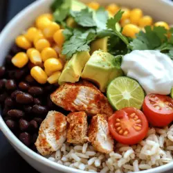 Für eine schmackhafte Fiesta Hähnchen Burrito Schüssel brauchst du folgende Hauptzutaten: - 2 Hähnchenbrustfilets, gewürfelt - 1 Tasse gekochter Vollkornreis - 1 Tasse schwarze Bohnen, abgetropft und gespült - 1 Tasse Maiskörner (frisch oder tiefgekühlt) - 1 Avocado, in Scheiben geschnitten - 1 Tasse Cherrytomaten, halbiert - ½ Tasse rote Zwiebel, gewürfelt - ½ Tasse frischer Koriander, gehackt Diese Zutaten geben der Schüssel Geschmack und eine schöne Textur. Die richtigen Gewürze machen alles besser! Verwende diese für dein Hähnchen: - 1 Esslöffel Olivenöl - 1 Teelöffel Paprika - 1 Teelöffel Kreuzkümmel - 1 Teelöffel Knoblauchpulver - 1 Teelöffel Chilipulver - Salz und Pfeffer nach Geschmack Diese Gewürze bringen das Hähnchen zum Leben. Sie sorgen für Tiefe und Geschmack. Toppings sind der Spaß an der Schüssel! Hier sind einige Ideen: - Saft von 1 Limette - ½ Tasse griechischer Joghurt oder saure Sahne - Optional: geriebener Käse - Tortilla-Chips für zusätzlichen Crunch Diese Toppings machen die Schüssel besonders. Du kannst sie nach Belieben anpassen. Wenn du mehr Crunch magst, sind die Chips perfekt! Für die vollständige Anleitung schau dir das Full Recipe an. Um das Hähnchen perfekt zu würzen, beginne mit der Auswahl deiner Zutaten. Du brauchst: - 2 Hähnchenbrustfilets, gewürfelt - 1 Esslöffel Olivenöl - 1 Teelöffel Paprika - 1 Teelöffel Kreuzkümmel - 1 Teelöffel Knoblauchpulver - 1 Teelöffel Chilipulver - Salz und Pfeffer nach Geschmack Gib die gewürfelten Hähnchenbrustfilets in eine große Schüssel. Füge das Olivenöl und die Gewürze hinzu. Mische alles gut, sodass die Hähnchenstücke gleichmäßig bedeckt sind. Erhitze eine Pfanne auf mittlerer Hitze. Lege das Hähnchen in die Pfanne und koche es etwa 7-10 Minuten. Rühre gelegentlich um. Das Hähnchen ist fertig, wenn es nicht mehr rosa ist. Nimm die Pfanne dann vom Herd. Jetzt kommt der spaßige Teil – das Schichten der Zutaten! Du brauchst: - 1 Tasse gekochter Vollkornreis - 1 Tasse schwarze Bohnen, abgetropft und gespült - 1 Tasse Maiskörner (frisch oder tiefgekühlt) - 1 Avocado, in Scheiben geschnitten - 1 Tasse Cherrytomaten, halbiert - ½ Tasse rote Zwiebel, gewürfelt - ½ Tasse frischer Koriander, gehackt - Saft von 1 Limette - ½ Tasse griechischer Joghurt oder saure Sahne (zum Toppen) - Optional: geriebener Käse, Tortilla-Chips für zusätzlichen Crunch Beginne mit einer Basis aus dem gekochten Vollkornreis in einer Schüssel. Dann füge das gewürzte Hähnchen hinzu. Darauf kommen die schwarzen Bohnen und der Mais. Verteile die Avocadoscheiben, Cherrytomaten und die rote Zwiebel gleichmäßig. Streue frischen Koriander darüber und träufle Limettensaft darauf. Um deine Burrito Bowl noch besser zu machen, kannst du sie individuell anpassen. Einige Ideen sind: - Füge geriebenen Käse oder zerbröselte Tortilla-Chips hinzu. - Experimentiere mit verschiedenen Gemüsearten oder Soßen. - Serviere die Schalen mit frischem Brot oder Tortillas. Genieße deine Fiesta Hähnchen Burrito Schüssel sofort! Diese einfache Zubereitung bietet viel Geschmack und Freude. Wenn du mehr Details benötigst, schau dir das Full Recipe an! Um das Hähnchen perfekt zu garen, beginne mit frischen Hähnchenbrustfilets. Würfle sie gleichmäßig, damit sie gleichmäßig garen. Mische das Hähnchen mit Olivenöl und Gewürzen. Erhitze eine Pfanne auf mittlerer Hitze. Achte darauf, das Hähnchen nicht zu überfüllen. So kann es gut braten. Koche das Hähnchen für etwa 7-10 Minuten. Rühre es gelegentlich um. Das Hähnchen ist fertig, wenn es nicht mehr rosa ist. Das gibt dir saftiges und zartes Fleisch. Du kannst die Burrito-Schüssel einfach im Voraus zubereiten. Koche den Reis und die Bohnen am Tag vorher. Lagere sie in einem luftdichten Behälter im Kühlschrank. Du kannst auch das Hähnchen marinieren und im Kühlschrank aufbewahren. So saugen die Gewürze ein. Am Tag des Servierens musst du nur alles in der Pfanne erwärmen. Das spart Zeit und macht das Kochen einfacher. Für mehr Texturen und Geschmäcker kannst du verschiedene Zutaten hinzufügen. Probiere gebratene Paprika oder Zucchini für einen extra Crunch. Gerösteter Mais gibt auch einen tollen Geschmack. Du kannst auch verschiedene Käsesorten verwenden, wie Feta oder Cheddar. Frische Kräuter wie Petersilie oder Schnittlauch bringen Frische. Vergiss nicht, Limettensaft für einen spritzigen Kick hinzuzufügen. Das macht die Schüssel lebendig und lecker. Für das gesamte Rezept schaue dir das [Full Recipe] an. {{image_4}} Wenn du eine vegetarische Option suchst, ersetze das Hähnchen. Du kannst Tofu oder Tempeh nutzen. Würze sie genauso wie das Hähnchen. Auch Kichererbsen sind eine tolle Wahl. Sie sind proteinreich und lecker. Das gibt der Schüssel eine neue Note. Für glutenfreie Burrito-Schalen nimm glutenfreien Reis. Achte darauf, dass die Gewürze glutenfrei sind. Viele Gewürze sind schon so. Du kannst auch Quinoa statt Reis verwenden. Es ist gesund und voller Nährstoffe. Füge verschiedene Zutaten hinzu, um deine Bowl zu verbessern. Du kannst Jalapeños für Schärfe nehmen. Auch schwarze Oliven passen gut. Frisches Gemüse wie Paprika oder Zucchini sind eine gute Wahl. Sie bringen Farbe und Crunch. Denk auch an verschiedene Salsas. Das gibt zusätzlichen Geschmack und Vielfalt. Probiere die Full Recipe für mehr Ideen. Bewahre deine Reste in einem luftdichten Behälter auf. So bleiben die Aromen frisch. Stelle sicher, dass der Behälter gut verschlossen ist. Du kannst die Reste bis zu drei Tage im Kühlschrank lagern. Wenn du Reste hast, die du nicht sofort essen möchtest, geh zur nächsten Schritt. Das Einfrieren ist eine tolle Option. Teile die Schüssel in Portionen auf und lege sie in gefriergeeignete Behälter. Achte darauf, dass du etwas Platz lässt, damit sich die Zutaten beim Einfrieren ausdehnen können. Du kannst die Burrito Bowl bis zu drei Monate im Gefrierschrank aufbewahren. Auch Einzelzutaten wie das Hähnchen oder die Bohnen lassen sich gut einfrieren. Wenn du bereit bist, deine Reste zu essen, nimm sie aus dem Kühlschrank oder Gefrierfach. Wenn du sie gefroren hast, lasse sie zuerst im Kühlschrank auftauen. Zum Aufwärmen kannst du die Reste in einer Pfanne oder Mikrowelle erhitzen. Achte darauf, dass alles gleichmäßig warm wird. Füge eventuell etwas frischen Limettensaft oder Koriander hinzu, um den Geschmack aufzufrischen. Du kannst viele andere Proteine probieren. Tofu ist eine tolle Wahl für Vegetarier. Linsen bieten einen guten Eiweißgehalt und sind gesund. Rindfleisch oder Schweinefleisch passen auch gut, wenn du etwas Herzhaftes möchtest. Für einen ganz anderen Geschmack, versuche Fisch oder Garnelen. Diese Optionen bringen Abwechslung in die Schüssel. Eine Chicken Burrito Bowl hat etwa 500 bis 700 Kalorien. Die genaue Zahl hängt von den Zutaten ab. Wenn du mehr Gemüse und weniger Reis nimmst, wird die Bowl leichter. Du kannst auch griechischen Joghurt statt saurer Sahne verwenden. So sparst du ein paar Kalorien und bleibst gesund. Du findest Chicken Burrito Bowls in vielen Restaurants und Fast-Food-Ketten. Tex-Mex-Restaurants bieten oft gute Optionen. Auch in einigen Supermärkten gibt es frische, vorgefertigte Bowls. Achte darauf, die Zutatenliste zu lesen. So kannst du sicherstellen, dass die Bowl frisch und lecker ist. Wenn du die beste Bowl willst, probiere lokale Food-Trucks oder Märkte. In diesem Artikel haben wir die Hauptzutaten für die Fiesta Hähnchen Burrito Schüssel besprochen. Ich habe die Zubereitungsschritte klar erklärt und einige Tipps gegeben, um das Hähnchen perfekt zu garen. Wir haben auch Variationen, Lagerungshinweise und häufige Fragen behandelt. Diese Burrito Schüssel ist vielseitig und lecker. Probier sie aus und kreier deine eigene Version. Du wirst die frischen Aromen und den einfachen Prozess lieben. Guten Appetit!