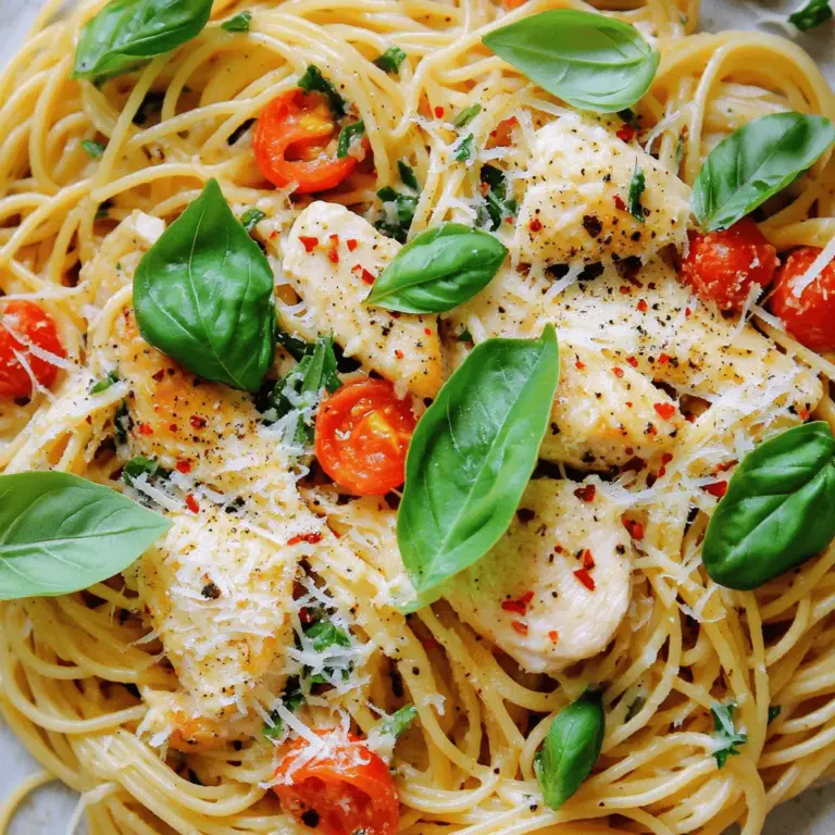 - Spaghetti: 225 g - Hähnchenbrustfilets: 2 Stück - Knoblauch: 4 Zehen Die Hauptzutaten sind einfach und frisch. Ich wähle immer hochwertige Spaghetti. Sie geben der Mahlzeit die perfekte Textur. Das Hähnchen ist zart und lässt sich gut würzen. Der Knoblauch bringt viel Geschmack und Aroma. Verwende frischen Knoblauch für das beste Ergebnis. - Hühnerbrühe: 240 ml - Sahne: 120 ml - Olivenöl: 1 Esslöffel Für die Sauce brauche ich Hühnerbrühe und Sahne. Die Brühe macht die Sauce herzhaft. Die Sahne gibt ihr eine cremige Textur. Olivenöl ist wichtig für das Anbraten des Hähnchens. Es sorgt für ein tolles Aroma und hilft beim Garen. - Rote Pfefferflocken: 1/2 Teelöffel - Salz und Pfeffer nach Geschmack - Basilikum und Parmesan zum Servieren Die Gewürze bringen die Aromen zur Geltung. Rote Pfefferflocken geben eine leichte Schärfe. Ich füge Salz und Pfeffer nach Geschmack hinzu. Basilikum und Parmesan sind tolle Garnituren. Sie machen das Gericht optisch ansprechend und lecker. Um das volle Rezept zu sehen, schau dir den Full Recipe an. - Fülle einen großen Topf mit Wasser. - Füge eine gute Prise Salz hinzu. - Bringe das Wasser zum Kochen. - Gib die Spaghetti hinein. - Koche sie nach Packungsanleitung bis al dente. - Gieße sie ab und behalte 120 ml Nudelwasser. - Nimm die Hähnchenbrustfilets und würze sie mit Salz und Pfeffer. - Erhitze Olivenöl in einer großen Pfanne. - Lege die Hähnchenstücke in die Pfanne. - Brate sie 5 bis 7 Minuten, bis sie goldbraun sind. - Entferne das Hähnchen und lege es beiseite. - Reduziere die Hitze und füge den gehackten Knoblauch hinzu. - Gib die roten Pfefferflocken dazu und brate alles 1 Minute. - Füge die gewürfelten Tomaten und die Hühnerbrühe hinzu. - Vermische alles und lasse es 5 Minuten köcheln. - Reduziere die Hitze weiter und rühre die Sahne ein. - Lege das angebratene Hähnchen zurück in die Pfanne. - Gib die gekochten Spaghetti dazu und vermenge alles gut. - Erhitze alles noch 2 bis 3 Minuten, damit es warm bleibt. Wenn du mehr über die genauen Zutaten erfahren möchtest, schau dir das vollständige Rezept an. Um perfekte Chicken Spaghetti zu machen, ist die Hitze wichtig. Ich empfehle, die Hitze auf mittelhoch zu stellen, wenn Sie das Hähnchen anbraten. So wird es goldbraun und saftig. Zu hohe Hitze kann das Hähnchen verbrennen. Nutzen Sie das Nudelwasser für die Sauce. Es hat Stärke, die die Sauce bindet. Wenn die Sauce zu dick ist, fügen Sie etwas Nudelwasser hinzu. Das macht die Sauce cremiger und leckerer. Möchten Sie mehr Schärfe? Fügen Sie einfach mehr rote Pfefferflocken hinzu. Wenn Sie es milder mögen, verwenden Sie weniger. Käse kann auch variieren. Parmesan ist großartig, aber probieren Sie Mozzarella oder Feta. Jeder Käse gibt den Spaghetti einen anderen Geschmack. Um die Vorbereitungszeit zu verkürzen, schneiden Sie das Hähnchen und den Knoblauch vorher. Nutzen Sie einen Lebensmittelprozessor für den Knoblauch. Das spart Zeit und Mühe. Effiziente Küchengeräte helfen auch. Ein großer Topf und eine breite Pfanne funktionieren am besten. Sie geben Ihnen genug Platz, um alles gut zu vermengen. Wenn Sie diese Tipps befolgen, werden Ihre Chicken Spaghetti immer köstlich! {{image_4}} Eine tolle Möglichkeit, mehr Gemüse in dein Gericht zu bringen, ist die Zugabe von Paprika und Zucchini. Diese Gemüse bringen Farbe und Geschmack. Schneide sie in kleine Stücke und brate sie kurz mit dem Hähnchen an. Ein weiteres leckeres Gemüse ist Spinat. Füge frischen Spinat kurz vor dem Servieren hinzu. Er wird schnell weich und sorgt für eine gesunde Note. Für eine mediterrane Note kannst du Oliven und Feta hinzufügen. Oliven geben einen salzigen Geschmack, der gut zu Hähnchen passt. Zerbrösele den Feta und streue ihn über das fertige Gericht. Garnier alles mit frischer Petersilie, um den Geschmack zu heben und eine schöne Farbe zu geben. Diese Variante bringt ein Stück Urlaub auf deinen Teller. Wenn du eine vegane Variante machen möchtest, ersetze das Hähnchen durch Tofu. Tofu nimmt die Aromen der Sauce gut auf. Verwende pflanzliche Sahne, um die Cremigkeit zu erreichen. Achte darauf, den Tofu gut zu würzen, um den besten Geschmack zu erzielen. Diese Version ist nicht nur lecker, sondern auch gesund und bietet viel Protein. Diese Variationen sind einfach und machen dein Essen besonders. Probiere sie aus und finde deinen Favoriten! Für das Grundrezept schau dir das Full Recipe an. Wenn du Reste von deinen Chicken Spaghetti hast, lagere sie sicher. Lass sie zuerst abkühlen. Danach packe sie in einen luftdichten Behälter. So bleiben sie frisch. Du kannst sie im Kühlschrank bis zu drei Tage lagern. Achte darauf, die Reste gut abzudecken, damit sie nicht austrocknen. Wenn du mehr Reste hast, friere sie ein. Teile die Chicken Spaghetti in Portionen. So kannst du genau die Menge auftauen, die du brauchst. Es ist am besten, sie innerhalb von ein bis zwei Monaten zu verwenden. Beschrifte die Behälter mit dem Datum, damit du weißt, wie lange sie eingefroren sind. Um die Spaghetti wieder aufzuwärmen, gehe vorsichtig vor. Nutze die Mikrowelle oder eine Pfanne. Füge etwas Flüssigkeit hinzu, um die Sauce aufzufrischen. So bleibt der Geschmack frisch und die Konsistenz cremig. Achte darauf, die Spaghetti nicht zu lange zu erhitzen, damit sie nicht matschig werden. Die Zubereitung von Hähnchen-Spaghetti dauert nicht lange. Die Vorbereitungszeit beträgt nur 15 Minuten. Die gesamte Zubereitung dauert etwa 30 Minuten. Das ist ideal für ein schnelles Mittag- oder Abendessen. Ja, du kannst die Sauce ganz nach deinem Geschmack anpassen. Füge verschiedene Kräuter und Gewürze hinzu. Frischer Oregano oder Thymian bringen tolle Aromen. Experimentiere mit dem, was du magst, um deine perfekte Sauce zu kreieren. Hähnchen-Spaghetti passen gut zu vielen Beilagen. Ein frischer Salat bringt Farbe und Knusprigkeit. Knoblauchbrot ist immer eine leckere Wahl. Gedünstetes Gemüse ergänzt das Gericht schön und macht es gesünder. Du kannst Hähnchen-Spaghetti auf viele Arten würzen. Probiere verschiedene Kräuter, um den Geschmack zu verändern. Oregano, Thymian und sogar frische Kräuter wirken Wunder. Sei kreativ und finde deine Lieblingskombination! Hähnchen-Spaghetti sind einfach und lecker. Ihr braucht nur wenige Zutaten wie Spaghetti, Hähnchen, Knoblauch und frische Kräuter. Die Schritt-für-Schritt-Anleitung macht es leicht, das Gericht zuzubereiten. Denkt daran, die Sauce nach eurem Geschmack anzupassen und Reste richtig zu lagern. Ob als vegane Variante oder mediterranes Gericht, Möglichkeiten gibt es viele. Kocht, experimentiert und genießt eure Mahlzeit!