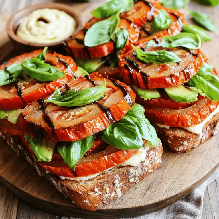- 4 große reife Tomaten - 8 Scheiben rustikales Vollkornbrot - 1 Avocado - 1 Tasse frische Basilikumblätter - 1/2 Tasse rohe Cashewkerne - 2 Esslöffel Tahini - 2 Knoblauchzehen - 2 Esslöffel Zitronensaft - 2 Esslöffel Olivenöl - Salz und Pfeffer nach Geschmack - 1 Esslöffel Balsamico-Essig - 1 Teelöffel Knoblauchpulver Um die besten Röstaromen zu erzielen, wähle reife Tomaten. Die Kombination von frischen Basilikumblättern und Avocado bringt Cremigkeit und Frische in die Sandwiches. Die Zutaten sind einfach und gesund. Für die vegane Aioli sorgen die Cashewkerne für eine tolle Textur. Wenn du die Aioli anpasst, kannst du auch andere Nüsse verwenden. Die Gewürze bringen den Geschmack in dein Gericht. Verwende das Rezept, um die besten Ergebnisse zu erzielen. Es ist einfach und macht Spaß. Die Sandwiches sind schnell gemacht und perfekt für ein leichtes Mittagessen oder einen Snack. Zuerst heizen Sie den Ofen auf 190°C vor. Während der Ofen aufheizt, schneiden Sie die großen Tomaten in dicke Scheiben. Legen Sie die Tomatenscheiben auf ein Backblech. Beträufeln Sie sie mit Olivenöl. Würzen Sie die Tomaten mit Salz und Pfeffer. Achten Sie darauf, dass alle Scheiben gleichmäßig gewürzt sind. Rösten Sie die Tomaten im Ofen für 25 bis 30 Minuten. Sie sollten weich und leicht karamellisiert sein. Diese Röstaromen geben dem Sandwich einen tollen Geschmack. Während die Tomaten im Ofen sind, können Sie die vegane Aioli machen. Nehmen Sie die eingeweichten Cashewkerne und lassen Sie sie abtropfen. Geben Sie die Cashews in einen Mixer. Fügen Sie Tahini, die gehackten Knoblauchzehen, Zitronensaft und Wasser hinzu. Mixen Sie alles gut, bis die Mischung glatt ist. Wenn die Aioli zu dick ist, fügen Sie mehr Wasser hinzu. Abschließend schmecken Sie sie mit etwas Salz ab. Die Aioli sollte cremig und geschmackvoll sein. Rösten Sie die Scheiben des rustikalen Vollkornbrots. Lassen Sie sie goldbraun werden. Nehmen Sie jede Brotscheibe und bestreichen Sie sie großzügig mit der veganen Aioli. Auf die Hälfte der Brotscheiben legen Sie die gerösteten Tomaten. Fügen Sie frische Basilikumblätter und Avocadoscheiben hinzu. Beträufeln Sie das Gemüse mit Balsamico-Essig. Streuen Sie etwas Knoblauchpulver darauf, um den Geschmack zu verstärken. Decken Sie die belegten Brotscheiben mit den restlichen Brotscheiben ab. Drücken Sie leicht darauf, um alles zusammenzuhalten. Jetzt sind Ihre Sandwiches bereit für den Genuss. Für das vollständige Rezept schauen Sie bitte auf die [Full Recipe]. Um die perfekten gerösteten Tomaten zu erhalten, ist die Röstzeit und Temperatur wichtig. Ich empfehle, den Ofen auf 190°C vorzuheizen. Rösten Sie die Tomaten etwa 25 bis 30 Minuten lang. So werden sie weich und leicht karamellisiert. Die Auswahl der besten Tomatensorten spielt ebenfalls eine große Rolle. Suchen Sie nach reifen, fleischigen Tomaten. Sorten wie Roma oder San Marzano sind perfekt. Sie haben viel Geschmack und geringen Wassergehalt. Die vegane Aioli können Sie ganz nach Ihrem Geschmack anpassen. Verwenden Sie alternative Nüsse, wie Mandeln oder Sonnenblumenkerne. Diese geben einen anderen Geschmack und eine andere Textur. Sie können auch Gewürze hinzufügen, um die Aioli zu verfeinern. Eine Prise Paprika oder Kreuzkümmel kann viel bewirken. Wenn Sie es schärfer mögen, fügen Sie etwas Chili hinzu. Zusätzliche Aromen wie frische Kräuter sind eine tolle Option. Basilikum oder Petersilie bringen frische Noten in die Aioli. Die Präsentation macht viel aus. Servieren Sie die Sandwiches auf einem Holzbrett. Garnieren Sie sie mit frischem Basilikum und einer kleinen Schüssel veganer Aioli zum Dippen. Für besondere Anlässe können Sie die Sandwiches diagonal schneiden und auf einem schönen Teller anrichten. Als Beilage empfehle ich knusprige Kartoffelchips oder einen frischen Salat. Ein Glas Limonade oder ein leichter Wein passt gut dazu. {{image_4}} Du kannst viele verschiedene Gemüsesorten zu deinen Sandwiches hinzufügen. Paprika bringt eine süße Note. Du kannst rote, gelbe oder grüne Paprika verwenden. Zucchini ist ebenfalls eine gute Wahl. Sie ist mild und wird beim Rösten weich. Auch Spinat oder Rucola sind tolle Ergänzungen. Diese Gemüsesorten fügen Farbe und Textur hinzu. Experimentiere mit deinen Lieblingsgemüsen. So machst du jedes Sandwich besonders. Die Wahl des Brots kann dein Sandwich stark verändern. Rustikales Vollkornbrot ist nahrhaft und lecker. Wenn du glutenfrei bist, probiere glutenfreies Brot. Es gibt viele Sorten, die du verwenden kannst. Focaccia ist eine weitere gute Option. Sie ist weich und hat einen tollen Geschmack. Du kannst auch Ciabatta oder Baguette verwenden. Jede Brotsorte bringt ihren eigenen Charme ins Spiel. Die vegane Aioli kann einfach variiert werden. Füge frische Kräuter wie Basilikum oder Petersilie hinzu. Das gibt der Aioli einen frischen Geschmack. Wenn du es schärfer magst, probiere etwas Chili oder Paprika. Diese Zutaten machen die Aioli spannend. Du kannst auch Limettensaft für eine fruchtige Note verwenden. So wird deine Aioli zu einem echten Geschmackserlebnis. Entdecke die vielen Möglichkeiten mit der Aioli aus meinem [Full Recipe]. Um übrig gebliebene Sandwiches zu lagern, lege sie in einen luftdichten Behälter. Das hält sie frisch. Du kannst auch Frischhaltefolie verwenden. Lagere die Sandwiches im Kühlschrank. Sie bleiben dort etwa zwei Tage gut. Die Frische der Zutaten hängt von ihrer Art ab. Tomaten bleiben bis zu drei Tage frisch. Avocados können braun werden. Verwende sie schnell, am besten innerhalb von zwei Tagen. Basilikum verliert schnell sein Aroma. Nutze frische Blätter, wenn möglich. Die vegane Aioli sollte in einem sauberen, luftdichten Behälter aufbewahrt werden. Stelle sicher, dass sie gut verschlossen ist. Lagere sie im Kühlschrank. So bleibt sie frisch und lecker. Die Haltbarkeit beträgt etwa eine Woche. Überprüfe die Aioli vor der Verwendung. Sie sollte frisch riechen und gut aussehen. Wenn du mehr Aioli machst, kannst du die Reste einfach einfrieren. So hast du immer eine leckere Sauce bereit. Einen umfassenden Überblick über die Zutaten und die Zubereitung findest du im Full Recipe. Um diese Sandwiches leicht vegan zu machen, ersetzen Sie einige Zutaten. Verwenden Sie pflanzliche Butter oder Margarine anstelle von Butter. Auch das Brot sollte immer vegan sein. Achten Sie darauf, dass kein Milchprodukt im Brot enthalten ist. Für die Aioli verwenden wir schon eine vegane Variante. Die Mischung aus Cashewkernen und Tahini macht sie cremig und lecker. Wenn Sie möchten, fügen Sie etwas Senf hinzu, um den Geschmack zu verstärken. Ja, Sie können die Tomaten auch auf dem Grill zubereiten. Grillen bringt einen rauchigen Geschmack. Schneiden Sie die Tomaten in dickere Scheiben. Bestreichen Sie sie mit Olivenöl, Salz und Pfeffer. Grillen Sie die Tomaten auf mittlerer Hitze. Wenden Sie sie nach 5 bis 7 Minuten. Sie sind fertig, wenn sie weich und leicht gebräunt sind. Dies ist eine großartige Methode, um den Sommergeschmack zu genießen. Die Sandwiches sind am besten frisch. Wenn Sie Reste haben, lagern Sie sie im Kühlschrank. Wickeln Sie sie in Frischhaltefolie oder Aluminiumfolie. So bleiben sie für 1 bis 2 Tage frisch. Die vegane Aioli kann auch separat aufbewahrt werden. Sie bleibt im Kühlschrank 4 bis 5 Tage gut. Achten Sie darauf, alles gut zu lagern, um den Geschmack zu erhalten. Du kannst nun leckere, vegane Sandwiches zubereiten, die einfach und gesund sind. Mit frischen Zutaten wie Tomaten, Avocado und der selbstgemachten Aioli genießt du einen tollen Geschmack. Denke daran, die Röstzeit der Tomaten zu perfektionieren und variere die Zutaten nach deinem Geschmack. Ob du mehr Gemüse hinzufügst oder verschiedene Brote nutzt, die Möglichkeiten sind endlos. Lagere deine Sandwiches richtig, damit sie frisch bleiben. Probiere es aus und genieß jeden Bissen!