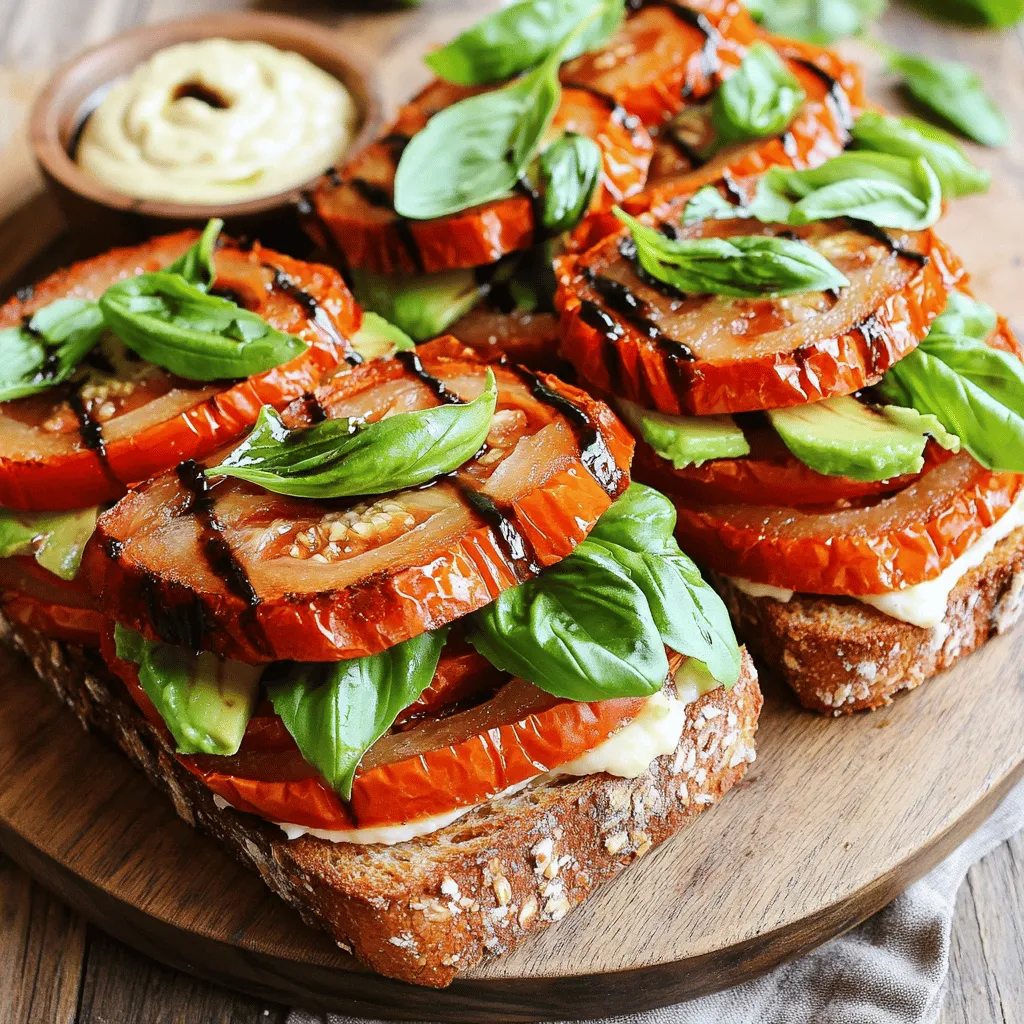 - 4 große reife Tomaten - 8 Scheiben rustikales Vollkornbrot - 1 Avocado - 1 Tasse frische Basilikumblätter - 1/2 Tasse rohe Cashewkerne - 2 Esslöffel Tahini - 2 Knoblauchzehen - 2 Esslöffel Zitronensaft - 2 Esslöffel Olivenöl - Salz und Pfeffer nach Geschmack - 1 Esslöffel Balsamico-Essig - 1 Teelöffel Knoblauchpulver Um die besten Röstaromen zu erzielen, wähle reife Tomaten. Die Kombination von frischen Basilikumblättern und Avocado bringt Cremigkeit und Frische in die Sandwiches. Die Zutaten sind einfach und gesund. Für die vegane Aioli sorgen die Cashewkerne für eine tolle Textur. Wenn du die Aioli anpasst, kannst du auch andere Nüsse verwenden. Die Gewürze bringen den Geschmack in dein Gericht. Verwende das Rezept, um die besten Ergebnisse zu erzielen. Es ist einfach und macht Spaß. Die Sandwiches sind schnell gemacht und perfekt für ein leichtes Mittagessen oder einen Snack. Zuerst heizen Sie den Ofen auf 190°C vor. Während der Ofen aufheizt, schneiden Sie die großen Tomaten in dicke Scheiben. Legen Sie die Tomatenscheiben auf ein Backblech. Beträufeln Sie sie mit Olivenöl. Würzen Sie die Tomaten mit Salz und Pfeffer. Achten Sie darauf, dass alle Scheiben gleichmäßig gewürzt sind. Rösten Sie die Tomaten im Ofen für 25 bis 30 Minuten. Sie sollten weich und leicht karamellisiert sein. Diese Röstaromen geben dem Sandwich einen tollen Geschmack. Während die Tomaten im Ofen sind, können Sie die vegane Aioli machen. Nehmen Sie die eingeweichten Cashewkerne und lassen Sie sie abtropfen. Geben Sie die Cashews in einen Mixer. Fügen Sie Tahini, die gehackten Knoblauchzehen, Zitronensaft und Wasser hinzu. Mixen Sie alles gut, bis die Mischung glatt ist. Wenn die Aioli zu dick ist, fügen Sie mehr Wasser hinzu. Abschließend schmecken Sie sie mit etwas Salz ab. Die Aioli sollte cremig und geschmackvoll sein. Rösten Sie die Scheiben des rustikalen Vollkornbrots. Lassen Sie sie goldbraun werden. Nehmen Sie jede Brotscheibe und bestreichen Sie sie großzügig mit der veganen Aioli. Auf die Hälfte der Brotscheiben legen Sie die gerösteten Tomaten. Fügen Sie frische Basilikumblätter und Avocadoscheiben hinzu. Beträufeln Sie das Gemüse mit Balsamico-Essig. Streuen Sie etwas Knoblauchpulver darauf, um den Geschmack zu verstärken. Decken Sie die belegten Brotscheiben mit den restlichen Brotscheiben ab. Drücken Sie leicht darauf, um alles zusammenzuhalten. Jetzt sind Ihre Sandwiches bereit für den Genuss. Für das vollständige Rezept schauen Sie bitte auf die [Full Recipe]. Um die perfekten gerösteten Tomaten zu erhalten, ist die Röstzeit und Temperatur wichtig. Ich empfehle, den Ofen auf 190°C vorzuheizen. Rösten Sie die Tomaten etwa 25 bis 30 Minuten lang. So werden sie weich und leicht karamellisiert. Die Auswahl der besten Tomatensorten spielt ebenfalls eine große Rolle. Suchen Sie nach reifen, fleischigen Tomaten. Sorten wie Roma oder San Marzano sind perfekt. Sie haben viel Geschmack und geringen Wassergehalt. Die vegane Aioli können Sie ganz nach Ihrem Geschmack anpassen. Verwenden Sie alternative Nüsse, wie Mandeln oder Sonnenblumenkerne. Diese geben einen anderen Geschmack und eine andere Textur. Sie können auch Gewürze hinzufügen, um die Aioli zu verfeinern. Eine Prise Paprika oder Kreuzkümmel kann viel bewirken. Wenn Sie es schärfer mögen, fügen Sie etwas Chili hinzu. Zusätzliche Aromen wie frische Kräuter sind eine tolle Option. Basilikum oder Petersilie bringen frische Noten in die Aioli. Die Präsentation macht viel aus. Servieren Sie die Sandwiches auf einem Holzbrett. Garnieren Sie sie mit frischem Basilikum und einer kleinen Schüssel veganer Aioli zum Dippen. Für besondere Anlässe können Sie die Sandwiches diagonal schneiden und auf einem schönen Teller anrichten. Als Beilage empfehle ich knusprige Kartoffelchips oder einen frischen Salat. Ein Glas Limonade oder ein leichter Wein passt gut dazu. {{image_4}} Du kannst viele verschiedene Gemüsesorten zu deinen Sandwiches hinzufügen. Paprika bringt eine süße Note. Du kannst rote, gelbe oder grüne Paprika verwenden. Zucchini ist ebenfalls eine gute Wahl. Sie ist mild und wird beim Rösten weich. Auch Spinat oder Rucola sind tolle Ergänzungen. Diese Gemüsesorten fügen Farbe und Textur hinzu. Experimentiere mit deinen Lieblingsgemüsen. So machst du jedes Sandwich besonders. Die Wahl des Brots kann dein Sandwich stark verändern. Rustikales Vollkornbrot ist nahrhaft und lecker. Wenn du glutenfrei bist, probiere glutenfreies Brot. Es gibt viele Sorten, die du verwenden kannst. Focaccia ist eine weitere gute Option. Sie ist weich und hat einen tollen Geschmack. Du kannst auch Ciabatta oder Baguette verwenden. Jede Brotsorte bringt ihren eigenen Charme ins Spiel. Die vegane Aioli kann einfach variiert werden. Füge frische Kräuter wie Basilikum oder Petersilie hinzu. Das gibt der Aioli einen frischen Geschmack. Wenn du es schärfer magst, probiere etwas Chili oder Paprika. Diese Zutaten machen die Aioli spannend. Du kannst auch Limettensaft für eine fruchtige Note verwenden. So wird deine Aioli zu einem echten Geschmackserlebnis. Entdecke die vielen Möglichkeiten mit der Aioli aus meinem [Full Recipe]. Um übrig gebliebene Sandwiches zu lagern, lege sie in einen luftdichten Behälter. Das hält sie frisch. Du kannst auch Frischhaltefolie verwenden. Lagere die Sandwiches im Kühlschrank. Sie bleiben dort etwa zwei Tage gut. Die Frische der Zutaten hängt von ihrer Art ab. Tomaten bleiben bis zu drei Tage frisch. Avocados können braun werden. Verwende sie schnell, am besten innerhalb von zwei Tagen. Basilikum verliert schnell sein Aroma. Nutze frische Blätter, wenn möglich. Die vegane Aioli sollte in einem sauberen, luftdichten Behälter aufbewahrt werden. Stelle sicher, dass sie gut verschlossen ist. Lagere sie im Kühlschrank. So bleibt sie frisch und lecker. Die Haltbarkeit beträgt etwa eine Woche. Überprüfe die Aioli vor der Verwendung. Sie sollte frisch riechen und gut aussehen. Wenn du mehr Aioli machst, kannst du die Reste einfach einfrieren. So hast du immer eine leckere Sauce bereit. Einen umfassenden Überblick über die Zutaten und die Zubereitung findest du im Full Recipe. Um diese Sandwiches leicht vegan zu machen, ersetzen Sie einige Zutaten. Verwenden Sie pflanzliche Butter oder Margarine anstelle von Butter. Auch das Brot sollte immer vegan sein. Achten Sie darauf, dass kein Milchprodukt im Brot enthalten ist. Für die Aioli verwenden wir schon eine vegane Variante. Die Mischung aus Cashewkernen und Tahini macht sie cremig und lecker. Wenn Sie möchten, fügen Sie etwas Senf hinzu, um den Geschmack zu verstärken. Ja, Sie können die Tomaten auch auf dem Grill zubereiten. Grillen bringt einen rauchigen Geschmack. Schneiden Sie die Tomaten in dickere Scheiben. Bestreichen Sie sie mit Olivenöl, Salz und Pfeffer. Grillen Sie die Tomaten auf mittlerer Hitze. Wenden Sie sie nach 5 bis 7 Minuten. Sie sind fertig, wenn sie weich und leicht gebräunt sind. Dies ist eine großartige Methode, um den Sommergeschmack zu genießen. Die Sandwiches sind am besten frisch. Wenn Sie Reste haben, lagern Sie sie im Kühlschrank. Wickeln Sie sie in Frischhaltefolie oder Aluminiumfolie. So bleiben sie für 1 bis 2 Tage frisch. Die vegane Aioli kann auch separat aufbewahrt werden. Sie bleibt im Kühlschrank 4 bis 5 Tage gut. Achten Sie darauf, alles gut zu lagern, um den Geschmack zu erhalten. Du kannst nun leckere, vegane Sandwiches zubereiten, die einfach und gesund sind. Mit frischen Zutaten wie Tomaten, Avocado und der selbstgemachten Aioli genießt du einen tollen Geschmack. Denke daran, die Röstzeit der Tomaten zu perfektionieren und variere die Zutaten nach deinem Geschmack. Ob du mehr Gemüse hinzufügst oder verschiedene Brote nutzt, die Möglichkeiten sind endlos. Lagere deine Sandwiches richtig, damit sie frisch bleiben. Probiere es aus und genieß jeden Bissen!
