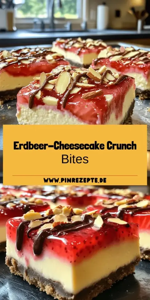 Entdecke die unwiderstehlichen Erdbeer Cheesecake Crunch Bites! Diese köstlichen Happen kombinieren süße Erdbeeren, cremigen Frischkäse und einen knusprigen Keksboden – perfekt für jedes Dessert oder einfach als Snack zwischendurch. Mit unseren einfachen Schritt-für-Schritt-Anleitungen und hilfreichen Tipps bereitest du diese Leckereien im Handumdrehen zu. Klick jetzt und lass dich von den Rezepten inspirieren!
