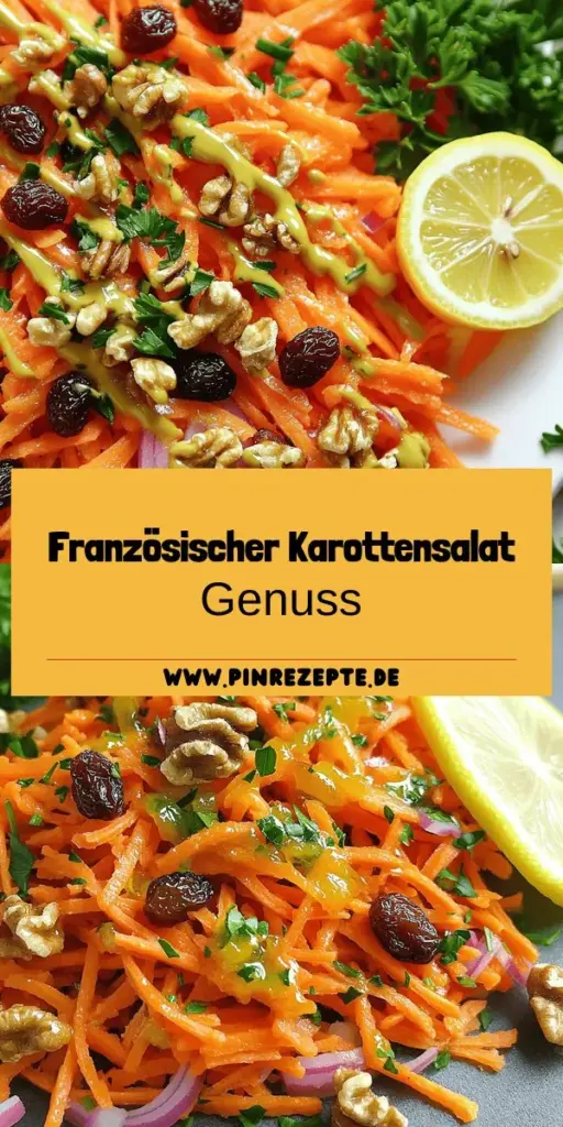 Entdecken Sie das erfrischende Rezept für französischen Karottensalat mit Zitronen-Dijon-Dressing! Dieser gesunde Salat kombiniert knackige Karotten, süße Rosinen und ein spritziges Dressing für ein Geschmackserlebnis der besonderen Art. Perfekt für jeden Anlass – einfach und lecker! Klicken Sie jetzt, um die Schritt-für-Schritt-Anleitung und Tipps zur perfekten Zubereitung zu entdecken. Ihr neuer Lieblingssalat wartet auf Sie!
