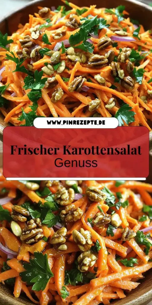 Genieße frischen und knackigen Karottensalat mit unserem einfachen Rezept! Mit nur wenigen Zutaten wie geraspelten Karotten, roten Zwiebeln und einer Prise Petersilie kreierst du eine gesunde Beilage oder ein leichtes Hauptgericht. Die Kombination aus Olivenöl, Honig und gerösteten Nüssen macht ihn unwiderstehlich. Klicke jetzt und entdecke die köstlichen Details sowie kreative Variationen für deinen perfekten Karottensalat!