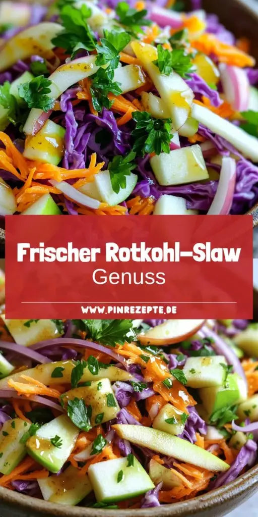 Entdecke, wie du einen schmackhaften Rotkohl-Slaw ganz einfach zubereiten kannst! Mit knackigem Rotkohl, frischen Karotten und einem köstlichen Dressing aus Apfelessig und Honig wird dieser Salat zum Highlight deiner Mahlzeiten. Perfekt für Grillpartys oder als Beilage zu vielen Gerichten, bringt der Slaw frische Farben und Geschmack auf den Tisch! Klicke jetzt und erfahre mehr über die Schritt-für-Schritt-Anleitung und Variationen!