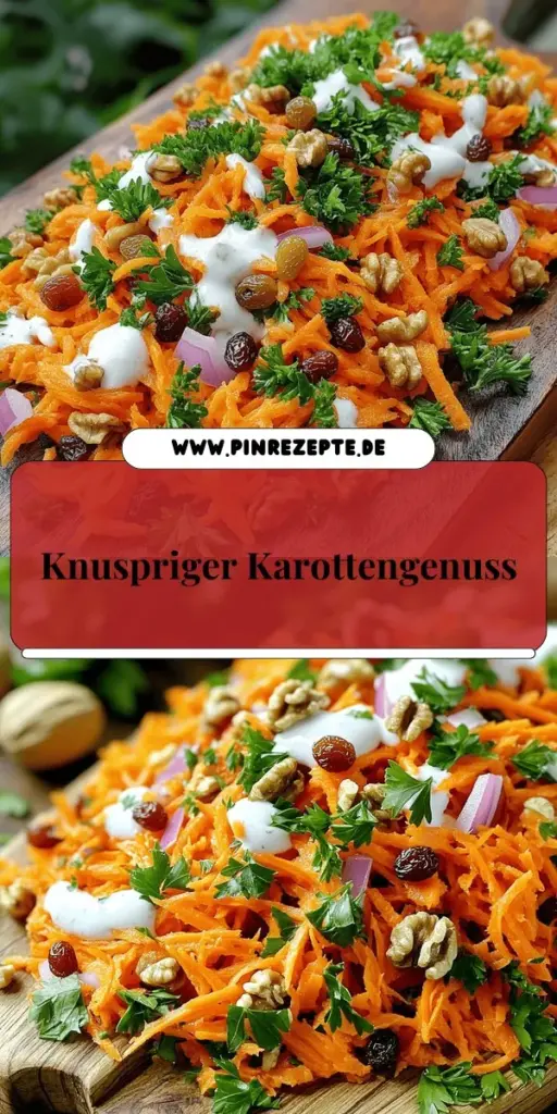 Entdecke unser einfaches Rezept für einen Crunchy Bistro Karottensalat, der frisch und voller Geschmack ist! Dieser knackige Salat ist perfekt für jeden Anlass und einfach zuzubereiten. Mit gesunden Zutaten wie Karotten, Walnüssen und Joghurt wird er zum Highlight auf deinem Tisch. Nutze unsere Tipps für die ideale Zubereitung und serviere ihn mit verschiedenen Variationen. Klick jetzt und erfahre, wie du diesen leckeren Salat selbst machen kannst!