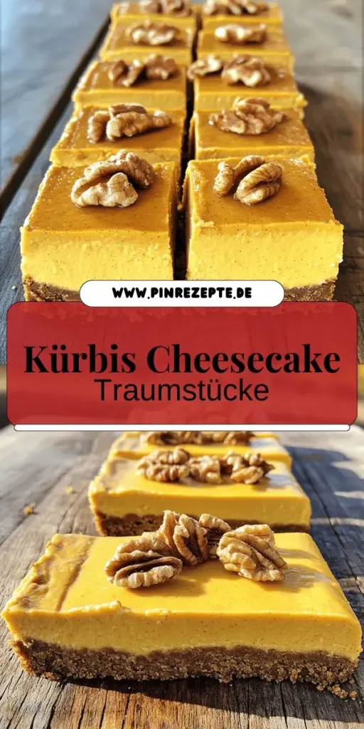 Entdecke die köstlichen Kürbis Cheesecake Riegel, die einfach zuzubereiten sind und perfekt für jede Feier! Mit einem knusprigen Keksboden und einer cremigen Füllung aus Frischkäse und Kürbispüree sind diese Riegel ein Genuss, den du nicht verpassen solltest. Schau dir das vollständige Rezept an, um alle Schritte und Tipps zu entdecken und bringe etwas herbstlichen Flair in deine Küche! Klicke jetzt und lasse dich inspirieren!